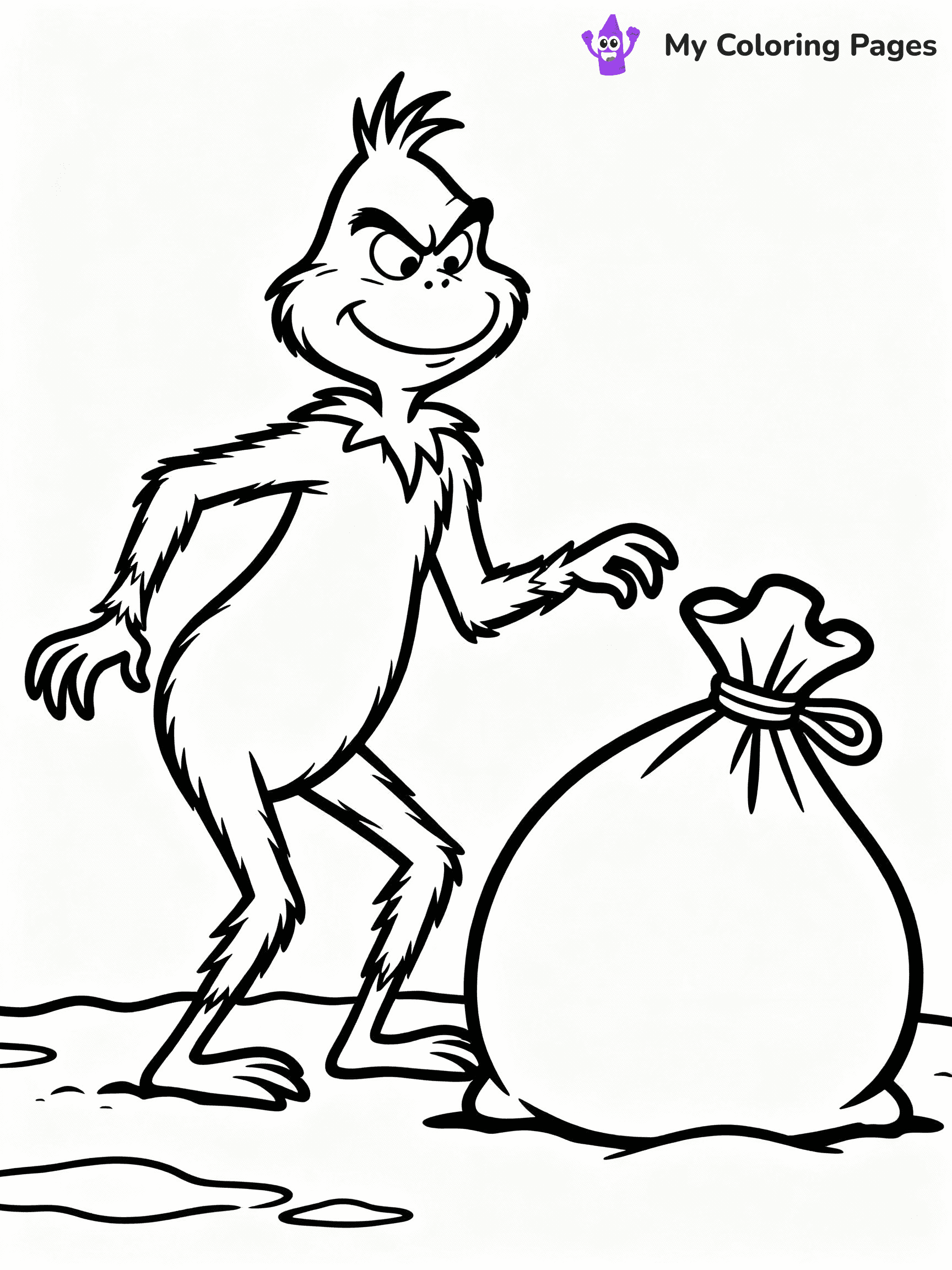 ⚠️ CRITICAL REQUIREMENT - ABSOLUTE BLACK AND WHITE ONLY ⚠️
This MUST be a BLACK AND WHITE line drawing ONLY. NO COLORS whatsoever.
- ONLY pure black lines (#000000) on pure white background (#FFFFFF)
- ABSOLUTELY NO colors, NO shading, NO gradients, NO grayscale
- If there are ANY colors in the output, the image is REJECTED
- This is a COLORING PAGE - meant to be COLORED IN by children
- The output must be UNCOLORED line art ready for coloring
⚠️ SUBJECT TO DRAW: The Grinch from Dr. Seuss sneaking toward a sack, snowy ground beneath. Important: PURE OUTLINES. NO FILLS, COLOR, SHADING, OR GREYSCALE. WHITE BACKGROUND.
(REMEMBER: Output must be BLACK AND WHITE line art only, NOT colored!)
# Flat, Friendly Cartoon Line-Art Coloring Page
You are generating a **pure black-and-white binary image** of a child-friendly cartoon scene combining characters and background scenery in one cohesive composition.
## Rendering Rules (Strict)
- Only two colors: pure black (#000000) outlines and pure white (#FFFFFF) background.
- No grayscale, shading, gradients, tints, fills, transparency, or partial pixels.
- No antialiasing or blended edges; every pixel is 100% black or white.
- No solid black fills inside shapes — all areas inside outlines must remain white.
- No dark clothing areas or filled tone blocks; all garments outlined only.
- No shadows, textures, lighting, or tonal variations.
- Must look like flat binary vector line-art for coloring pages.
## Drawing & Composition
- **Medium, consistent line weight**; clean closed outlines easy to color inside.
- **Flat, simple, child-friendly design** — no realism or 3D depth.
- Characters are **grounded on a surface**, centered and large.
- **Balanced composition** with clear silhouettes and minimal props.
## Scenery & Style
- Landmarks (e.g., mosque, CN Tower) and scenery (trees, benches, waves) drawn with **black outlines only.**
- For real-world figures, teams, or places, show accurate details using only black outlines—no text or logos. Use distinctive uniform patterns, abstract symbols, and landmark silhouettes to convey identity.
- Keep **consistent perspective**; no floating elements.
- **Style:** whimsical **Doodle Art Alley** — rounded, friendly outlines.
- May adapt shapes from **Crayola, Disney, Peppa Pig, Cocomelon** — *by shape only, never color.*
- Final output: **flat, crisp, binary (#000000/#FFFFFF)**, **no filled color or background text.**
EXTREMELYE IMPORTANT:
- PURE BINARY LINE-ART; NO FILLS (HAIR/CLOTHES/SKIN), SHADING, OR GREY.
- NO SHADING, COLOR. MUST BE WHITE BACKGROUND.
⚠️ FINAL REMINDER: Draw the subject "The Grinch from Dr. Seuss sneaking toward a sack, snowy ground beneath. Important: PURE OUTLINES. NO FILLS, COLOR, SHADING, OR GREYSCALE. WHITE BACKGROUND." as BLACK AND WHITE line art. Zero colors in output.