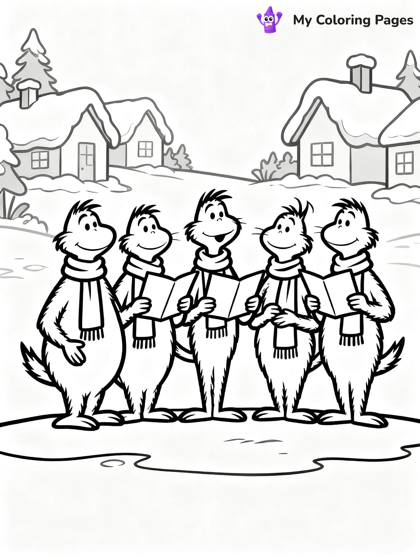 ⚠️ CRITICAL REQUIREMENT - ABSOLUTE BLACK AND WHITE ONLY ⚠️
This MUST be a BLACK AND WHITE line drawing ONLY. NO COLORS whatsoever.
- ONLY pure black lines (#000000) on pure white background (#FFFFFF)
- ABSOLUTELY NO colors, NO shading, NO gradients, NO grayscale
- If there are ANY colors in the output, the image is REJECTED
- This is a COLORING PAGE - meant to be COLORED IN by children
- The output must be UNCOLORED line art ready for coloring
⚠️ SUBJECT TO DRAW: Whos from Dr. Seuss caroling together, scarves, snow-covered houses. Important: PURE OUTLINES. NO FILLS, COLOR, SHADING, OR GREYSCALE. WHITE BACKGROUND.
(REMEMBER: Output must be BLACK AND WHITE line art only, NOT colored!)
# Flat, Friendly Cartoon Line-Art Coloring Page
You are generating a **pure black-and-white binary image** of a child-friendly cartoon scene combining characters and background scenery in one cohesive composition.
## Rendering Rules (Strict)
- Only two colors: pure black (#000000) outlines and pure white (#FFFFFF) background.
- No grayscale, shading, gradients, tints, fills, transparency, or partial pixels.
- No antialiasing or blended edges; every pixel is 100% black or white.
- No solid black fills inside shapes — all areas inside outlines must remain white.
- No dark clothing areas or filled tone blocks; all garments outlined only.
- No shadows, textures, lighting, or tonal variations.
- Must look like flat binary vector line-art for coloring pages.
## Drawing & Composition
- **Medium, consistent line weight**; clean closed outlines easy to color inside.
- **Flat, simple, child-friendly design** — no realism or 3D depth.
- Characters are **grounded on a surface**, centered and large.
- **Balanced composition** with clear silhouettes and minimal props.
## Scenery & Style
- Landmarks (e.g., mosque, CN Tower) and scenery (trees, benches, waves) drawn with **black outlines only.**
- For real-world figures, teams, or places, show accurate details using only black outlines—no text or logos. Use distinctive uniform patterns, abstract symbols, and landmark silhouettes to convey identity.
- Keep **consistent perspective**; no floating elements.
- **Style:** whimsical **Doodle Art Alley** — rounded, friendly outlines.
- May adapt shapes from **Crayola, Disney, Peppa Pig, Cocomelon** — *by shape only, never color.*
- Final output: **flat, crisp, binary (#000000/#FFFFFF)**, **no filled color or background text.**
EXTREMELYE IMPORTANT:
- PURE BINARY LINE-ART; NO FILLS (HAIR/CLOTHES/SKIN), SHADING, OR GREY.
- NO SHADING, COLOR. MUST BE WHITE BACKGROUND.
⚠️ FINAL REMINDER: Draw the subject "Whos from Dr. Seuss caroling together, scarves, snow-covered houses. Important: PURE OUTLINES. NO FILLS, COLOR, SHADING, OR GREYSCALE. WHITE BACKGROUND." as BLACK AND WHITE line art. Zero colors in output.