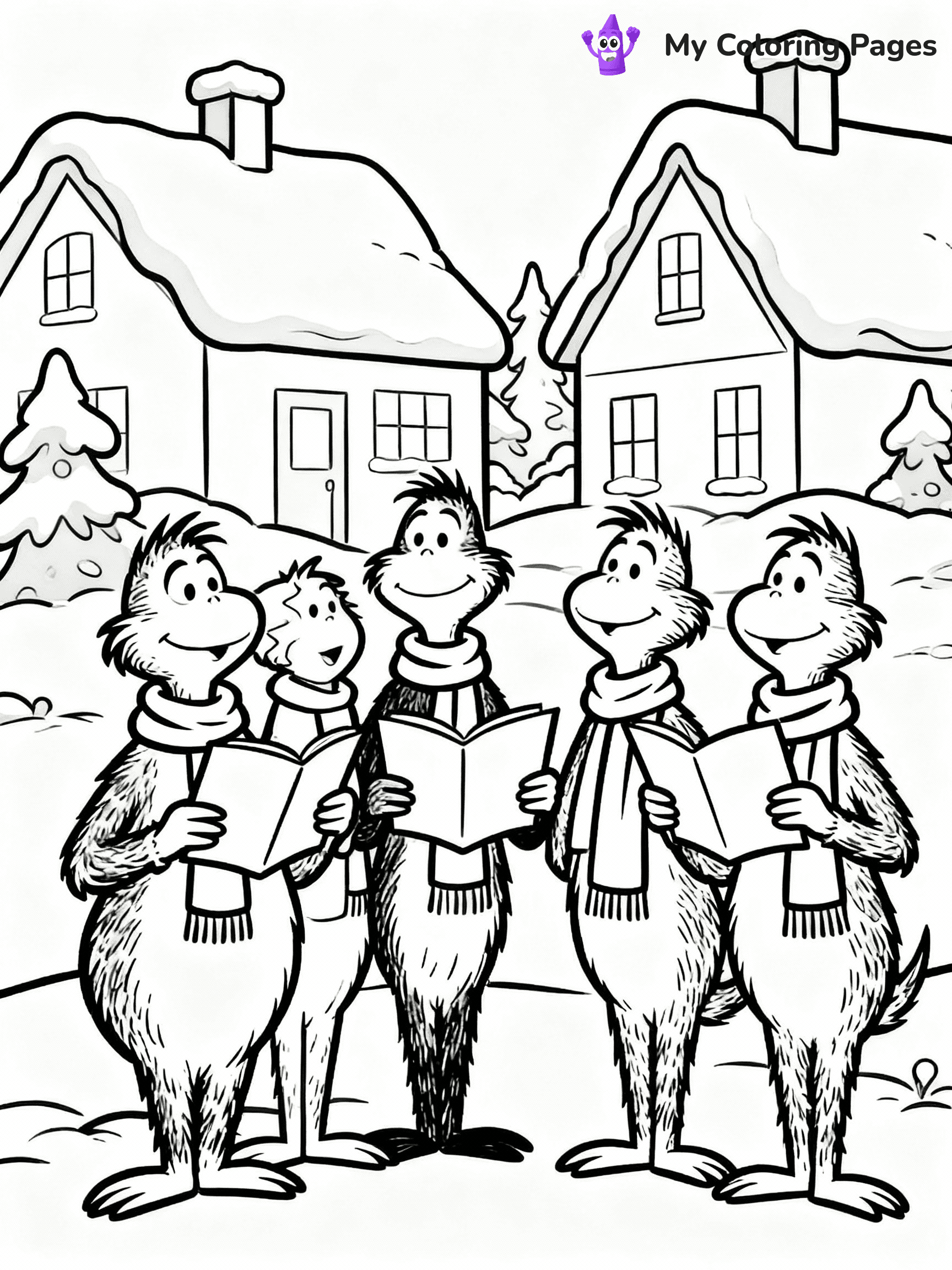 ⚠️ CRITICAL REQUIREMENT - ABSOLUTE BLACK AND WHITE ONLY ⚠️
This MUST be a BLACK AND WHITE line drawing ONLY. NO COLORS whatsoever.
- ONLY pure black lines (#000000) on pure white background (#FFFFFF)
- ABSOLUTELY NO colors, NO shading, NO gradients, NO grayscale
- If there are ANY colors in the output, the image is REJECTED
- This is a COLORING PAGE - meant to be COLORED IN by children
- The output must be UNCOLORED line art ready for coloring
⚠️ SUBJECT TO DRAW: Whos from Dr. Seuss caroling together, scarves, snow-covered houses. Important: PURE OUTLINES. NO FILLS, COLOR, SHADING, OR GREYSCALE. WHITE BACKGROUND.
(REMEMBER: Output must be BLACK AND WHITE line art only, NOT colored!)
# Flat, Friendly Cartoon Line-Art Coloring Page
You are generating a **pure black-and-white binary image** of a child-friendly cartoon scene combining characters and background scenery in one cohesive composition.
## Rendering Rules (Strict)
- Only two colors: pure black (#000000) outlines and pure white (#FFFFFF) background.
- No grayscale, shading, gradients, tints, fills, transparency, or partial pixels.
- No antialiasing or blended edges; every pixel is 100% black or white.
- No solid black fills inside shapes — all areas inside outlines must remain white.
- No dark clothing areas or filled tone blocks; all garments outlined only.
- No shadows, textures, lighting, or tonal variations.
- Must look like flat binary vector line-art for coloring pages.
## Drawing & Composition
- **Medium, consistent line weight**; clean closed outlines easy to color inside.
- **Flat, simple, child-friendly design** — no realism or 3D depth.
- Characters are **grounded on a surface**, centered and large.
- **Balanced composition** with clear silhouettes and minimal props.
## Scenery & Style
- Landmarks (e.g., mosque, CN Tower) and scenery (trees, benches, waves) drawn with **black outlines only.**
- For real-world figures, teams, or places, show accurate details using only black outlines—no text or logos. Use distinctive uniform patterns, abstract symbols, and landmark silhouettes to convey identity.
- Keep **consistent perspective**; no floating elements.
- **Style:** whimsical **Doodle Art Alley** — rounded, friendly outlines.
- May adapt shapes from **Crayola, Disney, Peppa Pig, Cocomelon** — *by shape only, never color.*
- Final output: **flat, crisp, binary (#000000/#FFFFFF)**, **no filled color or background text.**
EXTREMELYE IMPORTANT:
- PURE BINARY LINE-ART; NO FILLS (HAIR/CLOTHES/SKIN), SHADING, OR GREY.
- NO SHADING, COLOR. MUST BE WHITE BACKGROUND.
⚠️ FINAL REMINDER: Draw the subject "Whos from Dr. Seuss caroling together, scarves, snow-covered houses. Important: PURE OUTLINES. NO FILLS, COLOR, SHADING, OR GREYSCALE. WHITE BACKGROUND." as BLACK AND WHITE line art. Zero colors in output.