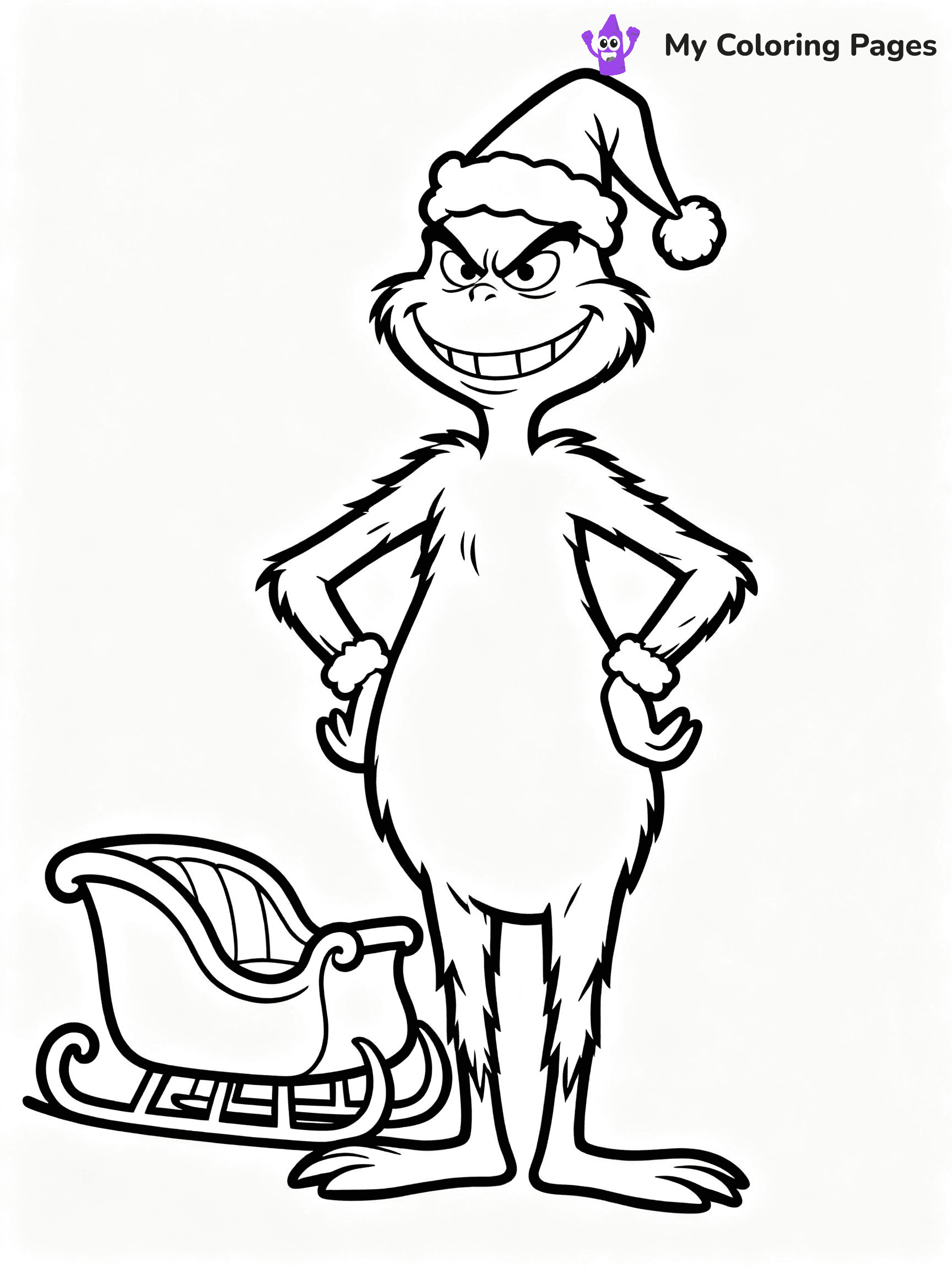 ⚠️ CRITICAL REQUIREMENT - ABSOLUTE BLACK AND WHITE ONLY ⚠️
This MUST be a BLACK AND WHITE line drawing ONLY. NO COLORS whatsoever.
- ONLY pure black lines (#000000) on pure white background (#FFFFFF)
- ABSOLUTELY NO colors, NO shading, NO gradients, NO grayscale
- If there are ANY colors in the output, the image is REJECTED
- This is a COLORING PAGE - meant to be COLORED IN by children
- The output must be UNCOLORED line art ready for coloring
⚠️ SUBJECT TO DRAW: he Grinch from Dr. Seuss with a Santa hat, mischievous grin, small sleigh nearby. Important: PURE OUTLINES. NO FILLS, COLOR, SHADING, OR GREYSCALE. WHITE BACKGROUND.
(REMEMBER: Output must be BLACK AND WHITE line art only, NOT colored!)
# Flat, Friendly Cartoon Line-Art Coloring Page
You are generating a **pure black-and-white binary image** of a child-friendly cartoon scene combining characters and background scenery in one cohesive composition.
## Rendering Rules (Strict)
- Only two colors: pure black (#000000) outlines and pure white (#FFFFFF) background.
- No grayscale, shading, gradients, tints, fills, transparency, or partial pixels.
- No antialiasing or blended edges; every pixel is 100% black or white.
- No solid black fills inside shapes — all areas inside outlines must remain white.
- No dark clothing areas or filled tone blocks; all garments outlined only.
- No shadows, textures, lighting, or tonal variations.
- Must look like flat binary vector line-art for coloring pages.
## Drawing & Composition
- **Medium, consistent line weight**; clean closed outlines easy to color inside.
- **Flat, simple, child-friendly design** — no realism or 3D depth.
- Characters are **grounded on a surface**, centered and large.
- **Balanced composition** with clear silhouettes and minimal props.
## Scenery & Style
- Landmarks (e.g., mosque, CN Tower) and scenery (trees, benches, waves) drawn with **black outlines only.**
- For real-world figures, teams, or places, show accurate details using only black outlines—no text or logos. Use distinctive uniform patterns, abstract symbols, and landmark silhouettes to convey identity.
- Keep **consistent perspective**; no floating elements.
- **Style:** whimsical **Doodle Art Alley** — rounded, friendly outlines.
- May adapt shapes from **Crayola, Disney, Peppa Pig, Cocomelon** — *by shape only, never color.*
- Final output: **flat, crisp, binary (#000000/#FFFFFF)**, **no filled color or background text.**
EXTREMELYE IMPORTANT:
- PURE BINARY LINE-ART; NO FILLS (HAIR/CLOTHES/SKIN), SHADING, OR GREY.
- NO SHADING, COLOR. MUST BE WHITE BACKGROUND.
⚠️ FINAL REMINDER: Draw the subject "he Grinch from Dr. Seuss with a Santa hat, mischievous grin, small sleigh nearby. Important: PURE OUTLINES. NO FILLS, COLOR, SHADING, OR GREYSCALE. WHITE BACKGROUND." as BLACK AND WHITE line art. Zero colors in output.