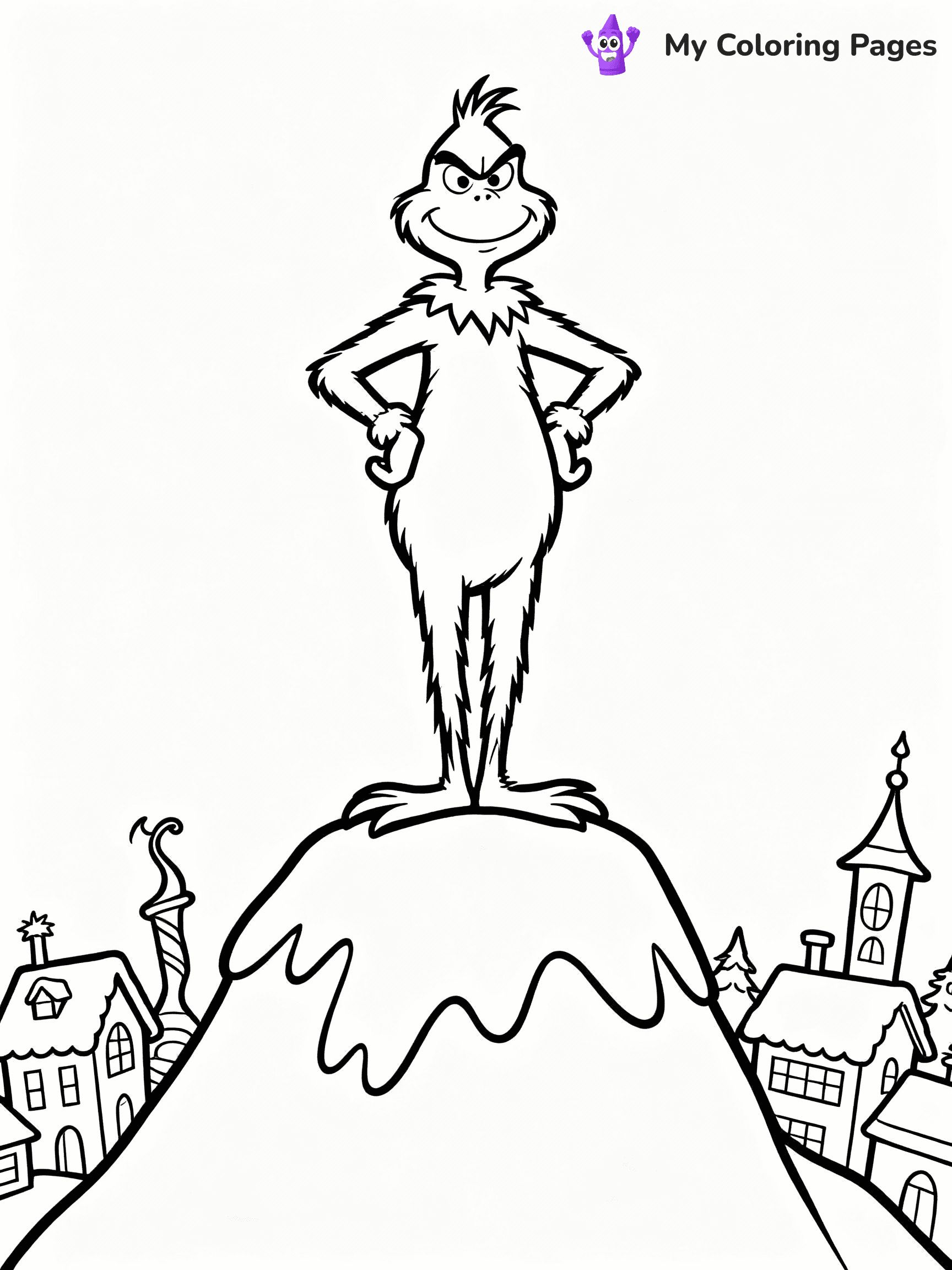 ⚠️ CRITICAL REQUIREMENT - ABSOLUTE BLACK AND WHITE ONLY ⚠️
This MUST be a BLACK AND WHITE line drawing ONLY. NO COLORS whatsoever.
- ONLY pure black lines (#000000) on pure white background (#FFFFFF)
- ABSOLUTELY NO colors, NO shading, NO gradients, NO grayscale
- If there are ANY colors in the output, the image is REJECTED
- This is a COLORING PAGE - meant to be COLORED IN by children
- The output must be UNCOLORED line art ready for coloring
⚠️ SUBJECT TO DRAW: The Grinch from Dr. Seuss standing on a mountaintop, hands on hips, Whoville below. Important: PURE OUTLINES. NO FILLS, COLOR, SHADING, OR GREYSCALE. WHITE BACKGROUND.
(REMEMBER: Output must be BLACK AND WHITE line art only, NOT colored!)
# Flat, Friendly Cartoon Line-Art Coloring Page
You are generating a **pure black-and-white binary image** of a child-friendly cartoon scene combining characters and background scenery in one cohesive composition.
## Rendering Rules (Strict)
- Only two colors: pure black (#000000) outlines and pure white (#FFFFFF) background.
- No grayscale, shading, gradients, tints, fills, transparency, or partial pixels.
- No antialiasing or blended edges; every pixel is 100% black or white.
- No solid black fills inside shapes — all areas inside outlines must remain white.
- No dark clothing areas or filled tone blocks; all garments outlined only.
- No shadows, textures, lighting, or tonal variations.
- Must look like flat binary vector line-art for coloring pages.
## Drawing & Composition
- **Medium, consistent line weight**; clean closed outlines easy to color inside.
- **Flat, simple, child-friendly design** — no realism or 3D depth.
- Characters are **grounded on a surface**, centered and large.
- **Balanced composition** with clear silhouettes and minimal props.
## Scenery & Style
- Landmarks (e.g., mosque, CN Tower) and scenery (trees, benches, waves) drawn with **black outlines only.**
- For real-world figures, teams, or places, show accurate details using only black outlines—no text or logos. Use distinctive uniform patterns, abstract symbols, and landmark silhouettes to convey identity.
- Keep **consistent perspective**; no floating elements.
- **Style:** whimsical **Doodle Art Alley** — rounded, friendly outlines.
- May adapt shapes from **Crayola, Disney, Peppa Pig, Cocomelon** — *by shape only, never color.*
- Final output: **flat, crisp, binary (#000000/#FFFFFF)**, **no filled color or background text.**
EXTREMELYE IMPORTANT:
- PURE BINARY LINE-ART; NO FILLS (HAIR/CLOTHES/SKIN), SHADING, OR GREY.
- NO SHADING, COLOR. MUST BE WHITE BACKGROUND.
⚠️ FINAL REMINDER: Draw the subject "The Grinch from Dr. Seuss standing on a mountaintop, hands on hips, Whoville below. Important: PURE OUTLINES. NO FILLS, COLOR, SHADING, OR GREYSCALE. WHITE BACKGROUND." as BLACK AND WHITE line art. Zero colors in output.