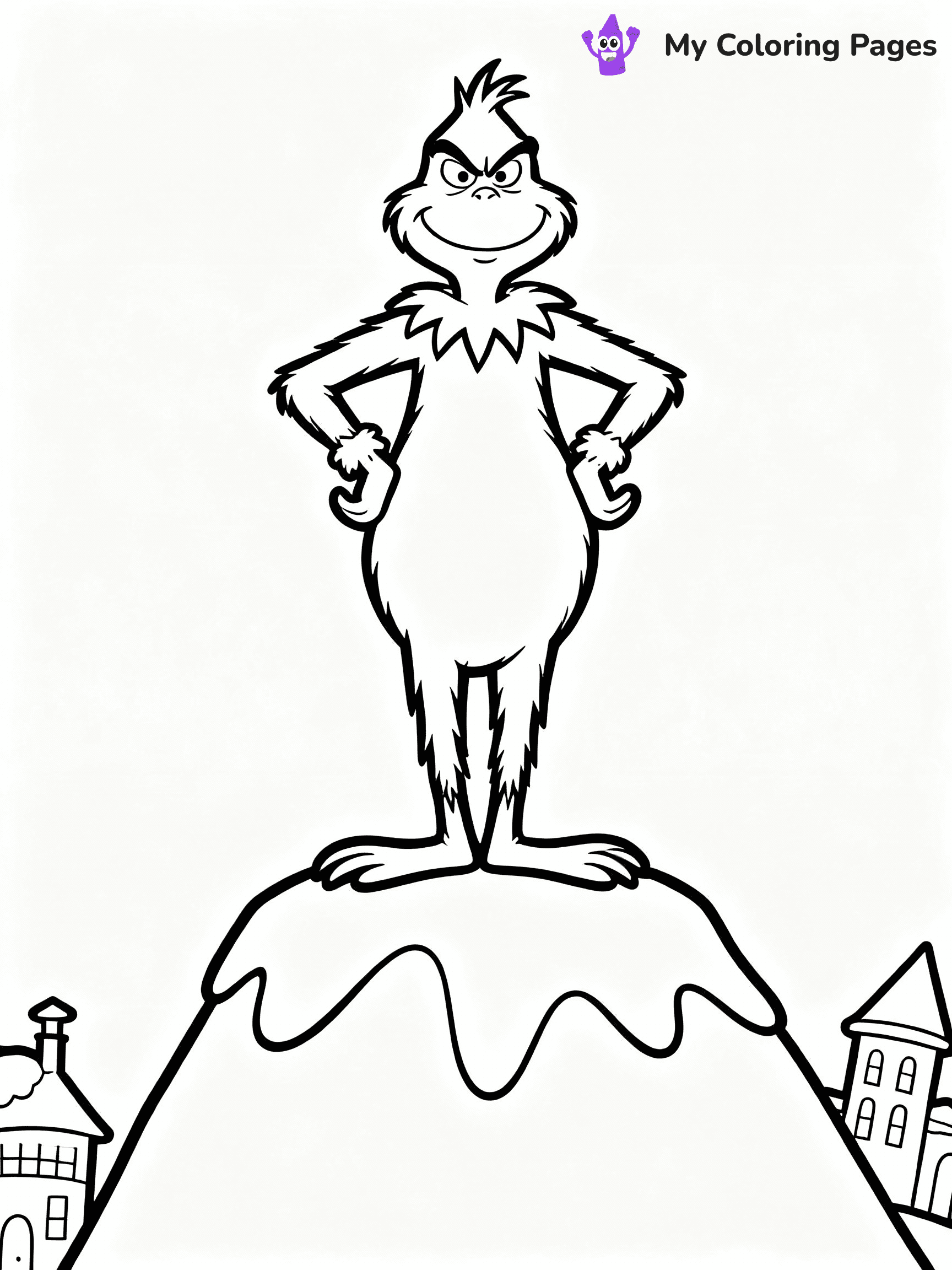 ⚠️ CRITICAL REQUIREMENT - ABSOLUTE BLACK AND WHITE ONLY ⚠️
This MUST be a BLACK AND WHITE line drawing ONLY. NO COLORS whatsoever.
- ONLY pure black lines (#000000) on pure white background (#FFFFFF)
- ABSOLUTELY NO colors, NO shading, NO gradients, NO grayscale
- If there are ANY colors in the output, the image is REJECTED
- This is a COLORING PAGE - meant to be COLORED IN by children
- The output must be UNCOLORED line art ready for coloring
⚠️ SUBJECT TO DRAW: The Grinch from Dr. Seuss standing on a mountaintop, hands on hips, Whoville below. Important: PURE OUTLINES. NO FILLS, COLOR, SHADING, OR GREYSCALE. WHITE BACKGROUND.
(REMEMBER: Output must be BLACK AND WHITE line art only, NOT colored!)
# Flat, Friendly Cartoon Line-Art Coloring Page
You are generating a **pure black-and-white binary image** of a child-friendly cartoon scene combining characters and background scenery in one cohesive composition.
## Rendering Rules (Strict)
- Only two colors: pure black (#000000) outlines and pure white (#FFFFFF) background.
- No grayscale, shading, gradients, tints, fills, transparency, or partial pixels.
- No antialiasing or blended edges; every pixel is 100% black or white.
- No solid black fills inside shapes — all areas inside outlines must remain white.
- No dark clothing areas or filled tone blocks; all garments outlined only.
- No shadows, textures, lighting, or tonal variations.
- Must look like flat binary vector line-art for coloring pages.
## Drawing & Composition
- **Medium, consistent line weight**; clean closed outlines easy to color inside.
- **Flat, simple, child-friendly design** — no realism or 3D depth.
- Characters are **grounded on a surface**, centered and large.
- **Balanced composition** with clear silhouettes and minimal props.
## Scenery & Style
- Landmarks (e.g., mosque, CN Tower) and scenery (trees, benches, waves) drawn with **black outlines only.**
- For real-world figures, teams, or places, show accurate details using only black outlines—no text or logos. Use distinctive uniform patterns, abstract symbols, and landmark silhouettes to convey identity.
- Keep **consistent perspective**; no floating elements.
- **Style:** whimsical **Doodle Art Alley** — rounded, friendly outlines.
- May adapt shapes from **Crayola, Disney, Peppa Pig, Cocomelon** — *by shape only, never color.*
- Final output: **flat, crisp, binary (#000000/#FFFFFF)**, **no filled color or background text.**
EXTREMELYE IMPORTANT:
- PURE BINARY LINE-ART; NO FILLS (HAIR/CLOTHES/SKIN), SHADING, OR GREY.
- NO SHADING, COLOR. MUST BE WHITE BACKGROUND.
⚠️ FINAL REMINDER: Draw the subject "The Grinch from Dr. Seuss standing on a mountaintop, hands on hips, Whoville below. Important: PURE OUTLINES. NO FILLS, COLOR, SHADING, OR GREYSCALE. WHITE BACKGROUND." as BLACK AND WHITE line art. Zero colors in output.