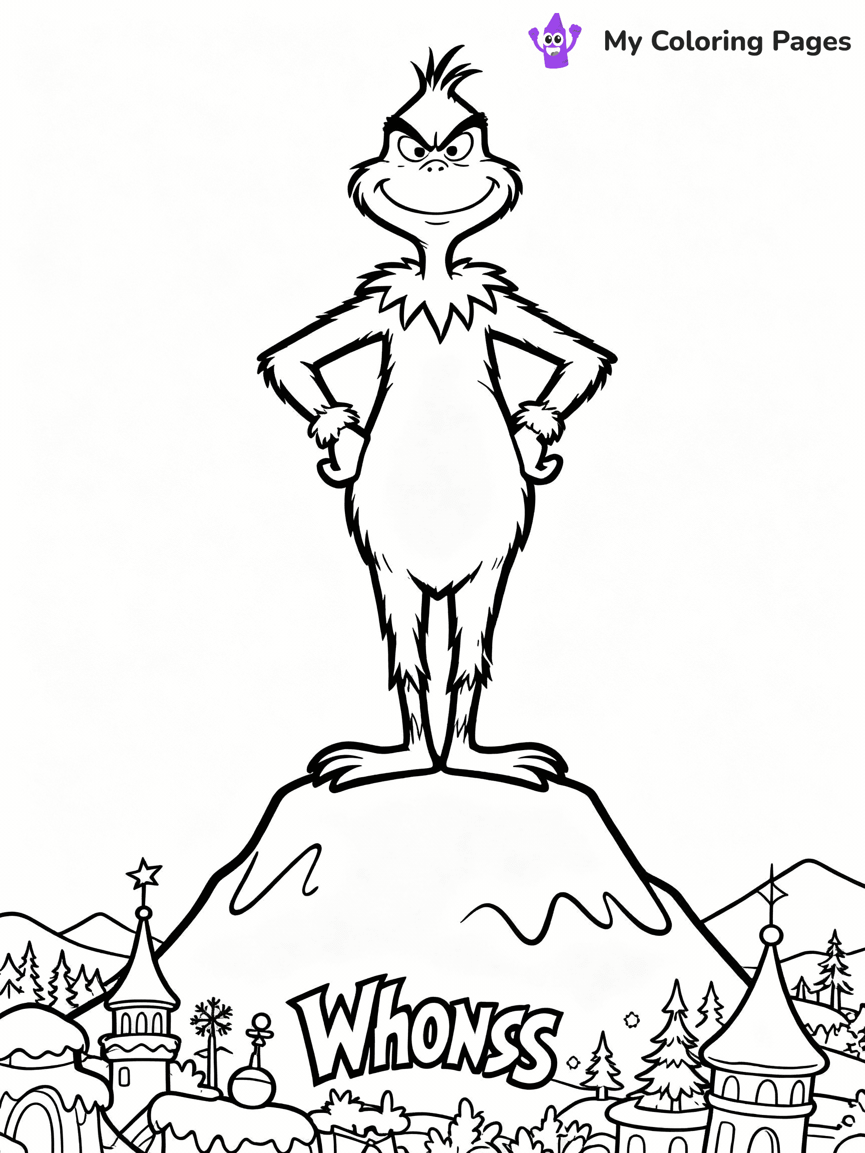 ⚠️ CRITICAL REQUIREMENT - ABSOLUTE BLACK AND WHITE ONLY ⚠️
This MUST be a BLACK AND WHITE line drawing ONLY. NO COLORS whatsoever.
- ONLY pure black lines (#000000) on pure white background (#FFFFFF)
- ABSOLUTELY NO colors, NO shading, NO gradients, NO grayscale
- If there are ANY colors in the output, the image is REJECTED
- This is a COLORING PAGE - meant to be COLORED IN by children
- The output must be UNCOLORED line art ready for coloring
⚠️ SUBJECT TO DRAW: The Grinch from Dr. Seuss standing on a mountaintop, hands on hips, Whoville below. Important: PURE OUTLINES. NO FILLS, COLOR, SHADING, OR GREYSCALE. WHITE BACKGROUND.
(REMEMBER: Output must be BLACK AND WHITE line art only, NOT colored!)
# Flat, Friendly Cartoon Line-Art Coloring Page
You are generating a **pure black-and-white binary image** of a child-friendly cartoon scene combining characters and background scenery in one cohesive composition.
## Rendering Rules (Strict)
- Only two colors: pure black (#000000) outlines and pure white (#FFFFFF) background.
- No grayscale, shading, gradients, tints, fills, transparency, or partial pixels.
- No antialiasing or blended edges; every pixel is 100% black or white.
- No solid black fills inside shapes — all areas inside outlines must remain white.
- No dark clothing areas or filled tone blocks; all garments outlined only.
- No shadows, textures, lighting, or tonal variations.
- Must look like flat binary vector line-art for coloring pages.
## Drawing & Composition
- **Medium, consistent line weight**; clean closed outlines easy to color inside.
- **Flat, simple, child-friendly design** — no realism or 3D depth.
- Characters are **grounded on a surface**, centered and large.
- **Balanced composition** with clear silhouettes and minimal props.
## Scenery & Style
- Landmarks (e.g., mosque, CN Tower) and scenery (trees, benches, waves) drawn with **black outlines only.**
- For real-world figures, teams, or places, show accurate details using only black outlines—no text or logos. Use distinctive uniform patterns, abstract symbols, and landmark silhouettes to convey identity.
- Keep **consistent perspective**; no floating elements.
- **Style:** whimsical **Doodle Art Alley** — rounded, friendly outlines.
- May adapt shapes from **Crayola, Disney, Peppa Pig, Cocomelon** — *by shape only, never color.*
- Final output: **flat, crisp, binary (#000000/#FFFFFF)**, **no filled color or background text.**
EXTREMELYE IMPORTANT:
- PURE BINARY LINE-ART; NO FILLS (HAIR/CLOTHES/SKIN), SHADING, OR GREY.
- NO SHADING, COLOR. MUST BE WHITE BACKGROUND.
⚠️ FINAL REMINDER: Draw the subject "The Grinch from Dr. Seuss standing on a mountaintop, hands on hips, Whoville below. Important: PURE OUTLINES. NO FILLS, COLOR, SHADING, OR GREYSCALE. WHITE BACKGROUND." as BLACK AND WHITE line art. Zero colors in output.
