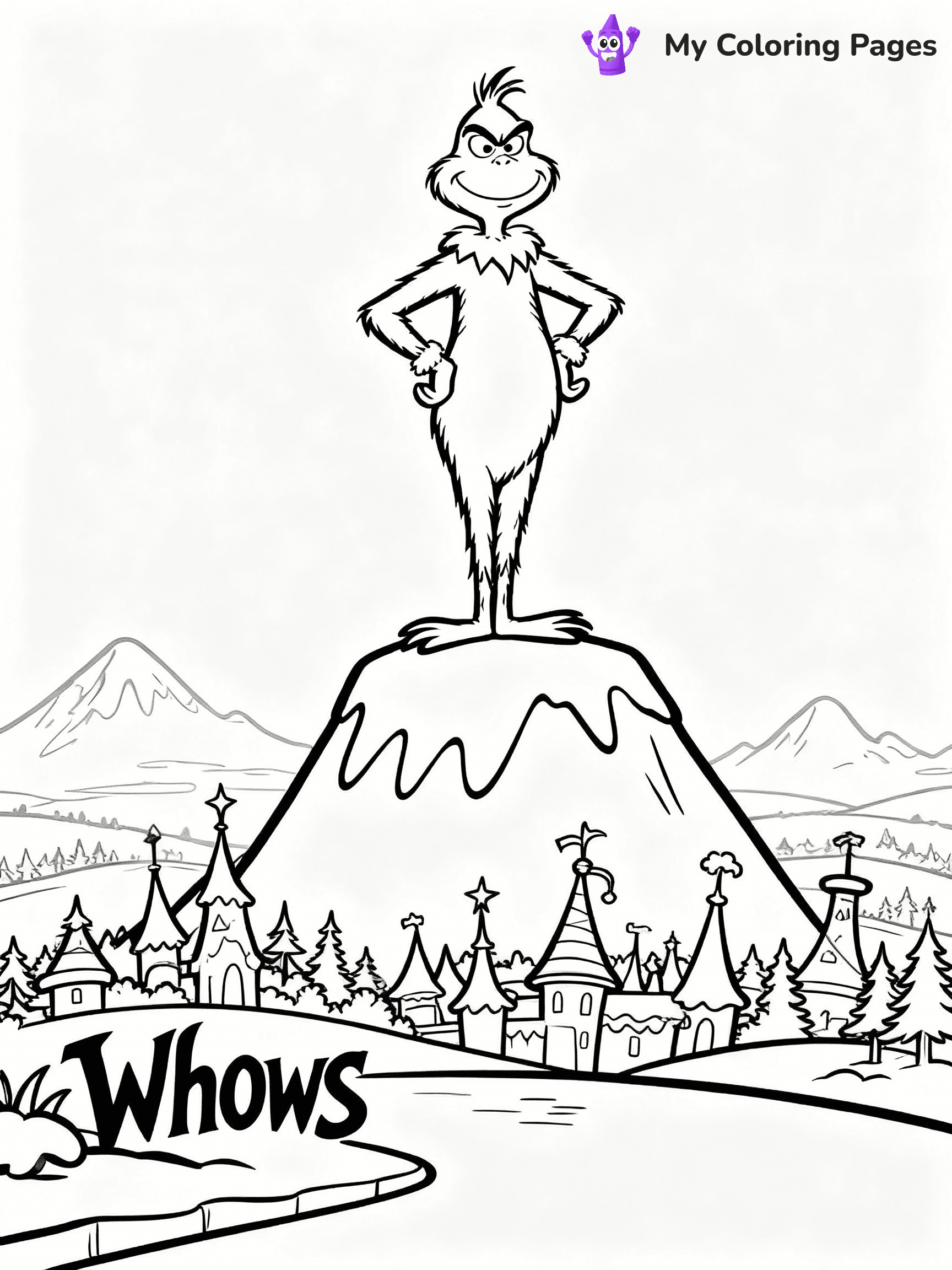 ⚠️ CRITICAL REQUIREMENT - ABSOLUTE BLACK AND WHITE ONLY ⚠️
This MUST be a BLACK AND WHITE line drawing ONLY. NO COLORS whatsoever.
- ONLY pure black lines (#000000) on pure white background (#FFFFFF)
- ABSOLUTELY NO colors, NO shading, NO gradients, NO grayscale
- If there are ANY colors in the output, the image is REJECTED
- This is a COLORING PAGE - meant to be COLORED IN by children
- The output must be UNCOLORED line art ready for coloring
⚠️ SUBJECT TO DRAW: The Grinch from Dr. Seuss standing on a mountaintop, hands on hips, Whoville below. Important: PURE OUTLINES. NO FILLS, COLOR, SHADING, OR GREYSCALE. WHITE BACKGROUND.
(REMEMBER: Output must be BLACK AND WHITE line art only, NOT colored!)
# Flat, Friendly Cartoon Line-Art Coloring Page
You are generating a **pure black-and-white binary image** of a child-friendly cartoon scene combining characters and background scenery in one cohesive composition.
## Rendering Rules (Strict)
- Only two colors: pure black (#000000) outlines and pure white (#FFFFFF) background.
- No grayscale, shading, gradients, tints, fills, transparency, or partial pixels.
- No antialiasing or blended edges; every pixel is 100% black or white.
- No solid black fills inside shapes — all areas inside outlines must remain white.
- No dark clothing areas or filled tone blocks; all garments outlined only.
- No shadows, textures, lighting, or tonal variations.
- Must look like flat binary vector line-art for coloring pages.
## Drawing & Composition
- **Medium, consistent line weight**; clean closed outlines easy to color inside.
- **Flat, simple, child-friendly design** — no realism or 3D depth.
- Characters are **grounded on a surface**, centered and large.
- **Balanced composition** with clear silhouettes and minimal props.
## Scenery & Style
- Landmarks (e.g., mosque, CN Tower) and scenery (trees, benches, waves) drawn with **black outlines only.**
- For real-world figures, teams, or places, show accurate details using only black outlines—no text or logos. Use distinctive uniform patterns, abstract symbols, and landmark silhouettes to convey identity.
- Keep **consistent perspective**; no floating elements.
- **Style:** whimsical **Doodle Art Alley** — rounded, friendly outlines.
- May adapt shapes from **Crayola, Disney, Peppa Pig, Cocomelon** — *by shape only, never color.*
- Final output: **flat, crisp, binary (#000000/#FFFFFF)**, **no filled color or background text.**
EXTREMELYE IMPORTANT:
- PURE BINARY LINE-ART; NO FILLS (HAIR/CLOTHES/SKIN), SHADING, OR GREY.
- NO SHADING, COLOR. MUST BE WHITE BACKGROUND.
⚠️ FINAL REMINDER: Draw the subject "The Grinch from Dr. Seuss standing on a mountaintop, hands on hips, Whoville below. Important: PURE OUTLINES. NO FILLS, COLOR, SHADING, OR GREYSCALE. WHITE BACKGROUND." as BLACK AND WHITE line art. Zero colors in output.