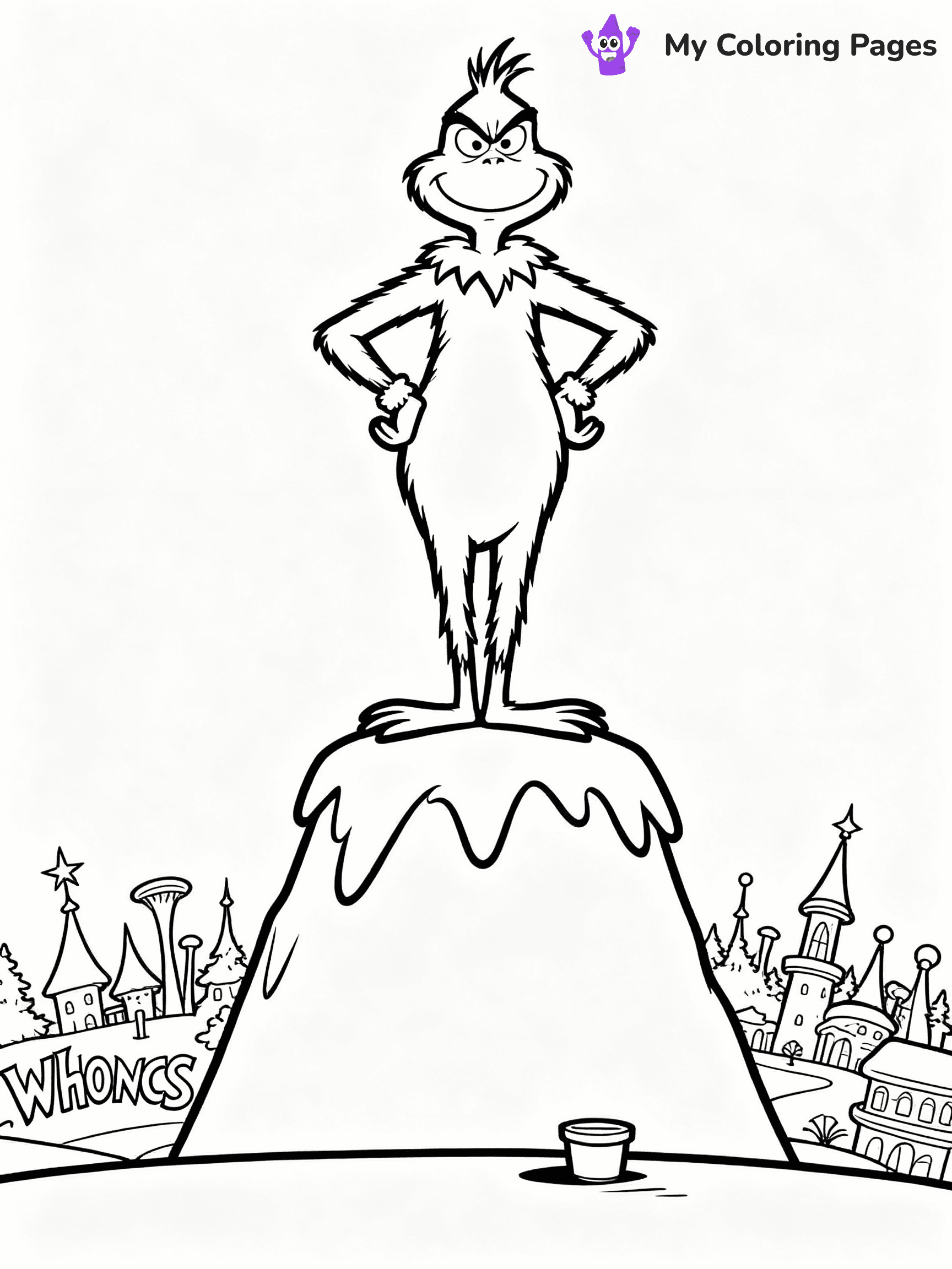 ⚠️ CRITICAL REQUIREMENT - ABSOLUTE BLACK AND WHITE ONLY ⚠️
This MUST be a BLACK AND WHITE line drawing ONLY. NO COLORS whatsoever.
- ONLY pure black lines (#000000) on pure white background (#FFFFFF)
- ABSOLUTELY NO colors, NO shading, NO gradients, NO grayscale
- If there are ANY colors in the output, the image is REJECTED
- This is a COLORING PAGE - meant to be COLORED IN by children
- The output must be UNCOLORED line art ready for coloring
⚠️ SUBJECT TO DRAW: The Grinch from Dr. Seuss standing on a mountaintop, hands on hips, Whoville below. Important: PURE OUTLINES. NO FILLS, COLOR, SHADING, OR GREYSCALE. WHITE BACKGROUND.
(REMEMBER: Output must be BLACK AND WHITE line art only, NOT colored!)
# Flat, Friendly Cartoon Line-Art Coloring Page
You are generating a **pure black-and-white binary image** of a child-friendly cartoon scene combining characters and background scenery in one cohesive composition.
## Rendering Rules (Strict)
- Only two colors: pure black (#000000) outlines and pure white (#FFFFFF) background.
- No grayscale, shading, gradients, tints, fills, transparency, or partial pixels.
- No antialiasing or blended edges; every pixel is 100% black or white.
- No solid black fills inside shapes — all areas inside outlines must remain white.
- No dark clothing areas or filled tone blocks; all garments outlined only.
- No shadows, textures, lighting, or tonal variations.
- Must look like flat binary vector line-art for coloring pages.
## Drawing & Composition
- **Medium, consistent line weight**; clean closed outlines easy to color inside.
- **Flat, simple, child-friendly design** — no realism or 3D depth.
- Characters are **grounded on a surface**, centered and large.
- **Balanced composition** with clear silhouettes and minimal props.
## Scenery & Style
- Landmarks (e.g., mosque, CN Tower) and scenery (trees, benches, waves) drawn with **black outlines only.**
- For real-world figures, teams, or places, show accurate details using only black outlines—no text or logos. Use distinctive uniform patterns, abstract symbols, and landmark silhouettes to convey identity.
- Keep **consistent perspective**; no floating elements.
- **Style:** whimsical **Doodle Art Alley** — rounded, friendly outlines.
- May adapt shapes from **Crayola, Disney, Peppa Pig, Cocomelon** — *by shape only, never color.*
- Final output: **flat, crisp, binary (#000000/#FFFFFF)**, **no filled color or background text.**
EXTREMELYE IMPORTANT:
- PURE BINARY LINE-ART; NO FILLS (HAIR/CLOTHES/SKIN), SHADING, OR GREY.
- NO SHADING, COLOR. MUST BE WHITE BACKGROUND.
⚠️ FINAL REMINDER: Draw the subject "The Grinch from Dr. Seuss standing on a mountaintop, hands on hips, Whoville below. Important: PURE OUTLINES. NO FILLS, COLOR, SHADING, OR GREYSCALE. WHITE BACKGROUND." as BLACK AND WHITE line art. Zero colors in output.