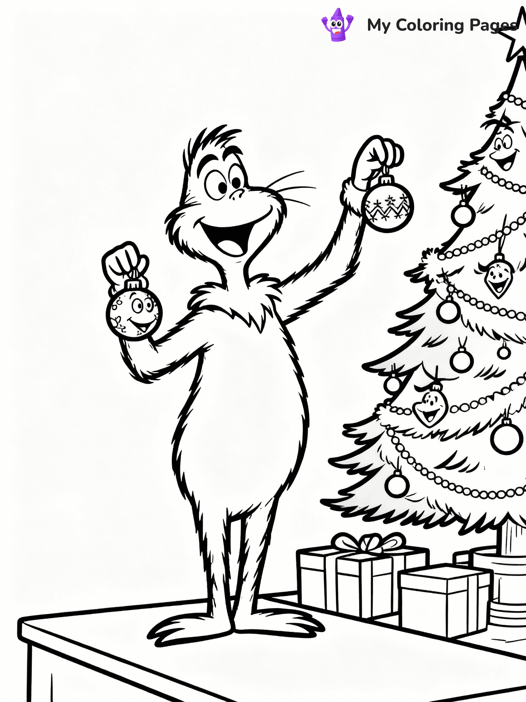 ⚠️ CRITICAL REQUIREMENT - ABSOLUTE BLACK AND WHITE ONLY ⚠️
This MUST be a BLACK AND WHITE line drawing ONLY. NO COLORS whatsoever.
- ONLY pure black lines (#000000) on pure white background (#FFFFFF)
- ABSOLUTELY NO colors, NO shading, NO gradients, NO grayscale
- If there are ANY colors in the output, the image is REJECTED
- This is a COLORING PAGE - meant to be COLORED IN by children
- The output must be UNCOLORED line art ready for coloring
⚠️ SUBJECT TO DRAW: Whos from Dr. Seuss decorating a Christmas tree, ornaments in hand, excited faces. Important: PURE OUTLINES. NO FILLS, COLOR, SHADING, OR GREYSCALE. WHITE BACKGROUND.
(REMEMBER: Output must be BLACK AND WHITE line art only, NOT colored!)
# Flat, Friendly Cartoon Line-Art Coloring Page
You are generating a **pure black-and-white binary image** of a child-friendly cartoon scene combining characters and background scenery in one cohesive composition.
## Rendering Rules (Strict)
- Only two colors: pure black (#000000) outlines and pure white (#FFFFFF) background.
- No grayscale, shading, gradients, tints, fills, transparency, or partial pixels.
- No antialiasing or blended edges; every pixel is 100% black or white.
- No solid black fills inside shapes — all areas inside outlines must remain white.
- No dark clothing areas or filled tone blocks; all garments outlined only.
- No shadows, textures, lighting, or tonal variations.
- Must look like flat binary vector line-art for coloring pages.
## Drawing & Composition
- **Medium, consistent line weight**; clean closed outlines easy to color inside.
- **Flat, simple, child-friendly design** — no realism or 3D depth.
- Characters are **grounded on a surface**, centered and large.
- **Balanced composition** with clear silhouettes and minimal props.
## Scenery & Style
- Landmarks (e.g., mosque, CN Tower) and scenery (trees, benches, waves) drawn with **black outlines only.**
- For real-world figures, teams, or places, show accurate details using only black outlines—no text or logos. Use distinctive uniform patterns, abstract symbols, and landmark silhouettes to convey identity.
- Keep **consistent perspective**; no floating elements.
- **Style:** whimsical **Doodle Art Alley** — rounded, friendly outlines.
- May adapt shapes from **Crayola, Disney, Peppa Pig, Cocomelon** — *by shape only, never color.*
- Final output: **flat, crisp, binary (#000000/#FFFFFF)**, **no filled color or background text.**
EXTREMELYE IMPORTANT:
- PURE BINARY LINE-ART; NO FILLS (HAIR/CLOTHES/SKIN), SHADING, OR GREY.
- NO SHADING, COLOR. MUST BE WHITE BACKGROUND.
⚠️ FINAL REMINDER: Draw the subject "Whos from Dr. Seuss decorating a Christmas tree, ornaments in hand, excited faces. Important: PURE OUTLINES. NO FILLS, COLOR, SHADING, OR GREYSCALE. WHITE BACKGROUND." as BLACK AND WHITE line art. Zero colors in output.