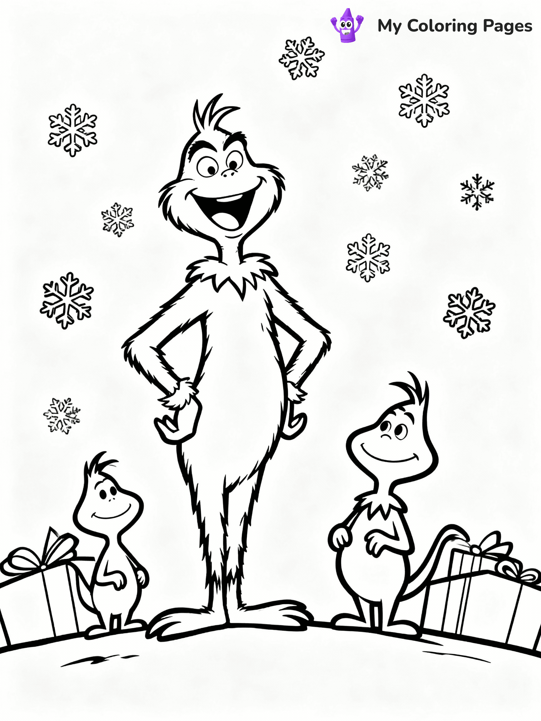 ⚠️ CRITICAL REQUIREMENT - ABSOLUTE BLACK AND WHITE ONLY ⚠️
This MUST be a BLACK AND WHITE line drawing ONLY. NO COLORS whatsoever.
- ONLY pure black lines (#000000) on pure white background (#FFFFFF)
- ABSOLUTELY NO colors, NO shading, NO gradients, NO grayscale
- If there are ANY colors in the output, the image is REJECTED
- This is a COLORING PAGE - meant to be COLORED IN by children
- The output must be UNCOLORED line art ready for coloring
⚠️ SUBJECT TO DRAW: The Grinch from Dr. Seuss laughing joyfully with the Whos, snowflakes around them. Important: PURE OUTLINES. NO FILLS, COLOR, SHADING, OR GREYSCALE. WHITE BACKGROUND.
(REMEMBER: Output must be BLACK AND WHITE line art only, NOT colored!)
# Flat, Friendly Cartoon Line-Art Coloring Page
You are generating a **pure black-and-white binary image** of a child-friendly cartoon scene combining characters and background scenery in one cohesive composition.
## Rendering Rules (Strict)
- Only two colors: pure black (#000000) outlines and pure white (#FFFFFF) background.
- No grayscale, shading, gradients, tints, fills, transparency, or partial pixels.
- No antialiasing or blended edges; every pixel is 100% black or white.
- No solid black fills inside shapes — all areas inside outlines must remain white.
- No dark clothing areas or filled tone blocks; all garments outlined only.
- No shadows, textures, lighting, or tonal variations.
- Must look like flat binary vector line-art for coloring pages.
## Drawing & Composition
- **Medium, consistent line weight**; clean closed outlines easy to color inside.
- **Flat, simple, child-friendly design** — no realism or 3D depth.
- Characters are **grounded on a surface**, centered and large.
- **Balanced composition** with clear silhouettes and minimal props.
## Scenery & Style
- Landmarks (e.g., mosque, CN Tower) and scenery (trees, benches, waves) drawn with **black outlines only.**
- For real-world figures, teams, or places, show accurate details using only black outlines—no text or logos. Use distinctive uniform patterns, abstract symbols, and landmark silhouettes to convey identity.
- Keep **consistent perspective**; no floating elements.
- **Style:** whimsical **Doodle Art Alley** — rounded, friendly outlines.
- May adapt shapes from **Crayola, Disney, Peppa Pig, Cocomelon** — *by shape only, never color.*
- Final output: **flat, crisp, binary (#000000/#FFFFFF)**, **no filled color or background text.**
EXTREMELYE IMPORTANT:
- PURE BINARY LINE-ART; NO FILLS (HAIR/CLOTHES/SKIN), SHADING, OR GREY.
- NO SHADING, COLOR. MUST BE WHITE BACKGROUND.
⚠️ FINAL REMINDER: Draw the subject "The Grinch from Dr. Seuss laughing joyfully with the Whos, snowflakes around them. Important: PURE OUTLINES. NO FILLS, COLOR, SHADING, OR GREYSCALE. WHITE BACKGROUND." as BLACK AND WHITE line art. Zero colors in output.