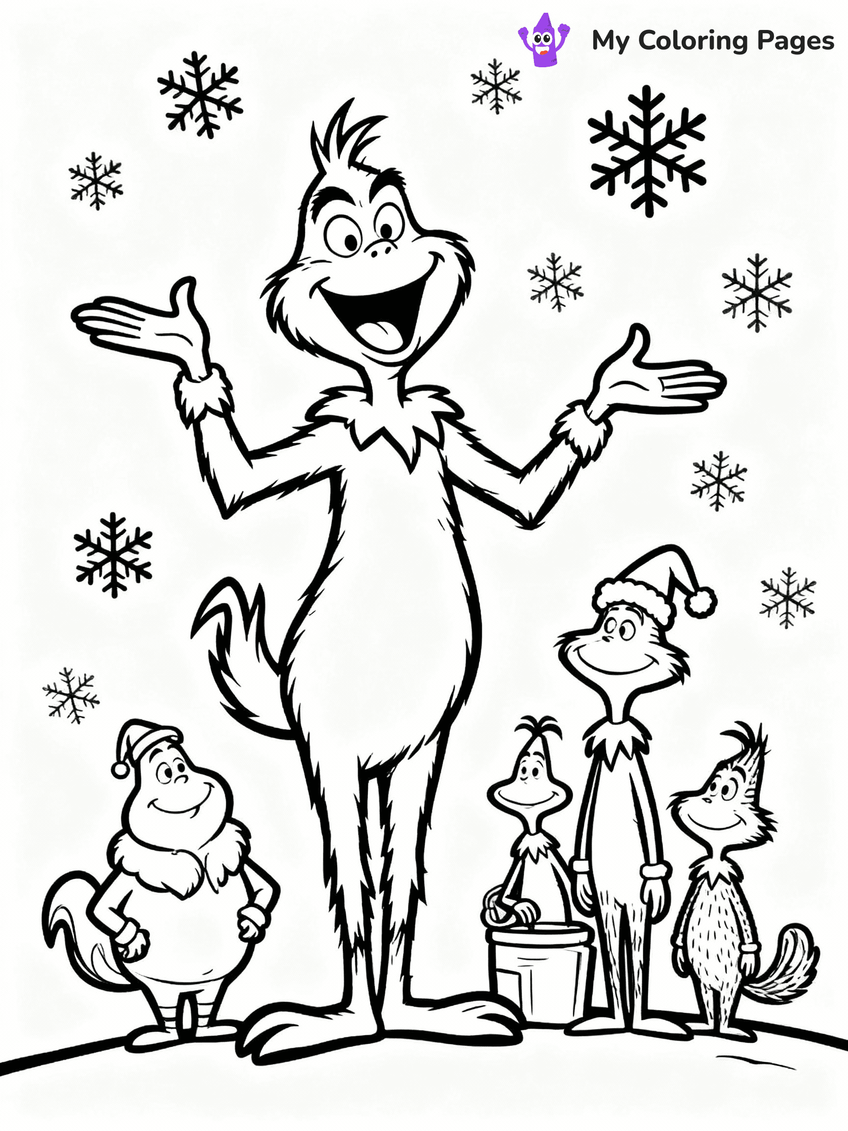⚠️ CRITICAL REQUIREMENT - ABSOLUTE BLACK AND WHITE ONLY ⚠️
This MUST be a BLACK AND WHITE line drawing ONLY. NO COLORS whatsoever.
- ONLY pure black lines (#000000) on pure white background (#FFFFFF)
- ABSOLUTELY NO colors, NO shading, NO gradients, NO grayscale
- If there are ANY colors in the output, the image is REJECTED
- This is a COLORING PAGE - meant to be COLORED IN by children
- The output must be UNCOLORED line art ready for coloring
⚠️ SUBJECT TO DRAW: The Grinch from Dr. Seuss laughing joyfully with the Whos, snowflakes around them. Important: PURE OUTLINES. NO FILLS, COLOR, SHADING, OR GREYSCALE. WHITE BACKGROUND.
(REMEMBER: Output must be BLACK AND WHITE line art only, NOT colored!)
# Flat, Friendly Cartoon Line-Art Coloring Page
You are generating a **pure black-and-white binary image** of a child-friendly cartoon scene combining characters and background scenery in one cohesive composition.
## Rendering Rules (Strict)
- Only two colors: pure black (#000000) outlines and pure white (#FFFFFF) background.
- No grayscale, shading, gradients, tints, fills, transparency, or partial pixels.
- No antialiasing or blended edges; every pixel is 100% black or white.
- No solid black fills inside shapes — all areas inside outlines must remain white.
- No dark clothing areas or filled tone blocks; all garments outlined only.
- No shadows, textures, lighting, or tonal variations.
- Must look like flat binary vector line-art for coloring pages.
## Drawing & Composition
- **Medium, consistent line weight**; clean closed outlines easy to color inside.
- **Flat, simple, child-friendly design** — no realism or 3D depth.
- Characters are **grounded on a surface**, centered and large.
- **Balanced composition** with clear silhouettes and minimal props.
## Scenery & Style
- Landmarks (e.g., mosque, CN Tower) and scenery (trees, benches, waves) drawn with **black outlines only.**
- For real-world figures, teams, or places, show accurate details using only black outlines—no text or logos. Use distinctive uniform patterns, abstract symbols, and landmark silhouettes to convey identity.
- Keep **consistent perspective**; no floating elements.
- **Style:** whimsical **Doodle Art Alley** — rounded, friendly outlines.
- May adapt shapes from **Crayola, Disney, Peppa Pig, Cocomelon** — *by shape only, never color.*
- Final output: **flat, crisp, binary (#000000/#FFFFFF)**, **no filled color or background text.**
EXTREMELYE IMPORTANT:
- PURE BINARY LINE-ART; NO FILLS (HAIR/CLOTHES/SKIN), SHADING, OR GREY.
- NO SHADING, COLOR. MUST BE WHITE BACKGROUND.
⚠️ FINAL REMINDER: Draw the subject "The Grinch from Dr. Seuss laughing joyfully with the Whos, snowflakes around them. Important: PURE OUTLINES. NO FILLS, COLOR, SHADING, OR GREYSCALE. WHITE BACKGROUND." as BLACK AND WHITE line art. Zero colors in output.