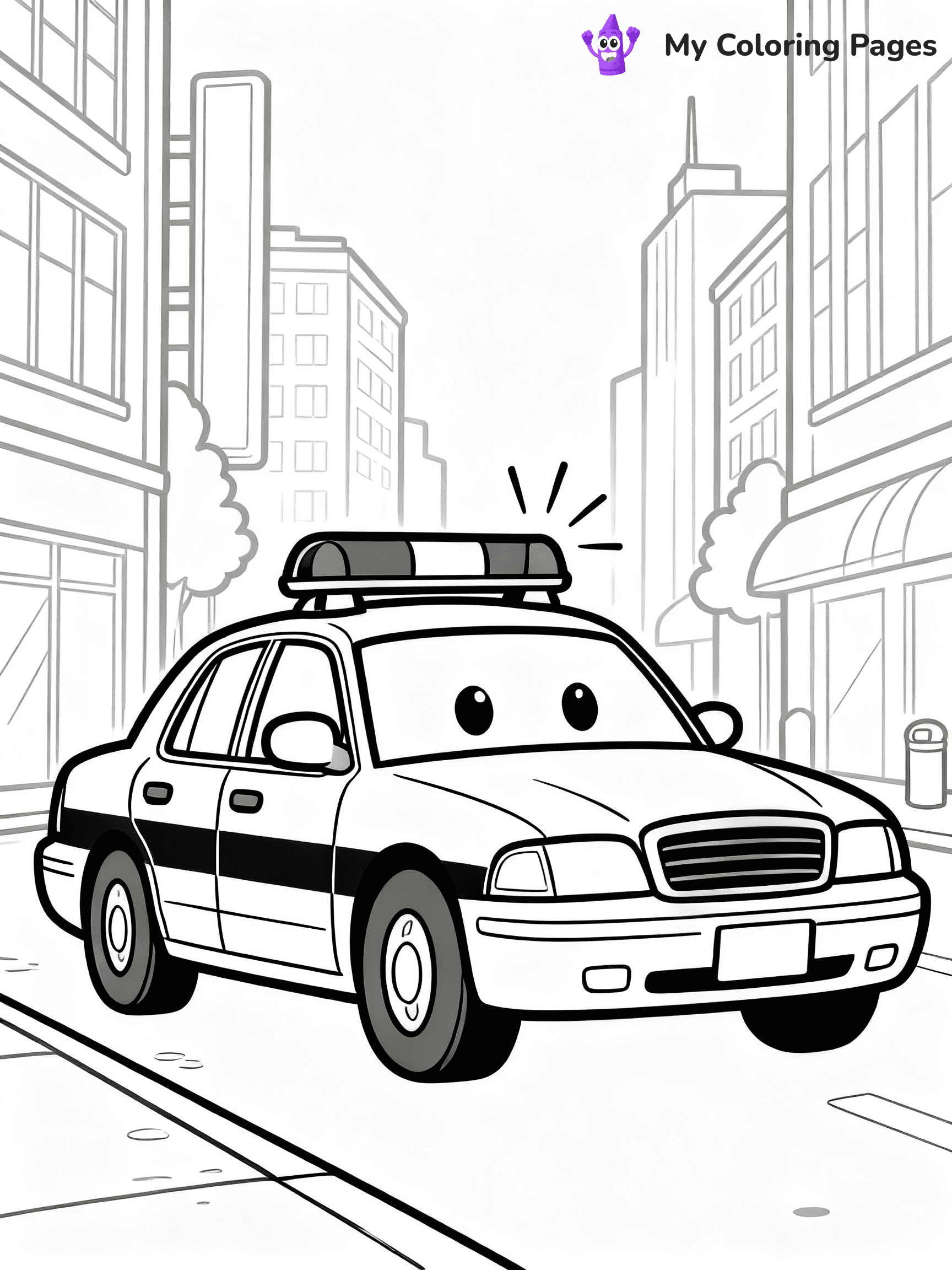 ⚠️ CRITICAL REQUIREMENT - ABSOLUTE BLACK AND WHITE ONLY ⚠️
This MUST be a BLACK AND WHITE line drawing ONLY. NO COLORS whatsoever.
- ONLY pure black lines (#000000) on pure white background (#FFFFFF)
- ABSOLUTELY NO colors, NO shading, NO gradients, NO grayscale
- If there are ANY colors in the output, the image is REJECTED
- This is a COLORING PAGE - meant to be COLORED IN by children
- The output must be UNCOLORED line art ready for coloring
⚠️ SUBJECT TO DRAW: Police car with flashing lights, parked on city street, sirens visible. Important: PURE OUTLINES. NO FILLS, COLOR, SHADING, OR GREYSCALE. WHITE BACKGROUND.
(REMEMBER: Output must be BLACK AND WHITE line art only, NOT colored!)
# Flat, Friendly Cartoon Line-Art Coloring Page
You are generating a **pure black-and-white binary image** of a child-friendly cartoon scene combining characters and background scenery in one cohesive composition.
## Rendering Rules (Strict)
- Only two colors: pure black (#000000) outlines and pure white (#FFFFFF) background.
- No grayscale, shading, gradients, tints, fills, transparency, or partial pixels.
- No antialiasing or blended edges; every pixel is 100% black or white.
- No solid black fills inside shapes — all areas inside outlines must remain white.
- No dark clothing areas or filled tone blocks; all garments outlined only.
- No shadows, textures, lighting, or tonal variations.
- Must look like flat binary vector line-art for coloring pages.
## Drawing & Composition
- **Medium, consistent line weight**; clean closed outlines easy to color inside.
- **Flat, simple, child-friendly design** — no realism or 3D depth.
- Characters are **grounded on a surface**, centered and large.
- **Balanced composition** with clear silhouettes and minimal props.
## Scenery & Style
- Landmarks (e.g., mosque, CN Tower) and scenery (trees, benches, waves) drawn with **black outlines only.**
- For real-world figures, teams, or places, show accurate details using only black outlines—no text or logos. Use distinctive uniform patterns, abstract symbols, and landmark silhouettes to convey identity.
- Keep **consistent perspective**; no floating elements.
- **Style:** whimsical **Doodle Art Alley** — rounded, friendly outlines.
- May adapt shapes from **Crayola, Disney, Peppa Pig, Cocomelon** — *by shape only, never color.*
- Final output: **flat, crisp, binary (#000000/#FFFFFF)**, **no filled color or background text.**
EXTREMELYE IMPORTANT:
- PURE BINARY LINE-ART; NO FILLS (HAIR/CLOTHES/SKIN), SHADING, OR GREY.
- NO SHADING, COLOR. MUST BE WHITE BACKGROUND.
⚠️ FINAL REMINDER: Draw the subject "Police car with flashing lights, parked on city street, sirens visible. Important: PURE OUTLINES. NO FILLS, COLOR, SHADING, OR GREYSCALE. WHITE BACKGROUND." as BLACK AND WHITE line art. Zero colors in output.