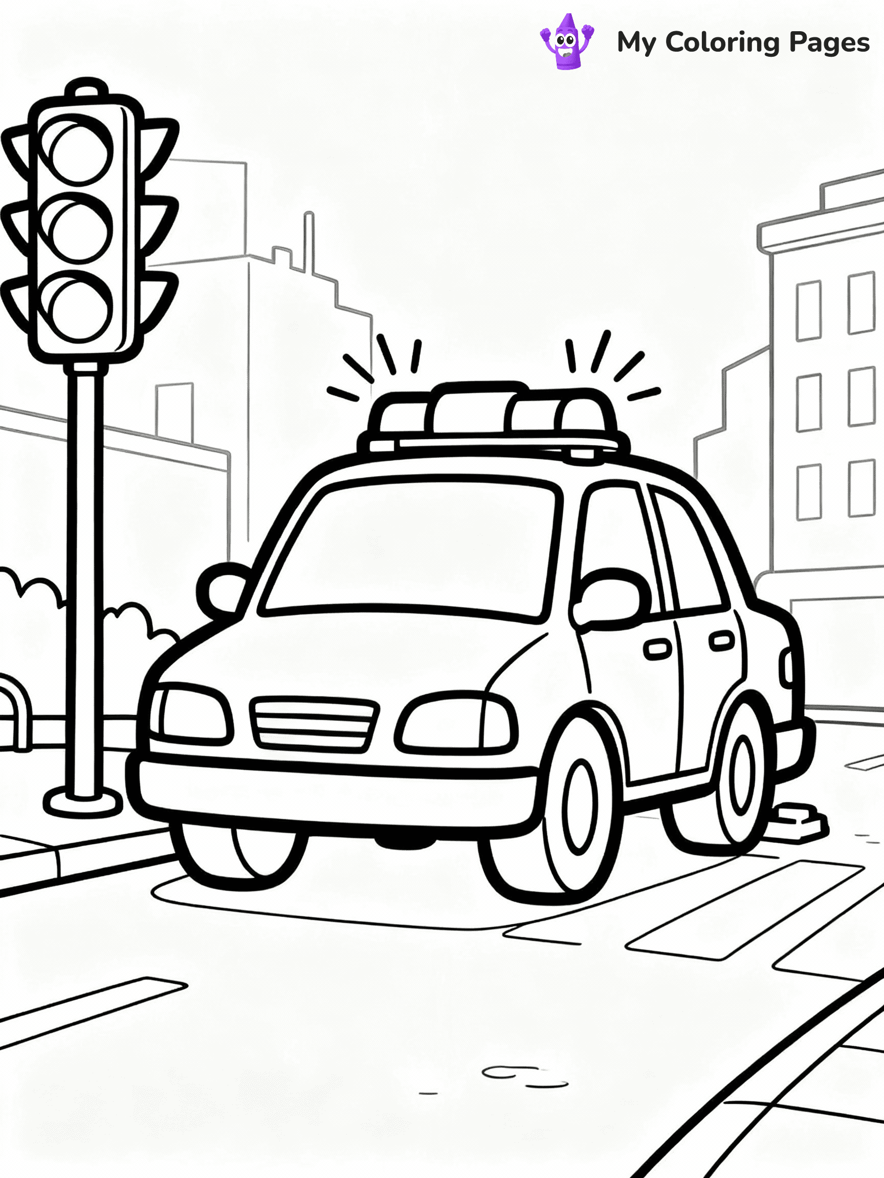 ⚠️ CRITICAL REQUIREMENT - ABSOLUTE BLACK AND WHITE ONLY ⚠️
This MUST be a BLACK AND WHITE line drawing ONLY. NO COLORS whatsoever.
- ONLY pure black lines (#000000) on pure white background (#FFFFFF)
- ABSOLUTELY NO colors, NO shading, NO gradients, NO grayscale
- If there are ANY colors in the output, the image is REJECTED
- This is a COLORING PAGE - meant to be COLORED IN by children
- The output must be UNCOLORED line art ready for coloring
⚠️ SUBJECT TO DRAW: Police car with flashing lights, parked on city street, sirens visible. Important: PURE OUTLINES. NO FILLS, COLOR, SHADING, OR GREYSCALE. WHITE BACKGROUND.
(REMEMBER: Output must be BLACK AND WHITE line art only, NOT colored!)
# Flat, Friendly Cartoon Line-Art Coloring Page
You are generating a **pure black-and-white binary image** of a child-friendly cartoon scene combining characters and background scenery in one cohesive composition.
## Rendering Rules (Strict)
- Only two colors: pure black (#000000) outlines and pure white (#FFFFFF) background.
- No grayscale, shading, gradients, tints, fills, transparency, or partial pixels.
- No antialiasing or blended edges; every pixel is 100% black or white.
- No solid black fills inside shapes — all areas inside outlines must remain white.
- No dark clothing areas or filled tone blocks; all garments outlined only.
- No shadows, textures, lighting, or tonal variations.
- Must look like flat binary vector line-art for coloring pages.
## Drawing & Composition
- **Medium, consistent line weight**; clean closed outlines easy to color inside.
- **Flat, simple, child-friendly design** — no realism or 3D depth.
- Characters are **grounded on a surface**, centered and large.
- **Balanced composition** with clear silhouettes and minimal props.
## Scenery & Style
- Landmarks (e.g., mosque, CN Tower) and scenery (trees, benches, waves) drawn with **black outlines only.**
- For real-world figures, teams, or places, show accurate details using only black outlines—no text or logos. Use distinctive uniform patterns, abstract symbols, and landmark silhouettes to convey identity.
- Keep **consistent perspective**; no floating elements.
- **Style:** whimsical **Doodle Art Alley** — rounded, friendly outlines.
- May adapt shapes from **Crayola, Disney, Peppa Pig, Cocomelon** — *by shape only, never color.*
- Final output: **flat, crisp, binary (#000000/#FFFFFF)**, **no filled color or background text.**
EXTREMELYE IMPORTANT:
- PURE BINARY LINE-ART; NO FILLS (HAIR/CLOTHES/SKIN), SHADING, OR GREY.
- NO SHADING, COLOR. MUST BE WHITE BACKGROUND.
⚠️ FINAL REMINDER: Draw the subject "Police car with flashing lights, parked on city street, sirens visible. Important: PURE OUTLINES. NO FILLS, COLOR, SHADING, OR GREYSCALE. WHITE BACKGROUND." as BLACK AND WHITE line art. Zero colors in output.