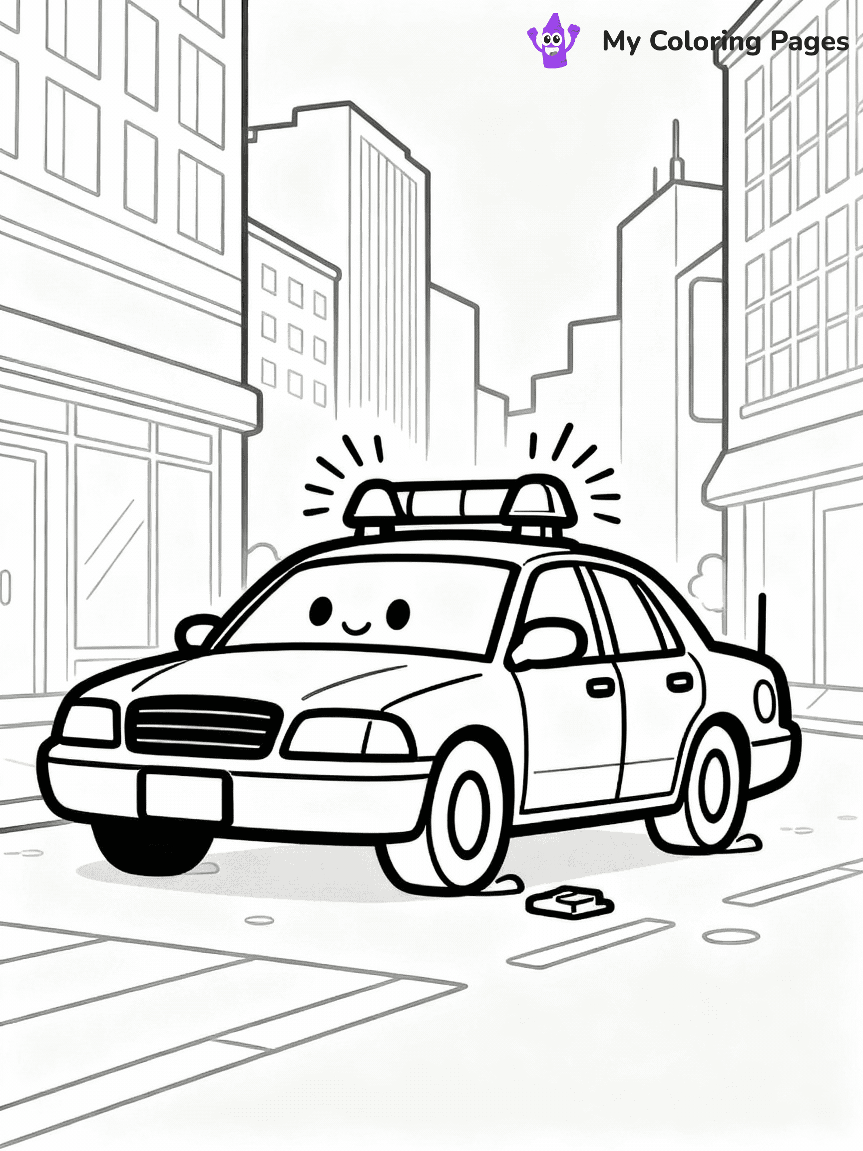 ⚠️ CRITICAL REQUIREMENT - ABSOLUTE BLACK AND WHITE ONLY ⚠️
This MUST be a BLACK AND WHITE line drawing ONLY. NO COLORS whatsoever.
- ONLY pure black lines (#000000) on pure white background (#FFFFFF)
- ABSOLUTELY NO colors, NO shading, NO gradients, NO grayscale
- If there are ANY colors in the output, the image is REJECTED
- This is a COLORING PAGE - meant to be COLORED IN by children
- The output must be UNCOLORED line art ready for coloring
⚠️ SUBJECT TO DRAW: Police car with flashing lights, parked on city street, sirens visible. Important: PURE OUTLINES. NO FILLS, COLOR, SHADING, OR GREYSCALE. WHITE BACKGROUND.
(REMEMBER: Output must be BLACK AND WHITE line art only, NOT colored!)
# Flat, Friendly Cartoon Line-Art Coloring Page
You are generating a **pure black-and-white binary image** of a child-friendly cartoon scene combining characters and background scenery in one cohesive composition.
## Rendering Rules (Strict)
- Only two colors: pure black (#000000) outlines and pure white (#FFFFFF) background.
- No grayscale, shading, gradients, tints, fills, transparency, or partial pixels.
- No antialiasing or blended edges; every pixel is 100% black or white.
- No solid black fills inside shapes — all areas inside outlines must remain white.
- No dark clothing areas or filled tone blocks; all garments outlined only.
- No shadows, textures, lighting, or tonal variations.
- Must look like flat binary vector line-art for coloring pages.
## Drawing & Composition
- **Medium, consistent line weight**; clean closed outlines easy to color inside.
- **Flat, simple, child-friendly design** — no realism or 3D depth.
- Characters are **grounded on a surface**, centered and large.
- **Balanced composition** with clear silhouettes and minimal props.
## Scenery & Style
- Landmarks (e.g., mosque, CN Tower) and scenery (trees, benches, waves) drawn with **black outlines only.**
- For real-world figures, teams, or places, show accurate details using only black outlines—no text or logos. Use distinctive uniform patterns, abstract symbols, and landmark silhouettes to convey identity.
- Keep **consistent perspective**; no floating elements.
- **Style:** whimsical **Doodle Art Alley** — rounded, friendly outlines.
- May adapt shapes from **Crayola, Disney, Peppa Pig, Cocomelon** — *by shape only, never color.*
- Final output: **flat, crisp, binary (#000000/#FFFFFF)**, **no filled color or background text.**
EXTREMELYE IMPORTANT:
- PURE BINARY LINE-ART; NO FILLS (HAIR/CLOTHES/SKIN), SHADING, OR GREY.
- NO SHADING, COLOR. MUST BE WHITE BACKGROUND.
⚠️ FINAL REMINDER: Draw the subject "Police car with flashing lights, parked on city street, sirens visible. Important: PURE OUTLINES. NO FILLS, COLOR, SHADING, OR GREYSCALE. WHITE BACKGROUND." as BLACK AND WHITE line art. Zero colors in output.