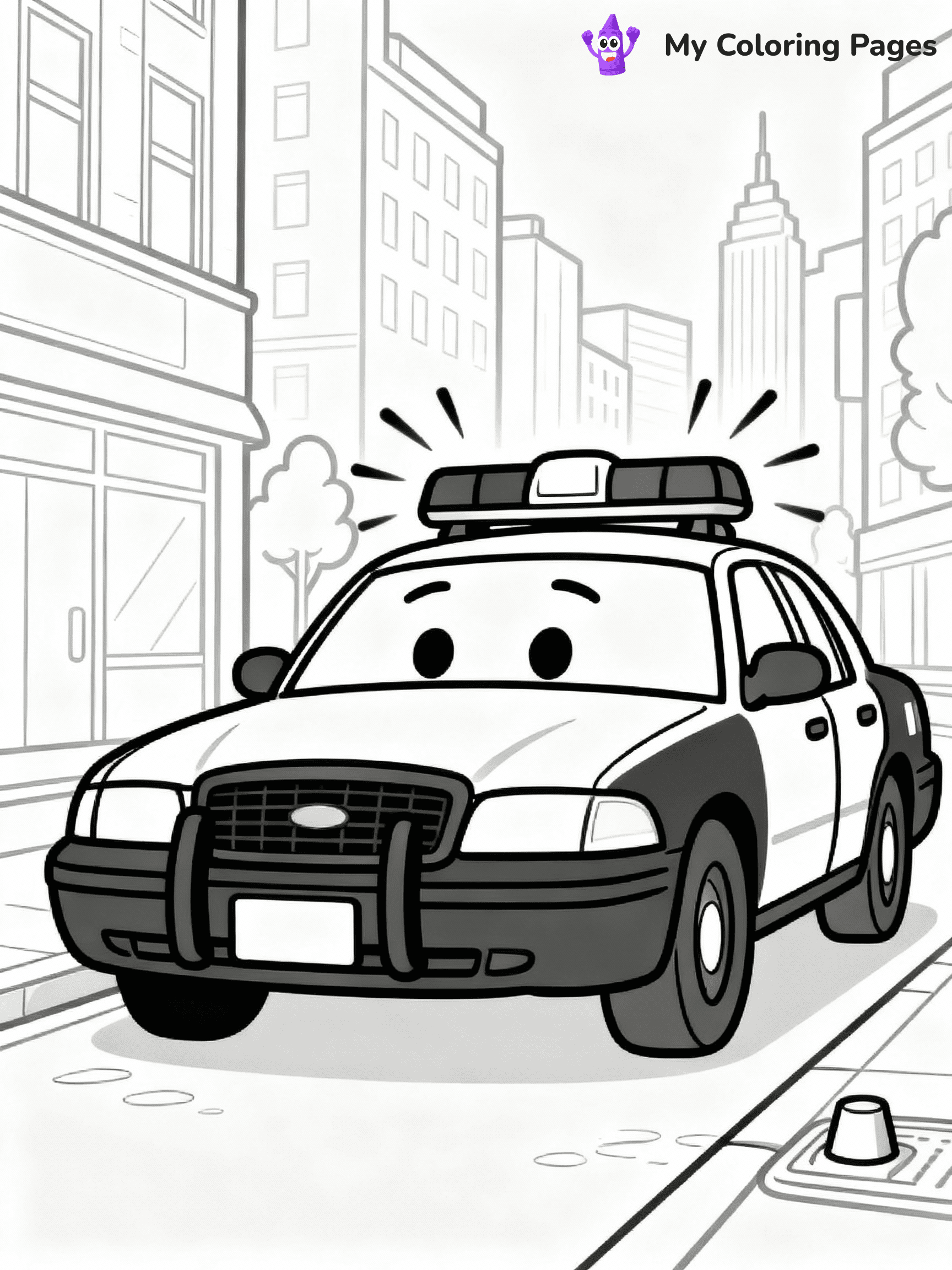 ⚠️ CRITICAL REQUIREMENT - ABSOLUTE BLACK AND WHITE ONLY ⚠️
This MUST be a BLACK AND WHITE line drawing ONLY. NO COLORS whatsoever.
- ONLY pure black lines (#000000) on pure white background (#FFFFFF)
- ABSOLUTELY NO colors, NO shading, NO gradients, NO grayscale
- If there are ANY colors in the output, the image is REJECTED
- This is a COLORING PAGE - meant to be COLORED IN by children
- The output must be UNCOLORED line art ready for coloring
⚠️ SUBJECT TO DRAW: Police car with flashing lights, parked on city street, sirens visible. Important: PURE OUTLINES. NO FILLS, COLOR, SHADING, OR GREYSCALE. WHITE BACKGROUND.
(REMEMBER: Output must be BLACK AND WHITE line art only, NOT colored!)
# Flat, Friendly Cartoon Line-Art Coloring Page
You are generating a **pure black-and-white binary image** of a child-friendly cartoon scene combining characters and background scenery in one cohesive composition.
## Rendering Rules (Strict)
- Only two colors: pure black (#000000) outlines and pure white (#FFFFFF) background.
- No grayscale, shading, gradients, tints, fills, transparency, or partial pixels.
- No antialiasing or blended edges; every pixel is 100% black or white.
- No solid black fills inside shapes — all areas inside outlines must remain white.
- No dark clothing areas or filled tone blocks; all garments outlined only.
- No shadows, textures, lighting, or tonal variations.
- Must look like flat binary vector line-art for coloring pages.
## Drawing & Composition
- **Medium, consistent line weight**; clean closed outlines easy to color inside.
- **Flat, simple, child-friendly design** — no realism or 3D depth.
- Characters are **grounded on a surface**, centered and large.
- **Balanced composition** with clear silhouettes and minimal props.
## Scenery & Style
- Landmarks (e.g., mosque, CN Tower) and scenery (trees, benches, waves) drawn with **black outlines only.**
- For real-world figures, teams, or places, show accurate details using only black outlines—no text or logos. Use distinctive uniform patterns, abstract symbols, and landmark silhouettes to convey identity.
- Keep **consistent perspective**; no floating elements.
- **Style:** whimsical **Doodle Art Alley** — rounded, friendly outlines.
- May adapt shapes from **Crayola, Disney, Peppa Pig, Cocomelon** — *by shape only, never color.*
- Final output: **flat, crisp, binary (#000000/#FFFFFF)**, **no filled color or background text.**
EXTREMELYE IMPORTANT:
- PURE BINARY LINE-ART; NO FILLS (HAIR/CLOTHES/SKIN), SHADING, OR GREY.
- NO SHADING, COLOR. MUST BE WHITE BACKGROUND.
⚠️ FINAL REMINDER: Draw the subject "Police car with flashing lights, parked on city street, sirens visible. Important: PURE OUTLINES. NO FILLS, COLOR, SHADING, OR GREYSCALE. WHITE BACKGROUND." as BLACK AND WHITE line art. Zero colors in output.