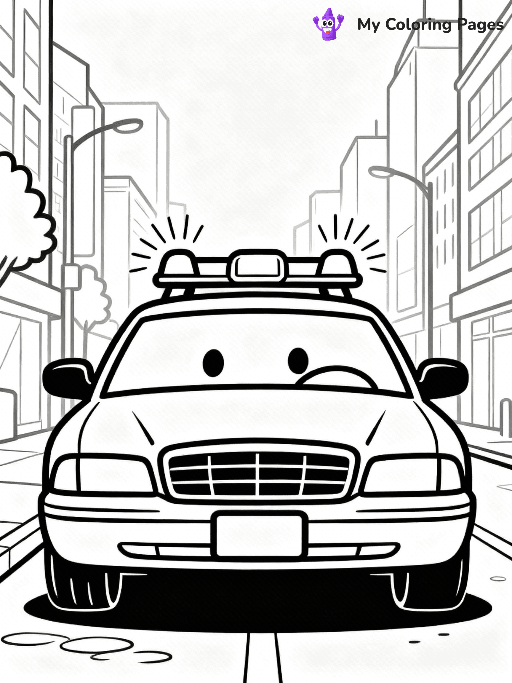 ⚠️ CRITICAL REQUIREMENT - ABSOLUTE BLACK AND WHITE ONLY ⚠️
This MUST be a BLACK AND WHITE line drawing ONLY. NO COLORS whatsoever.
- ONLY pure black lines (#000000) on pure white background (#FFFFFF)
- ABSOLUTELY NO colors, NO shading, NO gradients, NO grayscale
- If there are ANY colors in the output, the image is REJECTED
- This is a COLORING PAGE - meant to be COLORED IN by children
- The output must be UNCOLORED line art ready for coloring
⚠️ SUBJECT TO DRAW: Police car with flashing lights, parked on city street, sirens visible. Important: PURE OUTLINES. NO FILLS, COLOR, SHADING, OR GREYSCALE. WHITE BACKGROUND.
(REMEMBER: Output must be BLACK AND WHITE line art only, NOT colored!)
# Flat, Friendly Cartoon Line-Art Coloring Page
You are generating a **pure black-and-white binary image** of a child-friendly cartoon scene combining characters and background scenery in one cohesive composition.
## Rendering Rules (Strict)
- Only two colors: pure black (#000000) outlines and pure white (#FFFFFF) background.
- No grayscale, shading, gradients, tints, fills, transparency, or partial pixels.
- No antialiasing or blended edges; every pixel is 100% black or white.
- No solid black fills inside shapes — all areas inside outlines must remain white.
- No dark clothing areas or filled tone blocks; all garments outlined only.
- No shadows, textures, lighting, or tonal variations.
- Must look like flat binary vector line-art for coloring pages.
## Drawing & Composition
- **Medium, consistent line weight**; clean closed outlines easy to color inside.
- **Flat, simple, child-friendly design** — no realism or 3D depth.
- Characters are **grounded on a surface**, centered and large.
- **Balanced composition** with clear silhouettes and minimal props.
## Scenery & Style
- Landmarks (e.g., mosque, CN Tower) and scenery (trees, benches, waves) drawn with **black outlines only.**
- For real-world figures, teams, or places, show accurate details using only black outlines—no text or logos. Use distinctive uniform patterns, abstract symbols, and landmark silhouettes to convey identity.
- Keep **consistent perspective**; no floating elements.
- **Style:** whimsical **Doodle Art Alley** — rounded, friendly outlines.
- May adapt shapes from **Crayola, Disney, Peppa Pig, Cocomelon** — *by shape only, never color.*
- Final output: **flat, crisp, binary (#000000/#FFFFFF)**, **no filled color or background text.**
EXTREMELYE IMPORTANT:
- PURE BINARY LINE-ART; NO FILLS (HAIR/CLOTHES/SKIN), SHADING, OR GREY.
- NO SHADING, COLOR. MUST BE WHITE BACKGROUND.
⚠️ FINAL REMINDER: Draw the subject "Police car with flashing lights, parked on city street, sirens visible. Important: PURE OUTLINES. NO FILLS, COLOR, SHADING, OR GREYSCALE. WHITE BACKGROUND." as BLACK AND WHITE line art. Zero colors in output.