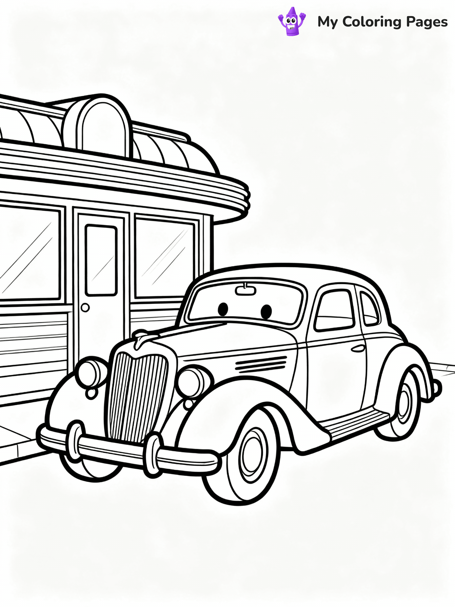 ⚠️ CRITICAL REQUIREMENT - ABSOLUTE BLACK AND WHITE ONLY ⚠️
This MUST be a BLACK AND WHITE line drawing ONLY. NO COLORS whatsoever.
- ONLY pure black lines (#000000) on pure white background (#FFFFFF)
- ABSOLUTELY NO colors, NO shading, NO gradients, NO grayscale
- If there are ANY colors in the output, the image is REJECTED
- This is a COLORING PAGE - meant to be COLORED IN by children
- The output must be UNCOLORED line art ready for coloring
⚠️ SUBJECT TO DRAW: Classic vintage car with ornate details, parked by retro diner. Important: PURE OUTLINES. NO FILLS, COLOR, SHADING, OR GREYSCALE. WHITE BACKGROUND.
(REMEMBER: Output must be BLACK AND WHITE line art only, NOT colored!)
# Flat, Friendly Cartoon Line-Art Coloring Page
You are generating a **pure black-and-white binary image** of a child-friendly cartoon scene combining characters and background scenery in one cohesive composition.
## Rendering Rules (Strict)
- Only two colors: pure black (#000000) outlines and pure white (#FFFFFF) background.
- No grayscale, shading, gradients, tints, fills, transparency, or partial pixels.
- No antialiasing or blended edges; every pixel is 100% black or white.
- No solid black fills inside shapes — all areas inside outlines must remain white.
- No dark clothing areas or filled tone blocks; all garments outlined only.
- No shadows, textures, lighting, or tonal variations.
- Must look like flat binary vector line-art for coloring pages.
## Drawing & Composition
- **Medium, consistent line weight**; clean closed outlines easy to color inside.
- **Flat, simple, child-friendly design** — no realism or 3D depth.
- Characters are **grounded on a surface**, centered and large.
- **Balanced composition** with clear silhouettes and minimal props.
## Scenery & Style
- Landmarks (e.g., mosque, CN Tower) and scenery (trees, benches, waves) drawn with **black outlines only.**
- For real-world figures, teams, or places, show accurate details using only black outlines—no text or logos. Use distinctive uniform patterns, abstract symbols, and landmark silhouettes to convey identity.
- Keep **consistent perspective**; no floating elements.
- **Style:** whimsical **Doodle Art Alley** — rounded, friendly outlines.
- May adapt shapes from **Crayola, Disney, Peppa Pig, Cocomelon** — *by shape only, never color.*
- Final output: **flat, crisp, binary (#000000/#FFFFFF)**, **no filled color or background text.**
EXTREMELYE IMPORTANT:
- PURE BINARY LINE-ART; NO FILLS (HAIR/CLOTHES/SKIN), SHADING, OR GREY.
- NO SHADING, COLOR. MUST BE WHITE BACKGROUND.
⚠️ FINAL REMINDER: Draw the subject "Classic vintage car with ornate details, parked by retro diner. Important: PURE OUTLINES. NO FILLS, COLOR, SHADING, OR GREYSCALE. WHITE BACKGROUND." as BLACK AND WHITE line art. Zero colors in output.