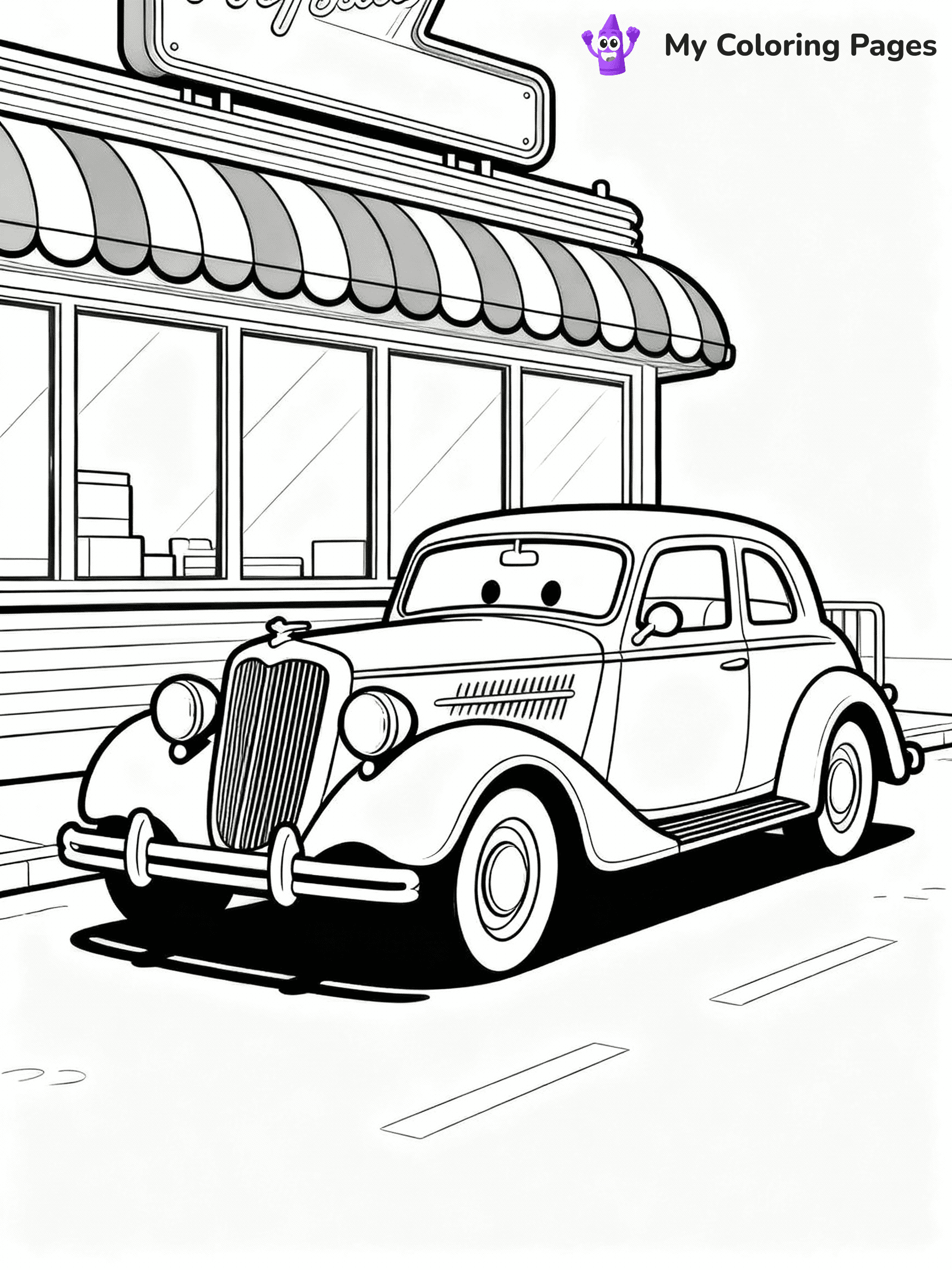 ⚠️ CRITICAL REQUIREMENT - ABSOLUTE BLACK AND WHITE ONLY ⚠️
This MUST be a BLACK AND WHITE line drawing ONLY. NO COLORS whatsoever.
- ONLY pure black lines (#000000) on pure white background (#FFFFFF)
- ABSOLUTELY NO colors, NO shading, NO gradients, NO grayscale
- If there are ANY colors in the output, the image is REJECTED
- This is a COLORING PAGE - meant to be COLORED IN by children
- The output must be UNCOLORED line art ready for coloring
⚠️ SUBJECT TO DRAW: Classic vintage car with ornate details, parked by retro diner. Important: PURE OUTLINES. NO FILLS, COLOR, SHADING, OR GREYSCALE. WHITE BACKGROUND.
(REMEMBER: Output must be BLACK AND WHITE line art only, NOT colored!)
# Flat, Friendly Cartoon Line-Art Coloring Page
You are generating a **pure black-and-white binary image** of a child-friendly cartoon scene combining characters and background scenery in one cohesive composition.
## Rendering Rules (Strict)
- Only two colors: pure black (#000000) outlines and pure white (#FFFFFF) background.
- No grayscale, shading, gradients, tints, fills, transparency, or partial pixels.
- No antialiasing or blended edges; every pixel is 100% black or white.
- No solid black fills inside shapes — all areas inside outlines must remain white.
- No dark clothing areas or filled tone blocks; all garments outlined only.
- No shadows, textures, lighting, or tonal variations.
- Must look like flat binary vector line-art for coloring pages.
## Drawing & Composition
- **Medium, consistent line weight**; clean closed outlines easy to color inside.
- **Flat, simple, child-friendly design** — no realism or 3D depth.
- Characters are **grounded on a surface**, centered and large.
- **Balanced composition** with clear silhouettes and minimal props.
## Scenery & Style
- Landmarks (e.g., mosque, CN Tower) and scenery (trees, benches, waves) drawn with **black outlines only.**
- For real-world figures, teams, or places, show accurate details using only black outlines—no text or logos. Use distinctive uniform patterns, abstract symbols, and landmark silhouettes to convey identity.
- Keep **consistent perspective**; no floating elements.
- **Style:** whimsical **Doodle Art Alley** — rounded, friendly outlines.
- May adapt shapes from **Crayola, Disney, Peppa Pig, Cocomelon** — *by shape only, never color.*
- Final output: **flat, crisp, binary (#000000/#FFFFFF)**, **no filled color or background text.**
EXTREMELYE IMPORTANT:
- PURE BINARY LINE-ART; NO FILLS (HAIR/CLOTHES/SKIN), SHADING, OR GREY.
- NO SHADING, COLOR. MUST BE WHITE BACKGROUND.
⚠️ FINAL REMINDER: Draw the subject "Classic vintage car with ornate details, parked by retro diner. Important: PURE OUTLINES. NO FILLS, COLOR, SHADING, OR GREYSCALE. WHITE BACKGROUND." as BLACK AND WHITE line art. Zero colors in output.