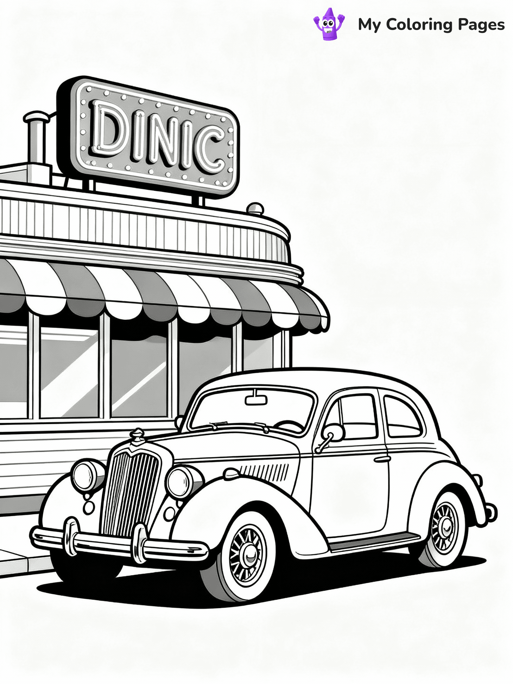 ⚠️ CRITICAL REQUIREMENT - ABSOLUTE BLACK AND WHITE ONLY ⚠️
This MUST be a BLACK AND WHITE line drawing ONLY. NO COLORS whatsoever.
- ONLY pure black lines (#000000) on pure white background (#FFFFFF)
- ABSOLUTELY NO colors, NO shading, NO gradients, NO grayscale
- If there are ANY colors in the output, the image is REJECTED
- This is a COLORING PAGE - meant to be COLORED IN by children
- The output must be UNCOLORED line art ready for coloring
⚠️ SUBJECT TO DRAW: Classic vintage car with ornate details, parked by retro diner. Important: PURE OUTLINES. NO FILLS, COLOR, SHADING, OR GREYSCALE. WHITE BACKGROUND.
(REMEMBER: Output must be BLACK AND WHITE line art only, NOT colored!)
# Flat, Friendly Cartoon Line-Art Coloring Page
You are generating a **pure black-and-white binary image** of a child-friendly cartoon scene combining characters and background scenery in one cohesive composition.
## Rendering Rules (Strict)
- Only two colors: pure black (#000000) outlines and pure white (#FFFFFF) background.
- No grayscale, shading, gradients, tints, fills, transparency, or partial pixels.
- No antialiasing or blended edges; every pixel is 100% black or white.
- No solid black fills inside shapes — all areas inside outlines must remain white.
- No dark clothing areas or filled tone blocks; all garments outlined only.
- No shadows, textures, lighting, or tonal variations.
- Must look like flat binary vector line-art for coloring pages.
## Drawing & Composition
- **Medium, consistent line weight**; clean closed outlines easy to color inside.
- **Flat, simple, child-friendly design** — no realism or 3D depth.
- Characters are **grounded on a surface**, centered and large.
- **Balanced composition** with clear silhouettes and minimal props.
## Scenery & Style
- Landmarks (e.g., mosque, CN Tower) and scenery (trees, benches, waves) drawn with **black outlines only.**
- For real-world figures, teams, or places, show accurate details using only black outlines—no text or logos. Use distinctive uniform patterns, abstract symbols, and landmark silhouettes to convey identity.
- Keep **consistent perspective**; no floating elements.
- **Style:** whimsical **Doodle Art Alley** — rounded, friendly outlines.
- May adapt shapes from **Crayola, Disney, Peppa Pig, Cocomelon** — *by shape only, never color.*
- Final output: **flat, crisp, binary (#000000/#FFFFFF)**, **no filled color or background text.**
EXTREMELYE IMPORTANT:
- PURE BINARY LINE-ART; NO FILLS (HAIR/CLOTHES/SKIN), SHADING, OR GREY.
- NO SHADING, COLOR. MUST BE WHITE BACKGROUND.
⚠️ FINAL REMINDER: Draw the subject "Classic vintage car with ornate details, parked by retro diner. Important: PURE OUTLINES. NO FILLS, COLOR, SHADING, OR GREYSCALE. WHITE BACKGROUND." as BLACK AND WHITE line art. Zero colors in output.