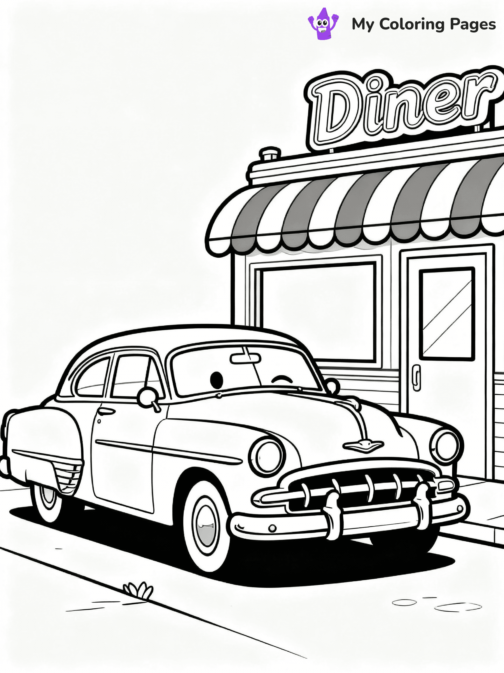 ⚠️ CRITICAL REQUIREMENT - ABSOLUTE BLACK AND WHITE ONLY ⚠️
This MUST be a BLACK AND WHITE line drawing ONLY. NO COLORS whatsoever.
- ONLY pure black lines (#000000) on pure white background (#FFFFFF)
- ABSOLUTELY NO colors, NO shading, NO gradients, NO grayscale
- If there are ANY colors in the output, the image is REJECTED
- This is a COLORING PAGE - meant to be COLORED IN by children
- The output must be UNCOLORED line art ready for coloring
⚠️ SUBJECT TO DRAW: Classic vintage car with ornate details, parked by retro diner. Important: PURE OUTLINES. NO FILLS, COLOR, SHADING, OR GREYSCALE. WHITE BACKGROUND.
(REMEMBER: Output must be BLACK AND WHITE line art only, NOT colored!)
# Flat, Friendly Cartoon Line-Art Coloring Page
You are generating a **pure black-and-white binary image** of a child-friendly cartoon scene combining characters and background scenery in one cohesive composition.
## Rendering Rules (Strict)
- Only two colors: pure black (#000000) outlines and pure white (#FFFFFF) background.
- No grayscale, shading, gradients, tints, fills, transparency, or partial pixels.
- No antialiasing or blended edges; every pixel is 100% black or white.
- No solid black fills inside shapes — all areas inside outlines must remain white.
- No dark clothing areas or filled tone blocks; all garments outlined only.
- No shadows, textures, lighting, or tonal variations.
- Must look like flat binary vector line-art for coloring pages.
## Drawing & Composition
- **Medium, consistent line weight**; clean closed outlines easy to color inside.
- **Flat, simple, child-friendly design** — no realism or 3D depth.
- Characters are **grounded on a surface**, centered and large.
- **Balanced composition** with clear silhouettes and minimal props.
## Scenery & Style
- Landmarks (e.g., mosque, CN Tower) and scenery (trees, benches, waves) drawn with **black outlines only.**
- For real-world figures, teams, or places, show accurate details using only black outlines—no text or logos. Use distinctive uniform patterns, abstract symbols, and landmark silhouettes to convey identity.
- Keep **consistent perspective**; no floating elements.
- **Style:** whimsical **Doodle Art Alley** — rounded, friendly outlines.
- May adapt shapes from **Crayola, Disney, Peppa Pig, Cocomelon** — *by shape only, never color.*
- Final output: **flat, crisp, binary (#000000/#FFFFFF)**, **no filled color or background text.**
EXTREMELYE IMPORTANT:
- PURE BINARY LINE-ART; NO FILLS (HAIR/CLOTHES/SKIN), SHADING, OR GREY.
- NO SHADING, COLOR. MUST BE WHITE BACKGROUND.
⚠️ FINAL REMINDER: Draw the subject "Classic vintage car with ornate details, parked by retro diner. Important: PURE OUTLINES. NO FILLS, COLOR, SHADING, OR GREYSCALE. WHITE BACKGROUND." as BLACK AND WHITE line art. Zero colors in output.