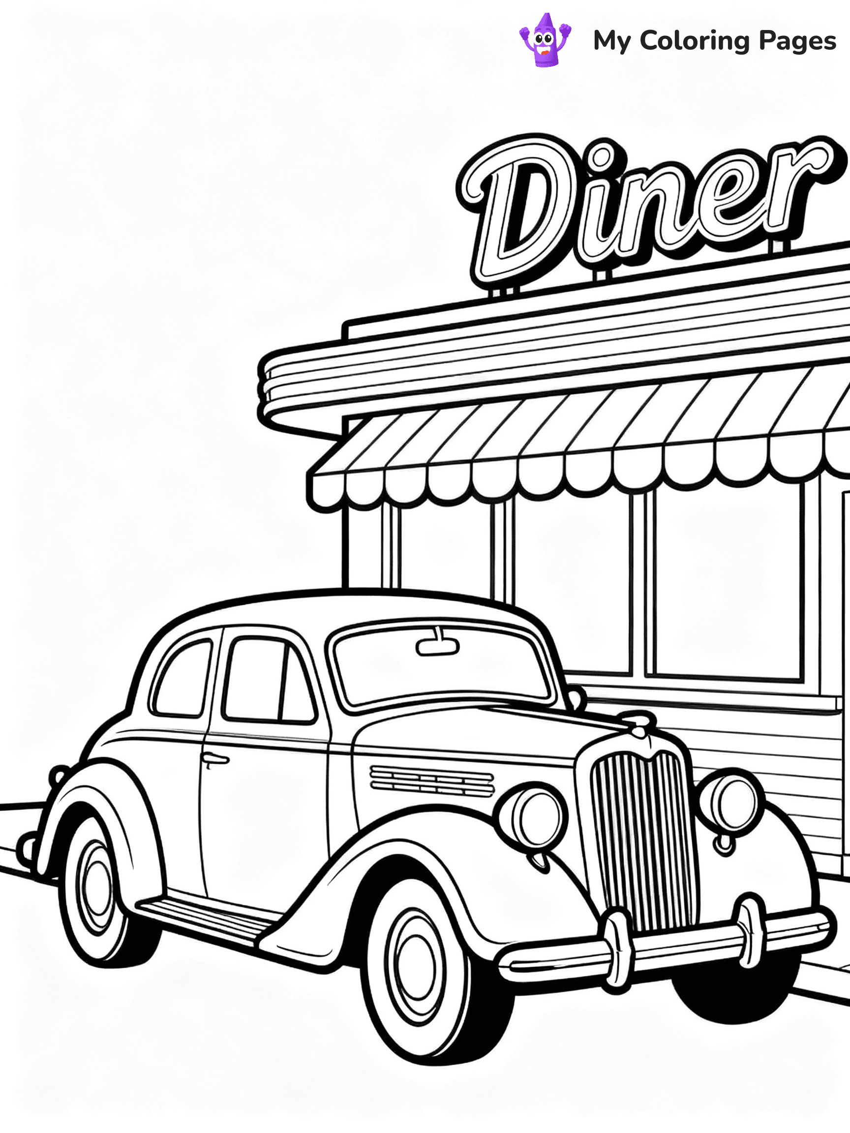 ⚠️ CRITICAL REQUIREMENT - ABSOLUTE BLACK AND WHITE ONLY ⚠️
This MUST be a BLACK AND WHITE line drawing ONLY. NO COLORS whatsoever.
- ONLY pure black lines (#000000) on pure white background (#FFFFFF)
- ABSOLUTELY NO colors, NO shading, NO gradients, NO grayscale
- If there are ANY colors in the output, the image is REJECTED
- This is a COLORING PAGE - meant to be COLORED IN by children
- The output must be UNCOLORED line art ready for coloring
⚠️ SUBJECT TO DRAW: Classic vintage car with ornate details, parked by retro diner. Important: PURE OUTLINES. NO FILLS, COLOR, SHADING, OR GREYSCALE. WHITE BACKGROUND.
(REMEMBER: Output must be BLACK AND WHITE line art only, NOT colored!)
# Flat, Friendly Cartoon Line-Art Coloring Page
You are generating a **pure black-and-white binary image** of a child-friendly cartoon scene combining characters and background scenery in one cohesive composition.
## Rendering Rules (Strict)
- Only two colors: pure black (#000000) outlines and pure white (#FFFFFF) background.
- No grayscale, shading, gradients, tints, fills, transparency, or partial pixels.
- No antialiasing or blended edges; every pixel is 100% black or white.
- No solid black fills inside shapes — all areas inside outlines must remain white.
- No dark clothing areas or filled tone blocks; all garments outlined only.
- No shadows, textures, lighting, or tonal variations.
- Must look like flat binary vector line-art for coloring pages.
## Drawing & Composition
- **Medium, consistent line weight**; clean closed outlines easy to color inside.
- **Flat, simple, child-friendly design** — no realism or 3D depth.
- Characters are **grounded on a surface**, centered and large.
- **Balanced composition** with clear silhouettes and minimal props.
## Scenery & Style
- Landmarks (e.g., mosque, CN Tower) and scenery (trees, benches, waves) drawn with **black outlines only.**
- For real-world figures, teams, or places, show accurate details using only black outlines—no text or logos. Use distinctive uniform patterns, abstract symbols, and landmark silhouettes to convey identity.
- Keep **consistent perspective**; no floating elements.
- **Style:** whimsical **Doodle Art Alley** — rounded, friendly outlines.
- May adapt shapes from **Crayola, Disney, Peppa Pig, Cocomelon** — *by shape only, never color.*
- Final output: **flat, crisp, binary (#000000/#FFFFFF)**, **no filled color or background text.**
EXTREMELYE IMPORTANT:
- PURE BINARY LINE-ART; NO FILLS (HAIR/CLOTHES/SKIN), SHADING, OR GREY.
- NO SHADING, COLOR. MUST BE WHITE BACKGROUND.
⚠️ FINAL REMINDER: Draw the subject "Classic vintage car with ornate details, parked by retro diner. Important: PURE OUTLINES. NO FILLS, COLOR, SHADING, OR GREYSCALE. WHITE BACKGROUND." as BLACK AND WHITE line art. Zero colors in output.