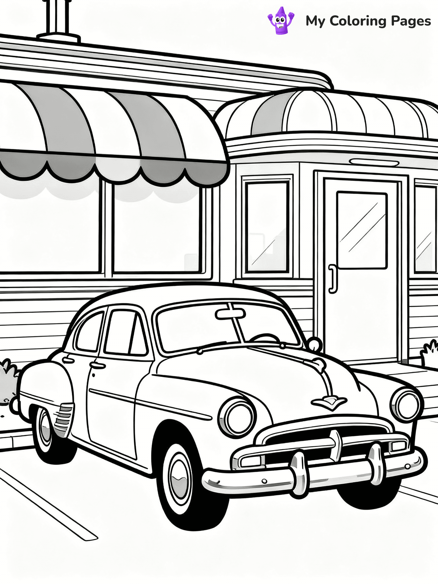 ⚠️ CRITICAL REQUIREMENT - ABSOLUTE BLACK AND WHITE ONLY ⚠️
This MUST be a BLACK AND WHITE line drawing ONLY. NO COLORS whatsoever.
- ONLY pure black lines (#000000) on pure white background (#FFFFFF)
- ABSOLUTELY NO colors, NO shading, NO gradients, NO grayscale
- If there are ANY colors in the output, the image is REJECTED
- This is a COLORING PAGE - meant to be COLORED IN by children
- The output must be UNCOLORED line art ready for coloring
⚠️ SUBJECT TO DRAW: Classic vintage car with ornate details, parked by retro diner. Important: PURE OUTLINES. NO FILLS, COLOR, SHADING, OR GREYSCALE. WHITE BACKGROUND.
(REMEMBER: Output must be BLACK AND WHITE line art only, NOT colored!)
# Flat, Friendly Cartoon Line-Art Coloring Page
You are generating a **pure black-and-white binary image** of a child-friendly cartoon scene combining characters and background scenery in one cohesive composition.
## Rendering Rules (Strict)
- Only two colors: pure black (#000000) outlines and pure white (#FFFFFF) background.
- No grayscale, shading, gradients, tints, fills, transparency, or partial pixels.
- No antialiasing or blended edges; every pixel is 100% black or white.
- No solid black fills inside shapes — all areas inside outlines must remain white.
- No dark clothing areas or filled tone blocks; all garments outlined only.
- No shadows, textures, lighting, or tonal variations.
- Must look like flat binary vector line-art for coloring pages.
## Drawing & Composition
- **Medium, consistent line weight**; clean closed outlines easy to color inside.
- **Flat, simple, child-friendly design** — no realism or 3D depth.
- Characters are **grounded on a surface**, centered and large.
- **Balanced composition** with clear silhouettes and minimal props.
## Scenery & Style
- Landmarks (e.g., mosque, CN Tower) and scenery (trees, benches, waves) drawn with **black outlines only.**
- For real-world figures, teams, or places, show accurate details using only black outlines—no text or logos. Use distinctive uniform patterns, abstract symbols, and landmark silhouettes to convey identity.
- Keep **consistent perspective**; no floating elements.
- **Style:** whimsical **Doodle Art Alley** — rounded, friendly outlines.
- May adapt shapes from **Crayola, Disney, Peppa Pig, Cocomelon** — *by shape only, never color.*
- Final output: **flat, crisp, binary (#000000/#FFFFFF)**, **no filled color or background text.**
EXTREMELYE IMPORTANT:
- PURE BINARY LINE-ART; NO FILLS (HAIR/CLOTHES/SKIN), SHADING, OR GREY.
- NO SHADING, COLOR. MUST BE WHITE BACKGROUND.
⚠️ FINAL REMINDER: Draw the subject "Classic vintage car with ornate details, parked by retro diner. Important: PURE OUTLINES. NO FILLS, COLOR, SHADING, OR GREYSCALE. WHITE BACKGROUND." as BLACK AND WHITE line art. Zero colors in output.