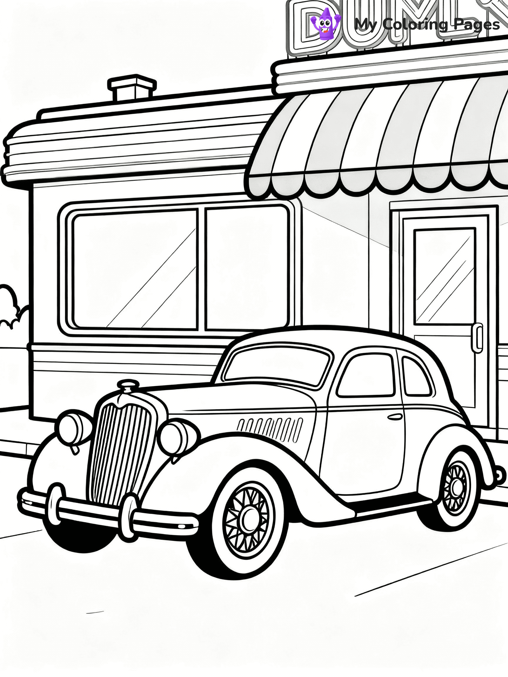 ⚠️ CRITICAL REQUIREMENT - ABSOLUTE BLACK AND WHITE ONLY ⚠️
This MUST be a BLACK AND WHITE line drawing ONLY. NO COLORS whatsoever.
- ONLY pure black lines (#000000) on pure white background (#FFFFFF)
- ABSOLUTELY NO colors, NO shading, NO gradients, NO grayscale
- If there are ANY colors in the output, the image is REJECTED
- This is a COLORING PAGE - meant to be COLORED IN by children
- The output must be UNCOLORED line art ready for coloring
⚠️ SUBJECT TO DRAW: Classic vintage car with ornate details, parked by retro diner. Important: PURE OUTLINES. NO FILLS, COLOR, SHADING, OR GREYSCALE. WHITE BACKGROUND.
(REMEMBER: Output must be BLACK AND WHITE line art only, NOT colored!)
# Flat, Friendly Cartoon Line-Art Coloring Page
You are generating a **pure black-and-white binary image** of a child-friendly cartoon scene combining characters and background scenery in one cohesive composition.
## Rendering Rules (Strict)
- Only two colors: pure black (#000000) outlines and pure white (#FFFFFF) background.
- No grayscale, shading, gradients, tints, fills, transparency, or partial pixels.
- No antialiasing or blended edges; every pixel is 100% black or white.
- No solid black fills inside shapes — all areas inside outlines must remain white.
- No dark clothing areas or filled tone blocks; all garments outlined only.
- No shadows, textures, lighting, or tonal variations.
- Must look like flat binary vector line-art for coloring pages.
## Drawing & Composition
- **Medium, consistent line weight**; clean closed outlines easy to color inside.
- **Flat, simple, child-friendly design** — no realism or 3D depth.
- Characters are **grounded on a surface**, centered and large.
- **Balanced composition** with clear silhouettes and minimal props.
## Scenery & Style
- Landmarks (e.g., mosque, CN Tower) and scenery (trees, benches, waves) drawn with **black outlines only.**
- For real-world figures, teams, or places, show accurate details using only black outlines—no text or logos. Use distinctive uniform patterns, abstract symbols, and landmark silhouettes to convey identity.
- Keep **consistent perspective**; no floating elements.
- **Style:** whimsical **Doodle Art Alley** — rounded, friendly outlines.
- May adapt shapes from **Crayola, Disney, Peppa Pig, Cocomelon** — *by shape only, never color.*
- Final output: **flat, crisp, binary (#000000/#FFFFFF)**, **no filled color or background text.**
EXTREMELYE IMPORTANT:
- PURE BINARY LINE-ART; NO FILLS (HAIR/CLOTHES/SKIN), SHADING, OR GREY.
- NO SHADING, COLOR. MUST BE WHITE BACKGROUND.
⚠️ FINAL REMINDER: Draw the subject "Classic vintage car with ornate details, parked by retro diner. Important: PURE OUTLINES. NO FILLS, COLOR, SHADING, OR GREYSCALE. WHITE BACKGROUND." as BLACK AND WHITE line art. Zero colors in output.