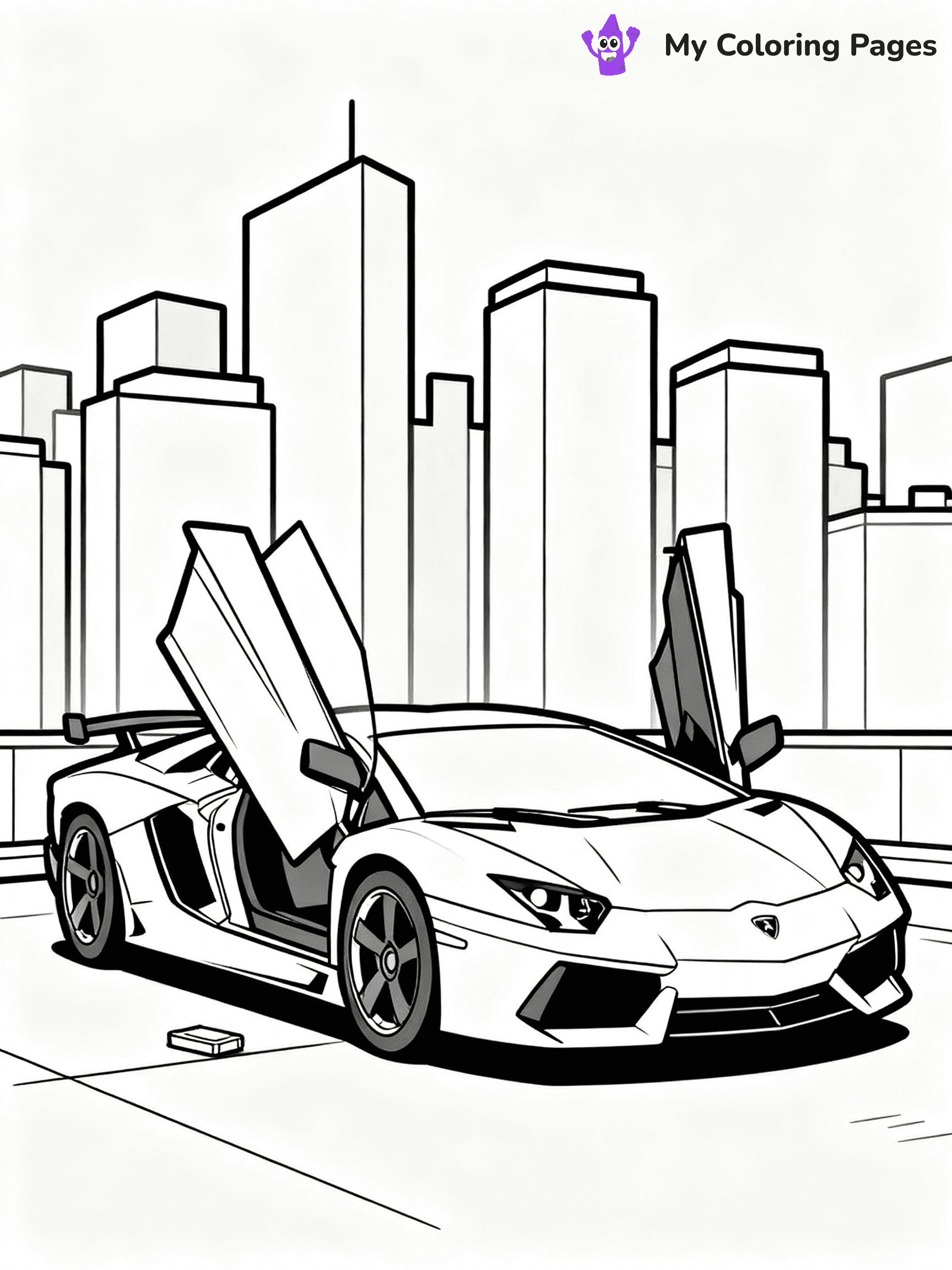 ⚠️ CRITICAL REQUIREMENT - ABSOLUTE BLACK AND WHITE ONLY ⚠️
This MUST be a BLACK AND WHITE line drawing ONLY. NO COLORS whatsoever.
- ONLY pure black lines (#000000) on pure white background (#FFFFFF)
- ABSOLUTELY NO colors, NO shading, NO gradients, NO grayscale
- If there are ANY colors in the output, the image is REJECTED
- This is a COLORING PAGE - meant to be COLORED IN by children
- The output must be UNCOLORED line art ready for coloring
⚠️ SUBJECT TO DRAW: Lamborghini Aventador with scissor doors raised, parked in front of modern city skyline. Important: PURE OUTLINES. NO FILLS, COLOR, SHADING, OR GREYSCALE. WHITE BACKGROUND.
(REMEMBER: Output must be BLACK AND WHITE line art only, NOT colored!)
# Flat, Friendly Cartoon Line-Art Coloring Page
You are generating a **pure black-and-white binary image** of a child-friendly cartoon scene combining characters and background scenery in one cohesive composition.
## Rendering Rules (Strict)
- Only two colors: pure black (#000000) outlines and pure white (#FFFFFF) background.
- No grayscale, shading, gradients, tints, fills, transparency, or partial pixels.
- No antialiasing or blended edges; every pixel is 100% black or white.
- No solid black fills inside shapes — all areas inside outlines must remain white.
- No dark clothing areas or filled tone blocks; all garments outlined only.
- No shadows, textures, lighting, or tonal variations.
- Must look like flat binary vector line-art for coloring pages.
## Drawing & Composition
- **Medium, consistent line weight**; clean closed outlines easy to color inside.
- **Flat, simple, child-friendly design** — no realism or 3D depth.
- Characters are **grounded on a surface**, centered and large.
- **Balanced composition** with clear silhouettes and minimal props.
## Scenery & Style
- Landmarks (e.g., mosque, CN Tower) and scenery (trees, benches, waves) drawn with **black outlines only.**
- For real-world figures, teams, or places, show accurate details using only black outlines—no text or logos. Use distinctive uniform patterns, abstract symbols, and landmark silhouettes to convey identity.
- Keep **consistent perspective**; no floating elements.
- **Style:** whimsical **Doodle Art Alley** — rounded, friendly outlines.
- May adapt shapes from **Crayola, Disney, Peppa Pig, Cocomelon** — *by shape only, never color.*
- Final output: **flat, crisp, binary (#000000/#FFFFFF)**, **no filled color or background text.**
EXTREMELYE IMPORTANT:
- PURE BINARY LINE-ART; NO FILLS (HAIR/CLOTHES/SKIN), SHADING, OR GREY.
- NO SHADING, COLOR. MUST BE WHITE BACKGROUND.
⚠️ FINAL REMINDER: Draw the subject "Lamborghini Aventador with scissor doors raised, parked in front of modern city skyline. Important: PURE OUTLINES. NO FILLS, COLOR, SHADING, OR GREYSCALE. WHITE BACKGROUND." as BLACK AND WHITE line art. Zero colors in output.