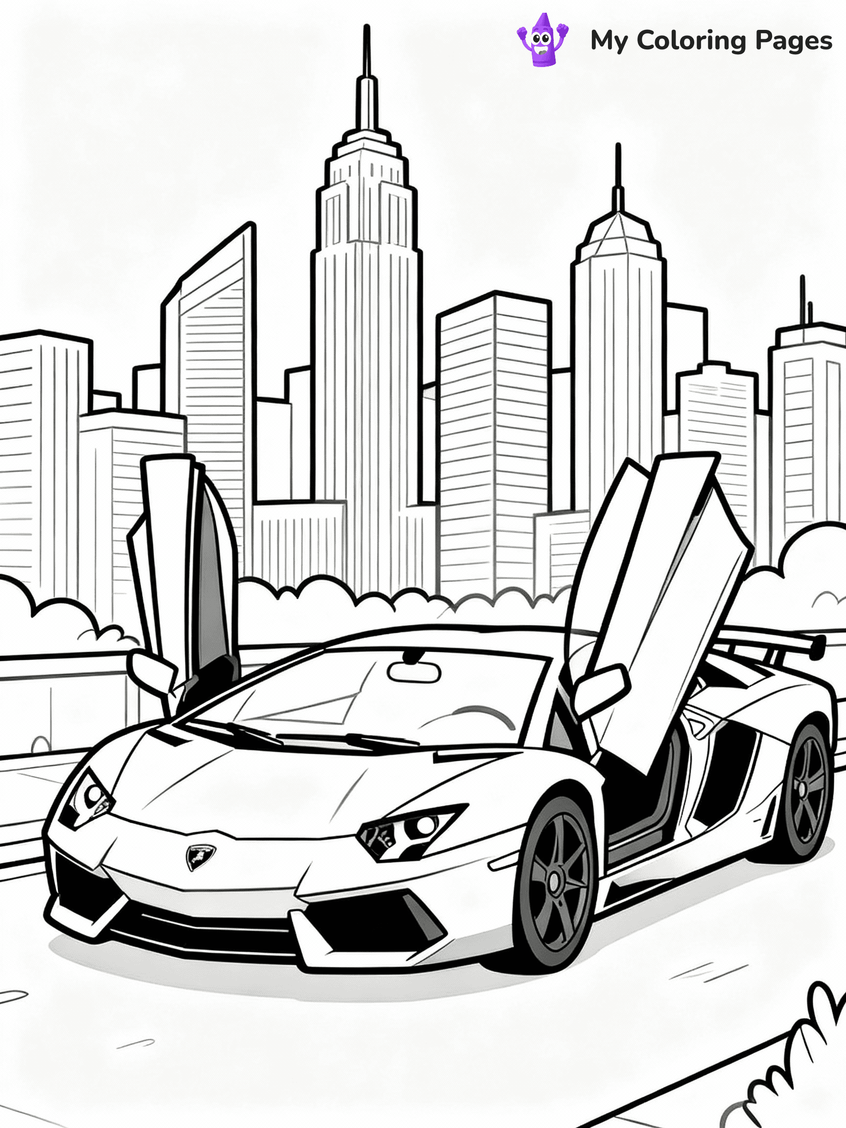 ⚠️ CRITICAL REQUIREMENT - ABSOLUTE BLACK AND WHITE ONLY ⚠️
This MUST be a BLACK AND WHITE line drawing ONLY. NO COLORS whatsoever.
- ONLY pure black lines (#000000) on pure white background (#FFFFFF)
- ABSOLUTELY NO colors, NO shading, NO gradients, NO grayscale
- If there are ANY colors in the output, the image is REJECTED
- This is a COLORING PAGE - meant to be COLORED IN by children
- The output must be UNCOLORED line art ready for coloring
⚠️ SUBJECT TO DRAW: Lamborghini Aventador with scissor doors raised, parked in front of modern city skyline. Important: PURE OUTLINES. NO FILLS, COLOR, SHADING, OR GREYSCALE. WHITE BACKGROUND.
(REMEMBER: Output must be BLACK AND WHITE line art only, NOT colored!)
# Flat, Friendly Cartoon Line-Art Coloring Page
You are generating a **pure black-and-white binary image** of a child-friendly cartoon scene combining characters and background scenery in one cohesive composition.
## Rendering Rules (Strict)
- Only two colors: pure black (#000000) outlines and pure white (#FFFFFF) background.
- No grayscale, shading, gradients, tints, fills, transparency, or partial pixels.
- No antialiasing or blended edges; every pixel is 100% black or white.
- No solid black fills inside shapes — all areas inside outlines must remain white.
- No dark clothing areas or filled tone blocks; all garments outlined only.
- No shadows, textures, lighting, or tonal variations.
- Must look like flat binary vector line-art for coloring pages.
## Drawing & Composition
- **Medium, consistent line weight**; clean closed outlines easy to color inside.
- **Flat, simple, child-friendly design** — no realism or 3D depth.
- Characters are **grounded on a surface**, centered and large.
- **Balanced composition** with clear silhouettes and minimal props.
## Scenery & Style
- Landmarks (e.g., mosque, CN Tower) and scenery (trees, benches, waves) drawn with **black outlines only.**
- For real-world figures, teams, or places, show accurate details using only black outlines—no text or logos. Use distinctive uniform patterns, abstract symbols, and landmark silhouettes to convey identity.
- Keep **consistent perspective**; no floating elements.
- **Style:** whimsical **Doodle Art Alley** — rounded, friendly outlines.
- May adapt shapes from **Crayola, Disney, Peppa Pig, Cocomelon** — *by shape only, never color.*
- Final output: **flat, crisp, binary (#000000/#FFFFFF)**, **no filled color or background text.**
EXTREMELYE IMPORTANT:
- PURE BINARY LINE-ART; NO FILLS (HAIR/CLOTHES/SKIN), SHADING, OR GREY.
- NO SHADING, COLOR. MUST BE WHITE BACKGROUND.
⚠️ FINAL REMINDER: Draw the subject "Lamborghini Aventador with scissor doors raised, parked in front of modern city skyline. Important: PURE OUTLINES. NO FILLS, COLOR, SHADING, OR GREYSCALE. WHITE BACKGROUND." as BLACK AND WHITE line art. Zero colors in output.