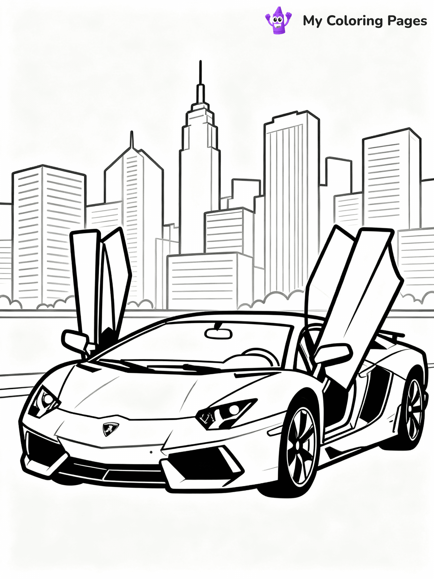 ⚠️ CRITICAL REQUIREMENT - ABSOLUTE BLACK AND WHITE ONLY ⚠️
This MUST be a BLACK AND WHITE line drawing ONLY. NO COLORS whatsoever.
- ONLY pure black lines (#000000) on pure white background (#FFFFFF)
- ABSOLUTELY NO colors, NO shading, NO gradients, NO grayscale
- If there are ANY colors in the output, the image is REJECTED
- This is a COLORING PAGE - meant to be COLORED IN by children
- The output must be UNCOLORED line art ready for coloring
⚠️ SUBJECT TO DRAW: Lamborghini Aventador with scissor doors raised, parked in front of modern city skyline. Important: PURE OUTLINES. NO FILLS, COLOR, SHADING, OR GREYSCALE. WHITE BACKGROUND.
(REMEMBER: Output must be BLACK AND WHITE line art only, NOT colored!)
# Flat, Friendly Cartoon Line-Art Coloring Page
You are generating a **pure black-and-white binary image** of a child-friendly cartoon scene combining characters and background scenery in one cohesive composition.
## Rendering Rules (Strict)
- Only two colors: pure black (#000000) outlines and pure white (#FFFFFF) background.
- No grayscale, shading, gradients, tints, fills, transparency, or partial pixels.
- No antialiasing or blended edges; every pixel is 100% black or white.
- No solid black fills inside shapes — all areas inside outlines must remain white.
- No dark clothing areas or filled tone blocks; all garments outlined only.
- No shadows, textures, lighting, or tonal variations.
- Must look like flat binary vector line-art for coloring pages.
## Drawing & Composition
- **Medium, consistent line weight**; clean closed outlines easy to color inside.
- **Flat, simple, child-friendly design** — no realism or 3D depth.
- Characters are **grounded on a surface**, centered and large.
- **Balanced composition** with clear silhouettes and minimal props.
## Scenery & Style
- Landmarks (e.g., mosque, CN Tower) and scenery (trees, benches, waves) drawn with **black outlines only.**
- For real-world figures, teams, or places, show accurate details using only black outlines—no text or logos. Use distinctive uniform patterns, abstract symbols, and landmark silhouettes to convey identity.
- Keep **consistent perspective**; no floating elements.
- **Style:** whimsical **Doodle Art Alley** — rounded, friendly outlines.
- May adapt shapes from **Crayola, Disney, Peppa Pig, Cocomelon** — *by shape only, never color.*
- Final output: **flat, crisp, binary (#000000/#FFFFFF)**, **no filled color or background text.**
EXTREMELYE IMPORTANT:
- PURE BINARY LINE-ART; NO FILLS (HAIR/CLOTHES/SKIN), SHADING, OR GREY.
- NO SHADING, COLOR. MUST BE WHITE BACKGROUND.
⚠️ FINAL REMINDER: Draw the subject "Lamborghini Aventador with scissor doors raised, parked in front of modern city skyline. Important: PURE OUTLINES. NO FILLS, COLOR, SHADING, OR GREYSCALE. WHITE BACKGROUND." as BLACK AND WHITE line art. Zero colors in output.