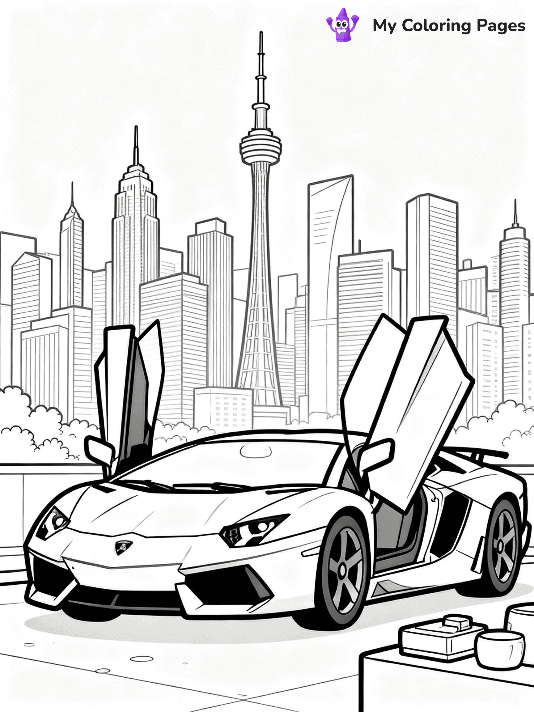 ⚠️ CRITICAL REQUIREMENT - ABSOLUTE BLACK AND WHITE ONLY ⚠️
This MUST be a BLACK AND WHITE line drawing ONLY. NO COLORS whatsoever.
- ONLY pure black lines (#000000) on pure white background (#FFFFFF)
- ABSOLUTELY NO colors, NO shading, NO gradients, NO grayscale
- If there are ANY colors in the output, the image is REJECTED
- This is a COLORING PAGE - meant to be COLORED IN by children
- The output must be UNCOLORED line art ready for coloring
⚠️ SUBJECT TO DRAW: Lamborghini Aventador with scissor doors raised, parked in front of modern city skyline. Important: PURE OUTLINES. NO FILLS, COLOR, SHADING, OR GREYSCALE. WHITE BACKGROUND.
(REMEMBER: Output must be BLACK AND WHITE line art only, NOT colored!)
# Flat, Friendly Cartoon Line-Art Coloring Page
You are generating a **pure black-and-white binary image** of a child-friendly cartoon scene combining characters and background scenery in one cohesive composition.
## Rendering Rules (Strict)
- Only two colors: pure black (#000000) outlines and pure white (#FFFFFF) background.
- No grayscale, shading, gradients, tints, fills, transparency, or partial pixels.
- No antialiasing or blended edges; every pixel is 100% black or white.
- No solid black fills inside shapes — all areas inside outlines must remain white.
- No dark clothing areas or filled tone blocks; all garments outlined only.
- No shadows, textures, lighting, or tonal variations.
- Must look like flat binary vector line-art for coloring pages.
## Drawing & Composition
- **Medium, consistent line weight**; clean closed outlines easy to color inside.
- **Flat, simple, child-friendly design** — no realism or 3D depth.
- Characters are **grounded on a surface**, centered and large.
- **Balanced composition** with clear silhouettes and minimal props.
## Scenery & Style
- Landmarks (e.g., mosque, CN Tower) and scenery (trees, benches, waves) drawn with **black outlines only.**
- For real-world figures, teams, or places, show accurate details using only black outlines—no text or logos. Use distinctive uniform patterns, abstract symbols, and landmark silhouettes to convey identity.
- Keep **consistent perspective**; no floating elements.
- **Style:** whimsical **Doodle Art Alley** — rounded, friendly outlines.
- May adapt shapes from **Crayola, Disney, Peppa Pig, Cocomelon** — *by shape only, never color.*
- Final output: **flat, crisp, binary (#000000/#FFFFFF)**, **no filled color or background text.**
EXTREMELYE IMPORTANT:
- PURE BINARY LINE-ART; NO FILLS (HAIR/CLOTHES/SKIN), SHADING, OR GREY.
- NO SHADING, COLOR. MUST BE WHITE BACKGROUND.
⚠️ FINAL REMINDER: Draw the subject "Lamborghini Aventador with scissor doors raised, parked in front of modern city skyline. Important: PURE OUTLINES. NO FILLS, COLOR, SHADING, OR GREYSCALE. WHITE BACKGROUND." as BLACK AND WHITE line art. Zero colors in output.
