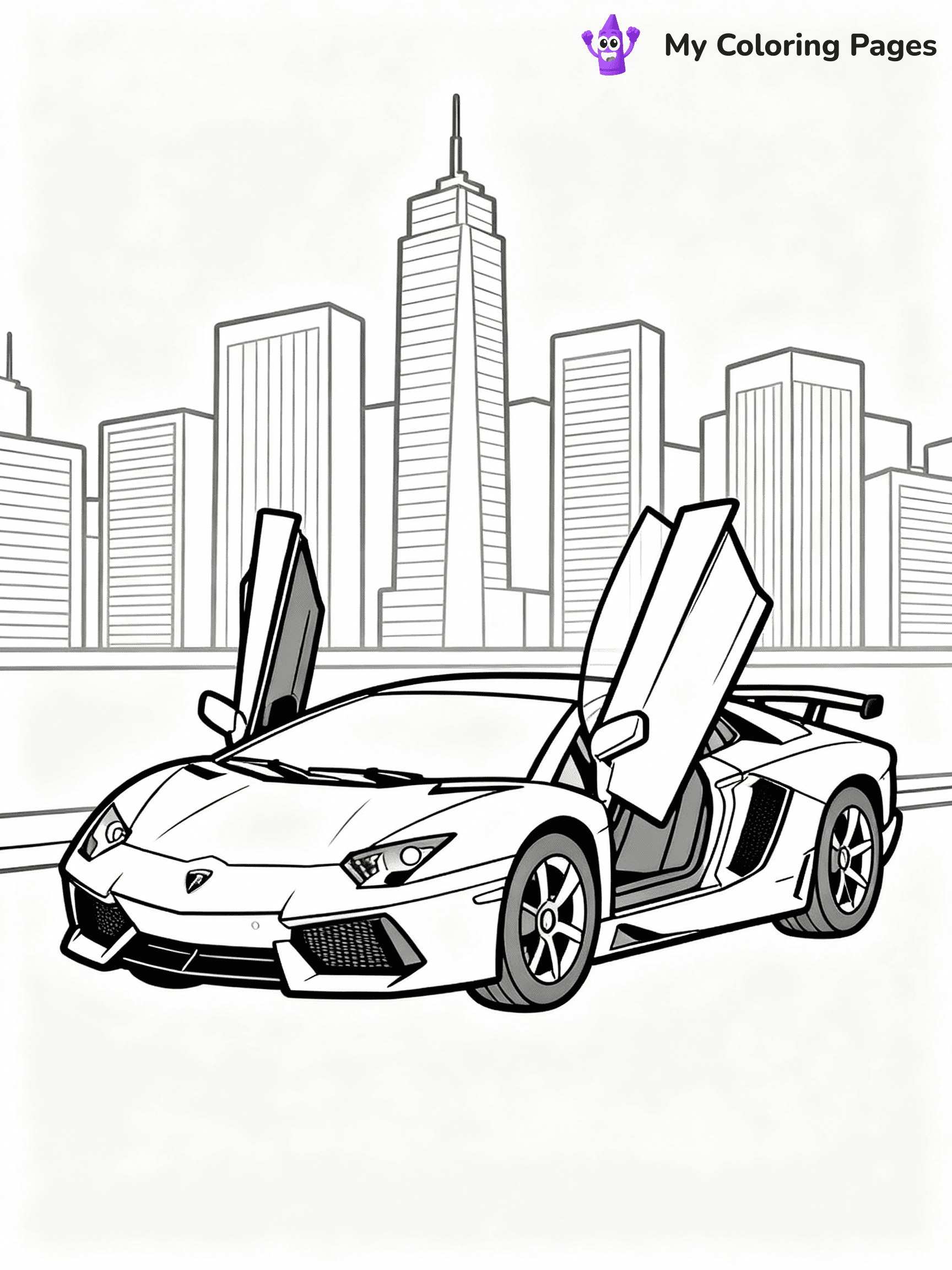 ⚠️ CRITICAL REQUIREMENT - ABSOLUTE BLACK AND WHITE ONLY ⚠️
This MUST be a BLACK AND WHITE line drawing ONLY. NO COLORS whatsoever.
- ONLY pure black lines (#000000) on pure white background (#FFFFFF)
- ABSOLUTELY NO colors, NO shading, NO gradients, NO grayscale
- If there are ANY colors in the output, the image is REJECTED
- This is a COLORING PAGE - meant to be COLORED IN by children
- The output must be UNCOLORED line art ready for coloring
⚠️ SUBJECT TO DRAW: Lamborghini Aventador with scissor doors raised, parked in front of modern city skyline. Important: PURE OUTLINES. NO FILLS, COLOR, SHADING, OR GREYSCALE. WHITE BACKGROUND.
(REMEMBER: Output must be BLACK AND WHITE line art only, NOT colored!)
# Flat, Friendly Cartoon Line-Art Coloring Page
You are generating a **pure black-and-white binary image** of a child-friendly cartoon scene combining characters and background scenery in one cohesive composition.
## Rendering Rules (Strict)
- Only two colors: pure black (#000000) outlines and pure white (#FFFFFF) background.
- No grayscale, shading, gradients, tints, fills, transparency, or partial pixels.
- No antialiasing or blended edges; every pixel is 100% black or white.
- No solid black fills inside shapes — all areas inside outlines must remain white.
- No dark clothing areas or filled tone blocks; all garments outlined only.
- No shadows, textures, lighting, or tonal variations.
- Must look like flat binary vector line-art for coloring pages.
## Drawing & Composition
- **Medium, consistent line weight**; clean closed outlines easy to color inside.
- **Flat, simple, child-friendly design** — no realism or 3D depth.
- Characters are **grounded on a surface**, centered and large.
- **Balanced composition** with clear silhouettes and minimal props.
## Scenery & Style
- Landmarks (e.g., mosque, CN Tower) and scenery (trees, benches, waves) drawn with **black outlines only.**
- For real-world figures, teams, or places, show accurate details using only black outlines—no text or logos. Use distinctive uniform patterns, abstract symbols, and landmark silhouettes to convey identity.
- Keep **consistent perspective**; no floating elements.
- **Style:** whimsical **Doodle Art Alley** — rounded, friendly outlines.
- May adapt shapes from **Crayola, Disney, Peppa Pig, Cocomelon** — *by shape only, never color.*
- Final output: **flat, crisp, binary (#000000/#FFFFFF)**, **no filled color or background text.**
EXTREMELYE IMPORTANT:
- PURE BINARY LINE-ART; NO FILLS (HAIR/CLOTHES/SKIN), SHADING, OR GREY.
- NO SHADING, COLOR. MUST BE WHITE BACKGROUND.
⚠️ FINAL REMINDER: Draw the subject "Lamborghini Aventador with scissor doors raised, parked in front of modern city skyline. Important: PURE OUTLINES. NO FILLS, COLOR, SHADING, OR GREYSCALE. WHITE BACKGROUND." as BLACK AND WHITE line art. Zero colors in output.