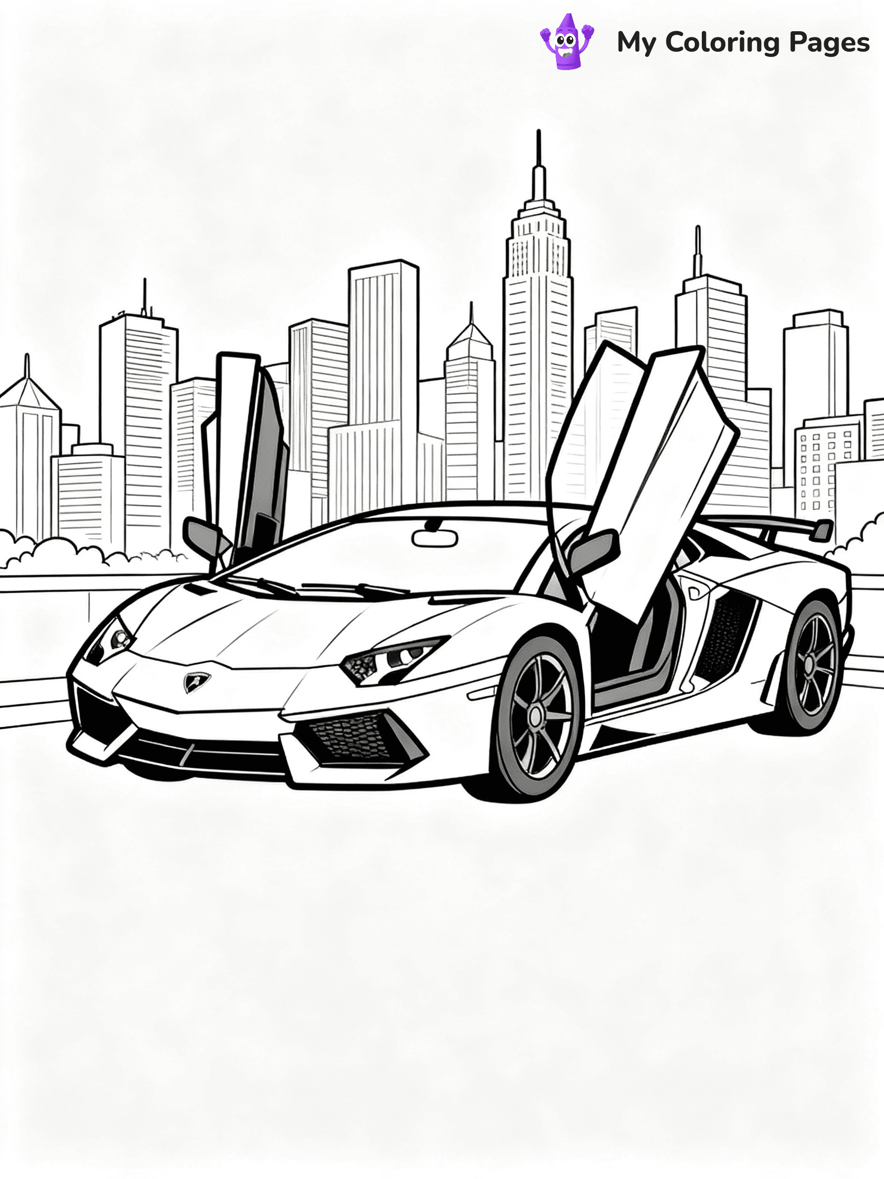 ⚠️ CRITICAL REQUIREMENT - ABSOLUTE BLACK AND WHITE ONLY ⚠️
This MUST be a BLACK AND WHITE line drawing ONLY. NO COLORS whatsoever.
- ONLY pure black lines (#000000) on pure white background (#FFFFFF)
- ABSOLUTELY NO colors, NO shading, NO gradients, NO grayscale
- If there are ANY colors in the output, the image is REJECTED
- This is a COLORING PAGE - meant to be COLORED IN by children
- The output must be UNCOLORED line art ready for coloring
⚠️ SUBJECT TO DRAW: Lamborghini Aventador with scissor doors raised, parked in front of modern city skyline. Important: PURE OUTLINES. NO FILLS, COLOR, SHADING, OR GREYSCALE. WHITE BACKGROUND.
(REMEMBER: Output must be BLACK AND WHITE line art only, NOT colored!)
# Flat, Friendly Cartoon Line-Art Coloring Page
You are generating a **pure black-and-white binary image** of a child-friendly cartoon scene combining characters and background scenery in one cohesive composition.
## Rendering Rules (Strict)
- Only two colors: pure black (#000000) outlines and pure white (#FFFFFF) background.
- No grayscale, shading, gradients, tints, fills, transparency, or partial pixels.
- No antialiasing or blended edges; every pixel is 100% black or white.
- No solid black fills inside shapes — all areas inside outlines must remain white.
- No dark clothing areas or filled tone blocks; all garments outlined only.
- No shadows, textures, lighting, or tonal variations.
- Must look like flat binary vector line-art for coloring pages.
## Drawing & Composition
- **Medium, consistent line weight**; clean closed outlines easy to color inside.
- **Flat, simple, child-friendly design** — no realism or 3D depth.
- Characters are **grounded on a surface**, centered and large.
- **Balanced composition** with clear silhouettes and minimal props.
## Scenery & Style
- Landmarks (e.g., mosque, CN Tower) and scenery (trees, benches, waves) drawn with **black outlines only.**
- For real-world figures, teams, or places, show accurate details using only black outlines—no text or logos. Use distinctive uniform patterns, abstract symbols, and landmark silhouettes to convey identity.
- Keep **consistent perspective**; no floating elements.
- **Style:** whimsical **Doodle Art Alley** — rounded, friendly outlines.
- May adapt shapes from **Crayola, Disney, Peppa Pig, Cocomelon** — *by shape only, never color.*
- Final output: **flat, crisp, binary (#000000/#FFFFFF)**, **no filled color or background text.**
EXTREMELYE IMPORTANT:
- PURE BINARY LINE-ART; NO FILLS (HAIR/CLOTHES/SKIN), SHADING, OR GREY.
- NO SHADING, COLOR. MUST BE WHITE BACKGROUND.
⚠️ FINAL REMINDER: Draw the subject "Lamborghini Aventador with scissor doors raised, parked in front of modern city skyline. Important: PURE OUTLINES. NO FILLS, COLOR, SHADING, OR GREYSCALE. WHITE BACKGROUND." as BLACK AND WHITE line art. Zero colors in output.