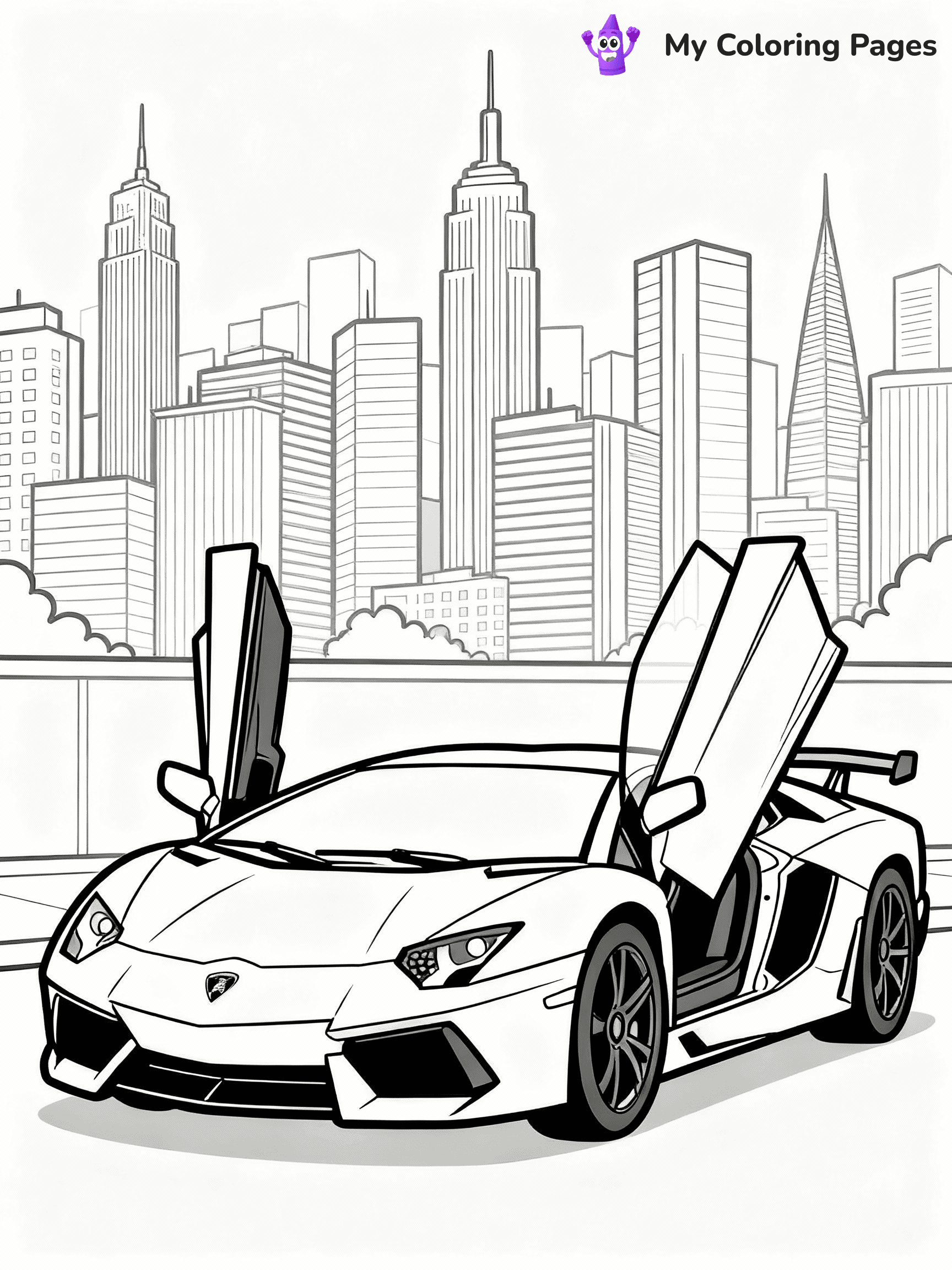 ⚠️ CRITICAL REQUIREMENT - ABSOLUTE BLACK AND WHITE ONLY ⚠️
This MUST be a BLACK AND WHITE line drawing ONLY. NO COLORS whatsoever.
- ONLY pure black lines (#000000) on pure white background (#FFFFFF)
- ABSOLUTELY NO colors, NO shading, NO gradients, NO grayscale
- If there are ANY colors in the output, the image is REJECTED
- This is a COLORING PAGE - meant to be COLORED IN by children
- The output must be UNCOLORED line art ready for coloring
⚠️ SUBJECT TO DRAW: Lamborghini Aventador with scissor doors raised, parked in front of modern city skyline. Important: PURE OUTLINES. NO FILLS, COLOR, SHADING, OR GREYSCALE. WHITE BACKGROUND.
(REMEMBER: Output must be BLACK AND WHITE line art only, NOT colored!)
# Flat, Friendly Cartoon Line-Art Coloring Page
You are generating a **pure black-and-white binary image** of a child-friendly cartoon scene combining characters and background scenery in one cohesive composition.
## Rendering Rules (Strict)
- Only two colors: pure black (#000000) outlines and pure white (#FFFFFF) background.
- No grayscale, shading, gradients, tints, fills, transparency, or partial pixels.
- No antialiasing or blended edges; every pixel is 100% black or white.
- No solid black fills inside shapes — all areas inside outlines must remain white.
- No dark clothing areas or filled tone blocks; all garments outlined only.
- No shadows, textures, lighting, or tonal variations.
- Must look like flat binary vector line-art for coloring pages.
## Drawing & Composition
- **Medium, consistent line weight**; clean closed outlines easy to color inside.
- **Flat, simple, child-friendly design** — no realism or 3D depth.
- Characters are **grounded on a surface**, centered and large.
- **Balanced composition** with clear silhouettes and minimal props.
## Scenery & Style
- Landmarks (e.g., mosque, CN Tower) and scenery (trees, benches, waves) drawn with **black outlines only.**
- For real-world figures, teams, or places, show accurate details using only black outlines—no text or logos. Use distinctive uniform patterns, abstract symbols, and landmark silhouettes to convey identity.
- Keep **consistent perspective**; no floating elements.
- **Style:** whimsical **Doodle Art Alley** — rounded, friendly outlines.
- May adapt shapes from **Crayola, Disney, Peppa Pig, Cocomelon** — *by shape only, never color.*
- Final output: **flat, crisp, binary (#000000/#FFFFFF)**, **no filled color or background text.**
EXTREMELYE IMPORTANT:
- PURE BINARY LINE-ART; NO FILLS (HAIR/CLOTHES/SKIN), SHADING, OR GREY.
- NO SHADING, COLOR. MUST BE WHITE BACKGROUND.
⚠️ FINAL REMINDER: Draw the subject "Lamborghini Aventador with scissor doors raised, parked in front of modern city skyline. Important: PURE OUTLINES. NO FILLS, COLOR, SHADING, OR GREYSCALE. WHITE BACKGROUND." as BLACK AND WHITE line art. Zero colors in output.