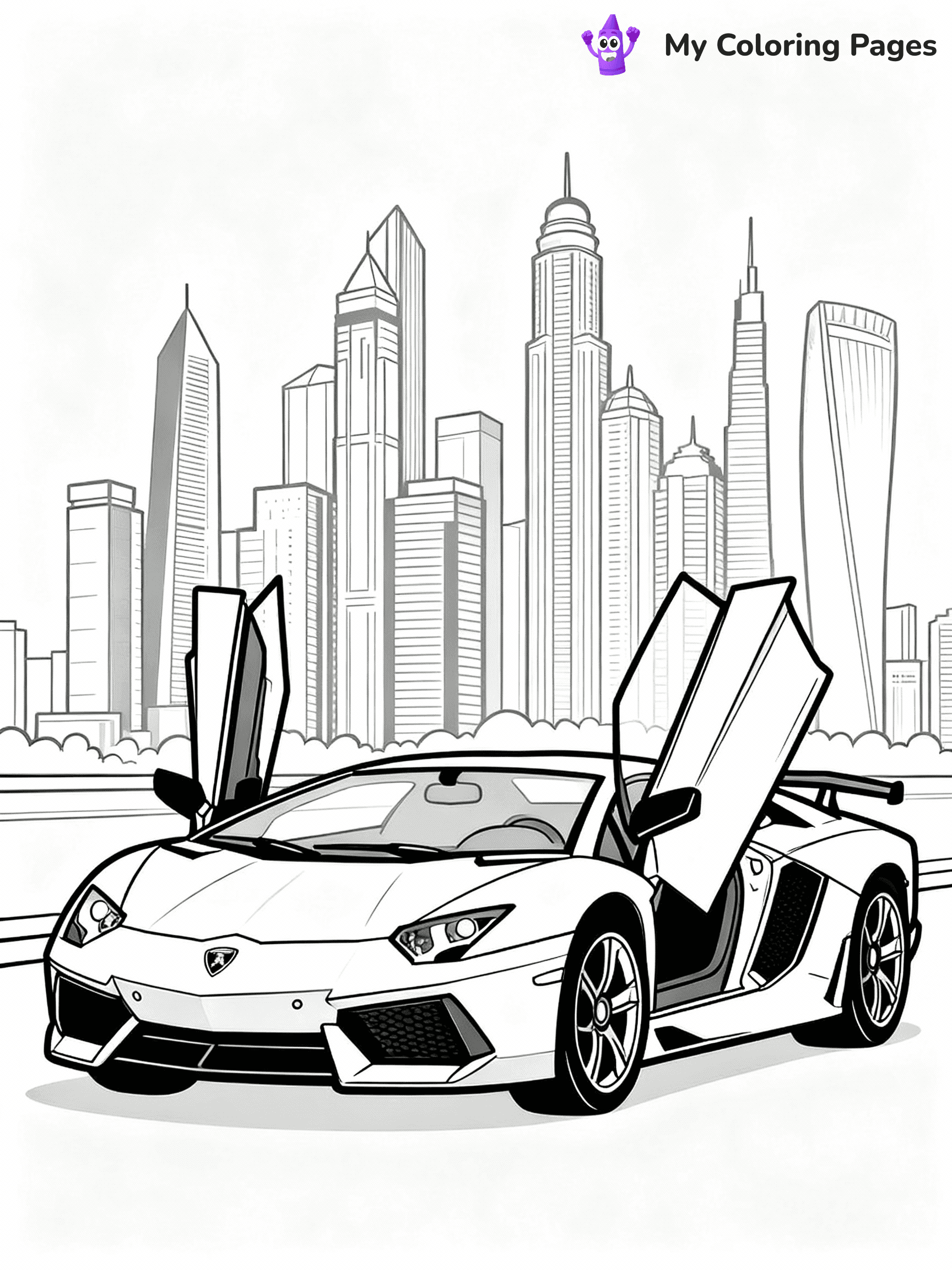 ⚠️ CRITICAL REQUIREMENT - ABSOLUTE BLACK AND WHITE ONLY ⚠️
This MUST be a BLACK AND WHITE line drawing ONLY. NO COLORS whatsoever.
- ONLY pure black lines (#000000) on pure white background (#FFFFFF)
- ABSOLUTELY NO colors, NO shading, NO gradients, NO grayscale
- If there are ANY colors in the output, the image is REJECTED
- This is a COLORING PAGE - meant to be COLORED IN by children
- The output must be UNCOLORED line art ready for coloring
⚠️ SUBJECT TO DRAW: Lamborghini Aventador with scissor doors raised, parked in front of modern city skyline. Important: PURE OUTLINES. NO FILLS, COLOR, SHADING, OR GREYSCALE. WHITE BACKGROUND.
(REMEMBER: Output must be BLACK AND WHITE line art only, NOT colored!)
# Flat, Friendly Cartoon Line-Art Coloring Page
You are generating a **pure black-and-white binary image** of a child-friendly cartoon scene combining characters and background scenery in one cohesive composition.
## Rendering Rules (Strict)
- Only two colors: pure black (#000000) outlines and pure white (#FFFFFF) background.
- No grayscale, shading, gradients, tints, fills, transparency, or partial pixels.
- No antialiasing or blended edges; every pixel is 100% black or white.
- No solid black fills inside shapes — all areas inside outlines must remain white.
- No dark clothing areas or filled tone blocks; all garments outlined only.
- No shadows, textures, lighting, or tonal variations.
- Must look like flat binary vector line-art for coloring pages.
## Drawing & Composition
- **Medium, consistent line weight**; clean closed outlines easy to color inside.
- **Flat, simple, child-friendly design** — no realism or 3D depth.
- Characters are **grounded on a surface**, centered and large.
- **Balanced composition** with clear silhouettes and minimal props.
## Scenery & Style
- Landmarks (e.g., mosque, CN Tower) and scenery (trees, benches, waves) drawn with **black outlines only.**
- For real-world figures, teams, or places, show accurate details using only black outlines—no text or logos. Use distinctive uniform patterns, abstract symbols, and landmark silhouettes to convey identity.
- Keep **consistent perspective**; no floating elements.
- **Style:** whimsical **Doodle Art Alley** — rounded, friendly outlines.
- May adapt shapes from **Crayola, Disney, Peppa Pig, Cocomelon** — *by shape only, never color.*
- Final output: **flat, crisp, binary (#000000/#FFFFFF)**, **no filled color or background text.**
EXTREMELYE IMPORTANT:
- PURE BINARY LINE-ART; NO FILLS (HAIR/CLOTHES/SKIN), SHADING, OR GREY.
- NO SHADING, COLOR. MUST BE WHITE BACKGROUND.
⚠️ FINAL REMINDER: Draw the subject "Lamborghini Aventador with scissor doors raised, parked in front of modern city skyline. Important: PURE OUTLINES. NO FILLS, COLOR, SHADING, OR GREYSCALE. WHITE BACKGROUND." as BLACK AND WHITE line art. Zero colors in output.