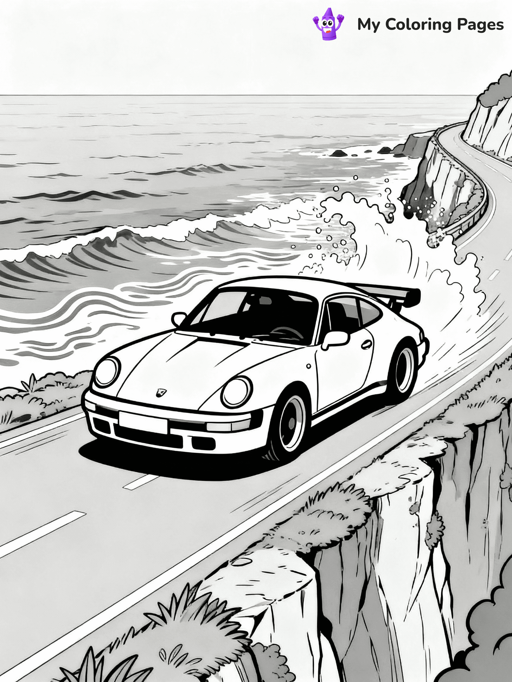 ⚠️ CRITICAL REQUIREMENT - ABSOLUTE BLACK AND WHITE ONLY ⚠️
This MUST be a BLACK AND WHITE line drawing ONLY. NO COLORS whatsoever.
- ONLY pure black lines (#000000) on pure white background (#FFFFFF)
- ABSOLUTELY NO colors, NO shading, NO gradients, NO grayscale
- If there are ANY colors in the output, the image is REJECTED
- This is a COLORING PAGE - meant to be COLORED IN by children
- The output must be UNCOLORED line art ready for coloring
⚠️ SUBJECT TO DRAW: Porsche 911 Turbo racing along coastal cliff road, ocean spray behind. Important: PURE OUTLINES. NO FILLS, COLOR, SHADING, OR GREYSCALE. WHITE BACKGROUND.
(REMEMBER: Output must be BLACK AND WHITE line art only, NOT colored!)
# Flat, Friendly Cartoon Line-Art Coloring Page
You are generating a **pure black-and-white binary image** of a child-friendly cartoon scene combining characters and background scenery in one cohesive composition.
## Rendering Rules (Strict)
- Only two colors: pure black (#000000) outlines and pure white (#FFFFFF) background.
- No grayscale, shading, gradients, tints, fills, transparency, or partial pixels.
- No antialiasing or blended edges; every pixel is 100% black or white.
- No solid black fills inside shapes — all areas inside outlines must remain white.
- No dark clothing areas or filled tone blocks; all garments outlined only.
- No shadows, textures, lighting, or tonal variations.
- Must look like flat binary vector line-art for coloring pages.
## Drawing & Composition
- **Medium, consistent line weight**; clean closed outlines easy to color inside.
- **Flat, simple, child-friendly design** — no realism or 3D depth.
- Characters are **grounded on a surface**, centered and large.
- **Balanced composition** with clear silhouettes and minimal props.
## Scenery & Style
- Landmarks (e.g., mosque, CN Tower) and scenery (trees, benches, waves) drawn with **black outlines only.**
- For real-world figures, teams, or places, show accurate details using only black outlines—no text or logos. Use distinctive uniform patterns, abstract symbols, and landmark silhouettes to convey identity.
- Keep **consistent perspective**; no floating elements.
- **Style:** whimsical **Doodle Art Alley** — rounded, friendly outlines.
- May adapt shapes from **Crayola, Disney, Peppa Pig, Cocomelon** — *by shape only, never color.*
- Final output: **flat, crisp, binary (#000000/#FFFFFF)**, **no filled color or background text.**
EXTREMELYE IMPORTANT:
- PURE BINARY LINE-ART; NO FILLS (HAIR/CLOTHES/SKIN), SHADING, OR GREY.
- NO SHADING, COLOR. MUST BE WHITE BACKGROUND.
⚠️ FINAL REMINDER: Draw the subject "Porsche 911 Turbo racing along coastal cliff road, ocean spray behind. Important: PURE OUTLINES. NO FILLS, COLOR, SHADING, OR GREYSCALE. WHITE BACKGROUND." as BLACK AND WHITE line art. Zero colors in output.