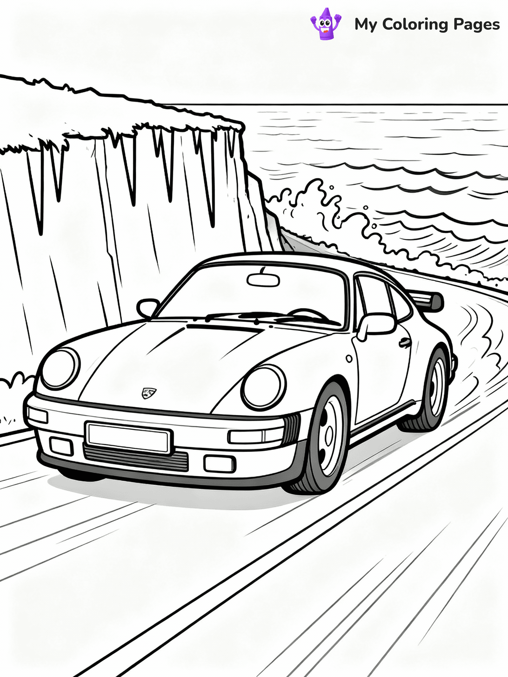 ⚠️ CRITICAL REQUIREMENT - ABSOLUTE BLACK AND WHITE ONLY ⚠️
This MUST be a BLACK AND WHITE line drawing ONLY. NO COLORS whatsoever.
- ONLY pure black lines (#000000) on pure white background (#FFFFFF)
- ABSOLUTELY NO colors, NO shading, NO gradients, NO grayscale
- If there are ANY colors in the output, the image is REJECTED
- This is a COLORING PAGE - meant to be COLORED IN by children
- The output must be UNCOLORED line art ready for coloring
⚠️ SUBJECT TO DRAW: Porsche 911 Turbo racing along coastal cliff road, ocean spray behind. Important: PURE OUTLINES. NO FILLS, COLOR, SHADING, OR GREYSCALE. WHITE BACKGROUND.
(REMEMBER: Output must be BLACK AND WHITE line art only, NOT colored!)
# Flat, Friendly Cartoon Line-Art Coloring Page
You are generating a **pure black-and-white binary image** of a child-friendly cartoon scene combining characters and background scenery in one cohesive composition.
## Rendering Rules (Strict)
- Only two colors: pure black (#000000) outlines and pure white (#FFFFFF) background.
- No grayscale, shading, gradients, tints, fills, transparency, or partial pixels.
- No antialiasing or blended edges; every pixel is 100% black or white.
- No solid black fills inside shapes — all areas inside outlines must remain white.
- No dark clothing areas or filled tone blocks; all garments outlined only.
- No shadows, textures, lighting, or tonal variations.
- Must look like flat binary vector line-art for coloring pages.
## Drawing & Composition
- **Medium, consistent line weight**; clean closed outlines easy to color inside.
- **Flat, simple, child-friendly design** — no realism or 3D depth.
- Characters are **grounded on a surface**, centered and large.
- **Balanced composition** with clear silhouettes and minimal props.
## Scenery & Style
- Landmarks (e.g., mosque, CN Tower) and scenery (trees, benches, waves) drawn with **black outlines only.**
- For real-world figures, teams, or places, show accurate details using only black outlines—no text or logos. Use distinctive uniform patterns, abstract symbols, and landmark silhouettes to convey identity.
- Keep **consistent perspective**; no floating elements.
- **Style:** whimsical **Doodle Art Alley** — rounded, friendly outlines.
- May adapt shapes from **Crayola, Disney, Peppa Pig, Cocomelon** — *by shape only, never color.*
- Final output: **flat, crisp, binary (#000000/#FFFFFF)**, **no filled color or background text.**
EXTREMELYE IMPORTANT:
- PURE BINARY LINE-ART; NO FILLS (HAIR/CLOTHES/SKIN), SHADING, OR GREY.
- NO SHADING, COLOR. MUST BE WHITE BACKGROUND.
⚠️ FINAL REMINDER: Draw the subject "Porsche 911 Turbo racing along coastal cliff road, ocean spray behind. Important: PURE OUTLINES. NO FILLS, COLOR, SHADING, OR GREYSCALE. WHITE BACKGROUND." as BLACK AND WHITE line art. Zero colors in output.