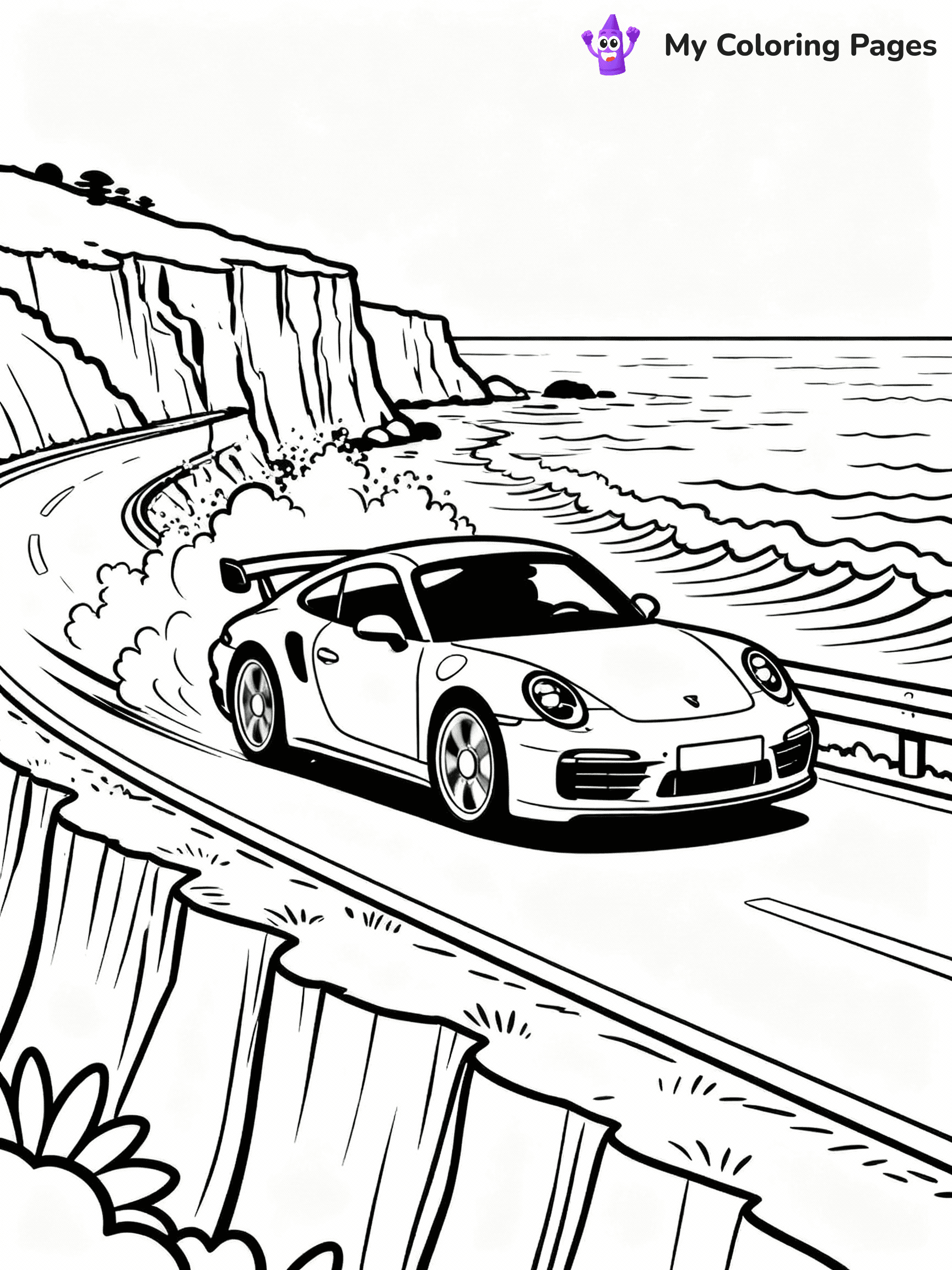 ⚠️ CRITICAL REQUIREMENT - ABSOLUTE BLACK AND WHITE ONLY ⚠️
This MUST be a BLACK AND WHITE line drawing ONLY. NO COLORS whatsoever.
- ONLY pure black lines (#000000) on pure white background (#FFFFFF)
- ABSOLUTELY NO colors, NO shading, NO gradients, NO grayscale
- If there are ANY colors in the output, the image is REJECTED
- This is a COLORING PAGE - meant to be COLORED IN by children
- The output must be UNCOLORED line art ready for coloring
⚠️ SUBJECT TO DRAW: Porsche 911 Turbo racing along coastal cliff road, ocean spray behind. Important: PURE OUTLINES. NO FILLS, COLOR, SHADING, OR GREYSCALE. WHITE BACKGROUND.
(REMEMBER: Output must be BLACK AND WHITE line art only, NOT colored!)
# Flat, Friendly Cartoon Line-Art Coloring Page
You are generating a **pure black-and-white binary image** of a child-friendly cartoon scene combining characters and background scenery in one cohesive composition.
## Rendering Rules (Strict)
- Only two colors: pure black (#000000) outlines and pure white (#FFFFFF) background.
- No grayscale, shading, gradients, tints, fills, transparency, or partial pixels.
- No antialiasing or blended edges; every pixel is 100% black or white.
- No solid black fills inside shapes — all areas inside outlines must remain white.
- No dark clothing areas or filled tone blocks; all garments outlined only.
- No shadows, textures, lighting, or tonal variations.
- Must look like flat binary vector line-art for coloring pages.
## Drawing & Composition
- **Medium, consistent line weight**; clean closed outlines easy to color inside.
- **Flat, simple, child-friendly design** — no realism or 3D depth.
- Characters are **grounded on a surface**, centered and large.
- **Balanced composition** with clear silhouettes and minimal props.
## Scenery & Style
- Landmarks (e.g., mosque, CN Tower) and scenery (trees, benches, waves) drawn with **black outlines only.**
- For real-world figures, teams, or places, show accurate details using only black outlines—no text or logos. Use distinctive uniform patterns, abstract symbols, and landmark silhouettes to convey identity.
- Keep **consistent perspective**; no floating elements.
- **Style:** whimsical **Doodle Art Alley** — rounded, friendly outlines.
- May adapt shapes from **Crayola, Disney, Peppa Pig, Cocomelon** — *by shape only, never color.*
- Final output: **flat, crisp, binary (#000000/#FFFFFF)**, **no filled color or background text.**
EXTREMELYE IMPORTANT:
- PURE BINARY LINE-ART; NO FILLS (HAIR/CLOTHES/SKIN), SHADING, OR GREY.
- NO SHADING, COLOR. MUST BE WHITE BACKGROUND.
⚠️ FINAL REMINDER: Draw the subject "Porsche 911 Turbo racing along coastal cliff road, ocean spray behind. Important: PURE OUTLINES. NO FILLS, COLOR, SHADING, OR GREYSCALE. WHITE BACKGROUND." as BLACK AND WHITE line art. Zero colors in output.