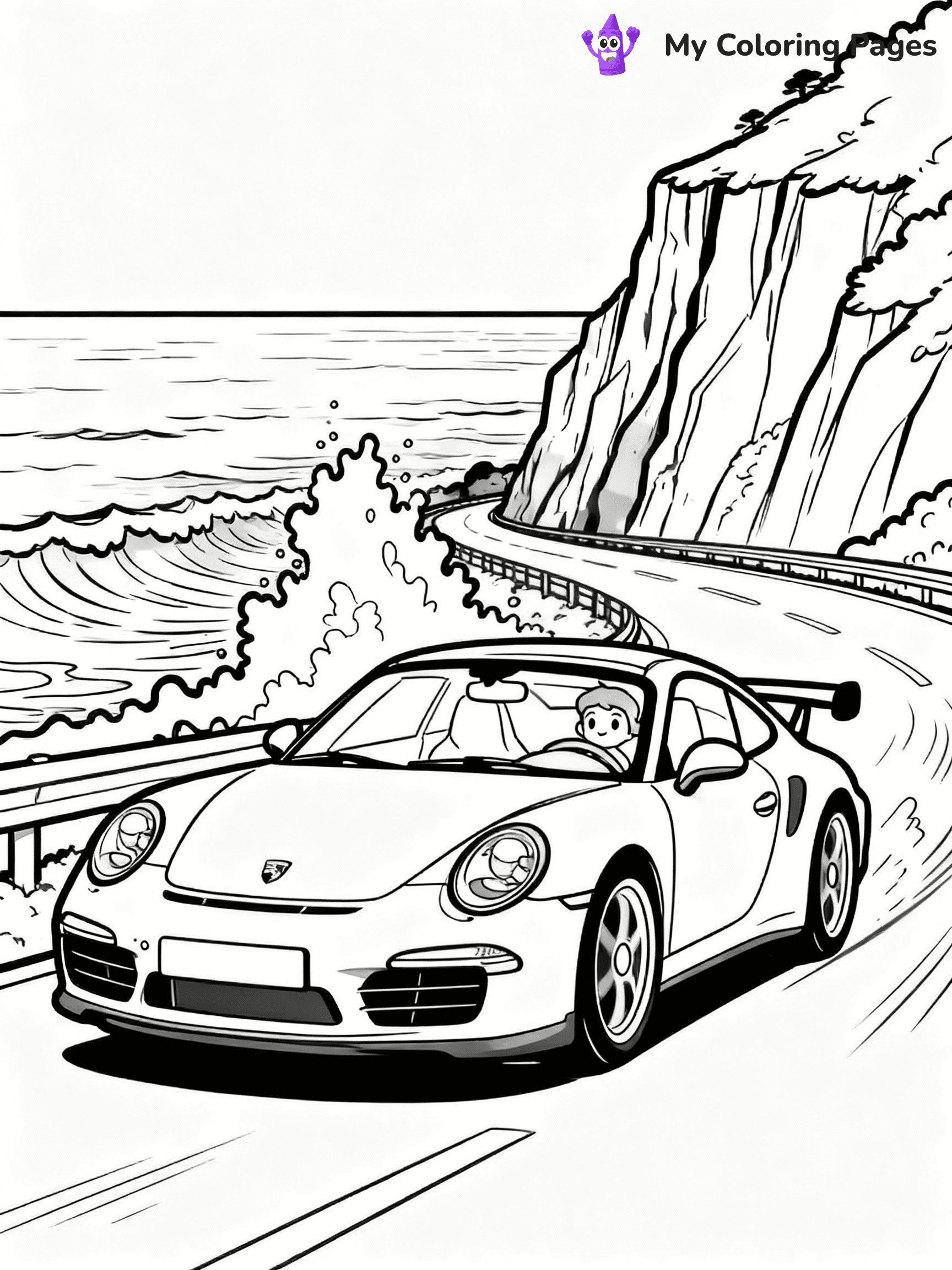 ⚠️ CRITICAL REQUIREMENT - ABSOLUTE BLACK AND WHITE ONLY ⚠️
This MUST be a BLACK AND WHITE line drawing ONLY. NO COLORS whatsoever.
- ONLY pure black lines (#000000) on pure white background (#FFFFFF)
- ABSOLUTELY NO colors, NO shading, NO gradients, NO grayscale
- If there are ANY colors in the output, the image is REJECTED
- This is a COLORING PAGE - meant to be COLORED IN by children
- The output must be UNCOLORED line art ready for coloring
⚠️ SUBJECT TO DRAW: Porsche 911 Turbo racing along coastal cliff road, ocean spray behind. Important: PURE OUTLINES. NO FILLS, COLOR, SHADING, OR GREYSCALE. WHITE BACKGROUND.
(REMEMBER: Output must be BLACK AND WHITE line art only, NOT colored!)
# Flat, Friendly Cartoon Line-Art Coloring Page
You are generating a **pure black-and-white binary image** of a child-friendly cartoon scene combining characters and background scenery in one cohesive composition.
## Rendering Rules (Strict)
- Only two colors: pure black (#000000) outlines and pure white (#FFFFFF) background.
- No grayscale, shading, gradients, tints, fills, transparency, or partial pixels.
- No antialiasing or blended edges; every pixel is 100% black or white.
- No solid black fills inside shapes — all areas inside outlines must remain white.
- No dark clothing areas or filled tone blocks; all garments outlined only.
- No shadows, textures, lighting, or tonal variations.
- Must look like flat binary vector line-art for coloring pages.
## Drawing & Composition
- **Medium, consistent line weight**; clean closed outlines easy to color inside.
- **Flat, simple, child-friendly design** — no realism or 3D depth.
- Characters are **grounded on a surface**, centered and large.
- **Balanced composition** with clear silhouettes and minimal props.
## Scenery & Style
- Landmarks (e.g., mosque, CN Tower) and scenery (trees, benches, waves) drawn with **black outlines only.**
- For real-world figures, teams, or places, show accurate details using only black outlines—no text or logos. Use distinctive uniform patterns, abstract symbols, and landmark silhouettes to convey identity.
- Keep **consistent perspective**; no floating elements.
- **Style:** whimsical **Doodle Art Alley** — rounded, friendly outlines.
- May adapt shapes from **Crayola, Disney, Peppa Pig, Cocomelon** — *by shape only, never color.*
- Final output: **flat, crisp, binary (#000000/#FFFFFF)**, **no filled color or background text.**
EXTREMELYE IMPORTANT:
- PURE BINARY LINE-ART; NO FILLS (HAIR/CLOTHES/SKIN), SHADING, OR GREY.
- NO SHADING, COLOR. MUST BE WHITE BACKGROUND.
⚠️ FINAL REMINDER: Draw the subject "Porsche 911 Turbo racing along coastal cliff road, ocean spray behind. Important: PURE OUTLINES. NO FILLS, COLOR, SHADING, OR GREYSCALE. WHITE BACKGROUND." as BLACK AND WHITE line art. Zero colors in output.