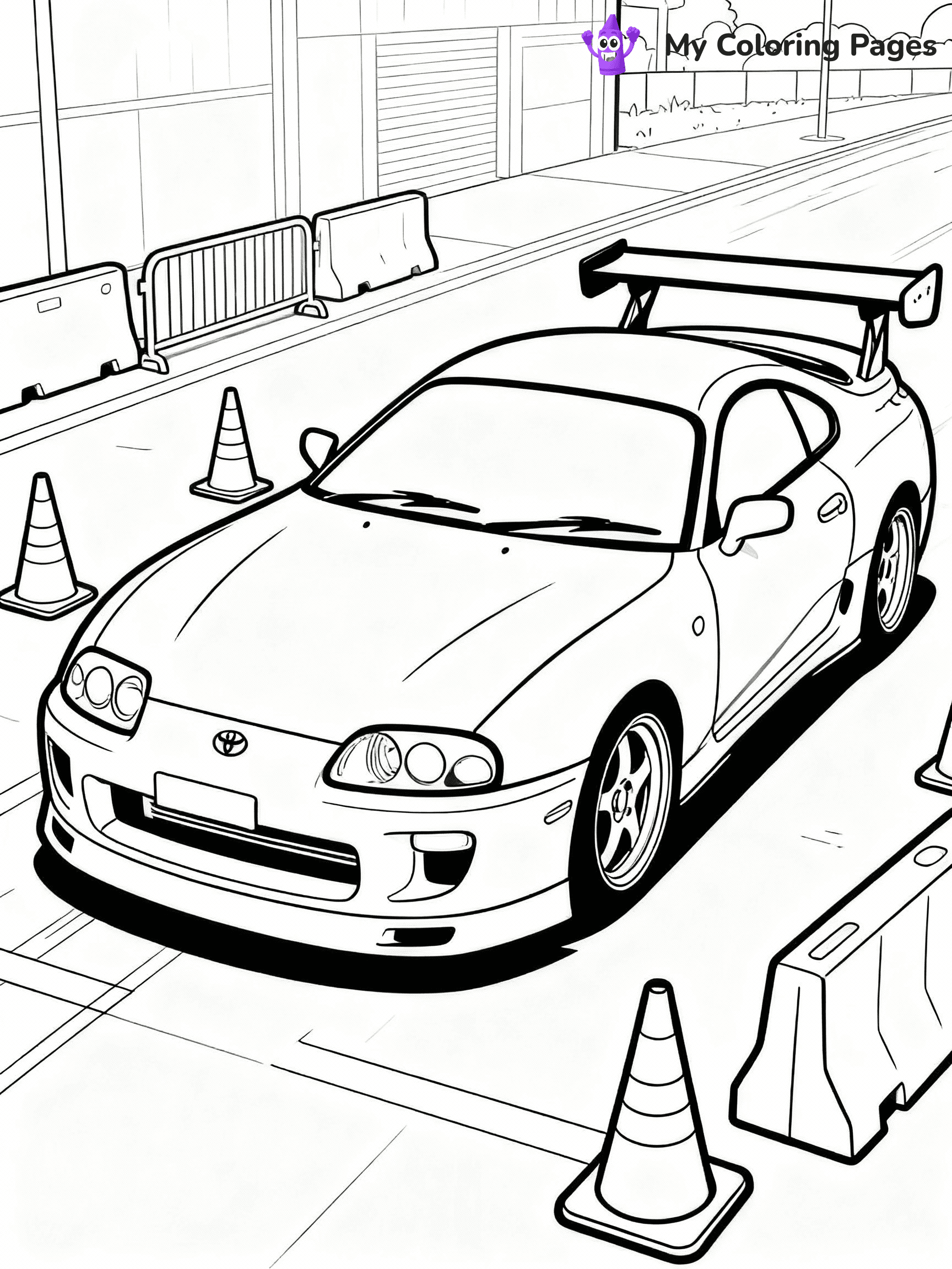 ⚠️ CRITICAL REQUIREMENT - ABSOLUTE BLACK AND WHITE ONLY ⚠️
This MUST be a BLACK AND WHITE line drawing ONLY. NO COLORS whatsoever.
- ONLY pure black lines (#000000) on pure white background (#FFFFFF)
- ABSOLUTELY NO colors, NO shading, NO gradients, NO grayscale
- If there are ANY colors in the output, the image is REJECTED
- This is a COLORING PAGE - meant to be COLORED IN by children
- The output must be UNCOLORED line art ready for coloring
⚠️ SUBJECT TO DRAW: Toyota Supra MK4 with large rear spoiler, parked at street-race meetup with cones and barriers. Important: PURE OUTLINES. NO FILLS, COLOR, SHADING, OR GREYSCALE. WHITE BACKGROUND.
(REMEMBER: Output must be BLACK AND WHITE line art only, NOT colored!)
# Flat, Friendly Cartoon Line-Art Coloring Page
You are generating a **pure black-and-white binary image** of a child-friendly cartoon scene combining characters and background scenery in one cohesive composition.
## Rendering Rules (Strict)
- Only two colors: pure black (#000000) outlines and pure white (#FFFFFF) background.
- No grayscale, shading, gradients, tints, fills, transparency, or partial pixels.
- No antialiasing or blended edges; every pixel is 100% black or white.
- No solid black fills inside shapes — all areas inside outlines must remain white.
- No dark clothing areas or filled tone blocks; all garments outlined only.
- No shadows, textures, lighting, or tonal variations.
- Must look like flat binary vector line-art for coloring pages.
## Drawing & Composition
- **Medium, consistent line weight**; clean closed outlines easy to color inside.
- **Flat, simple, child-friendly design** — no realism or 3D depth.
- Characters are **grounded on a surface**, centered and large.
- **Balanced composition** with clear silhouettes and minimal props.
## Scenery & Style
- Landmarks (e.g., mosque, CN Tower) and scenery (trees, benches, waves) drawn with **black outlines only.**
- For real-world figures, teams, or places, show accurate details using only black outlines—no text or logos. Use distinctive uniform patterns, abstract symbols, and landmark silhouettes to convey identity.
- Keep **consistent perspective**; no floating elements.
- **Style:** whimsical **Doodle Art Alley** — rounded, friendly outlines.
- May adapt shapes from **Crayola, Disney, Peppa Pig, Cocomelon** — *by shape only, never color.*
- Final output: **flat, crisp, binary (#000000/#FFFFFF)**, **no filled color or background text.**
EXTREMELYE IMPORTANT:
- PURE BINARY LINE-ART; NO FILLS (HAIR/CLOTHES/SKIN), SHADING, OR GREY.
- NO SHADING, COLOR. MUST BE WHITE BACKGROUND.
⚠️ FINAL REMINDER: Draw the subject "Toyota Supra MK4 with large rear spoiler, parked at street-race meetup with cones and barriers. Important: PURE OUTLINES. NO FILLS, COLOR, SHADING, OR GREYSCALE. WHITE BACKGROUND." as BLACK AND WHITE line art. Zero colors in output.