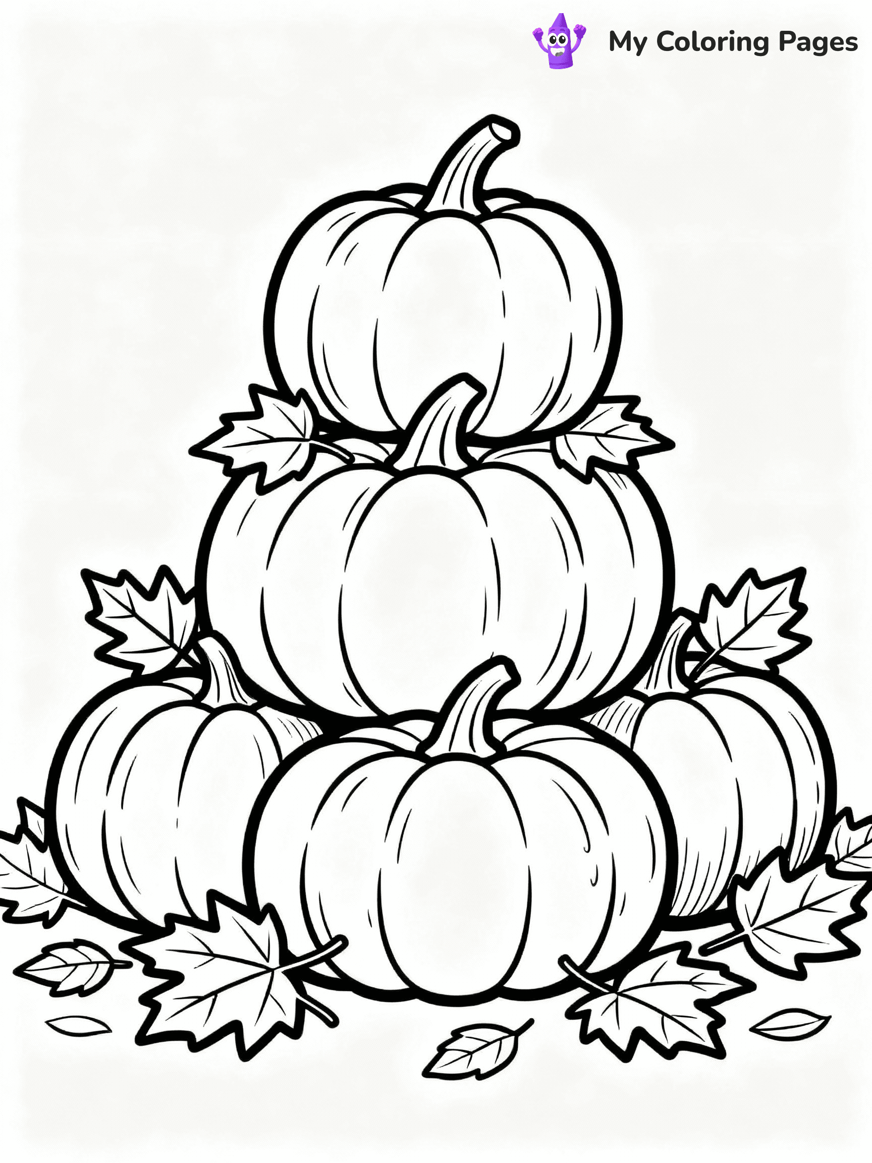 ⚠️ CRITICAL REQUIREMENT - ABSOLUTE BLACK AND WHITE ONLY ⚠️
This MUST be a BLACK AND WHITE line drawing ONLY. NO COLORS whatsoever.
- ONLY pure black lines (#000000) on pure white background (#FFFFFF)
- ABSOLUTELY NO colors, NO shading, NO gradients, NO grayscale
- If there are ANY colors in the output, the image is REJECTED
- This is a COLORING PAGE - meant to be COLORED IN by children
- The output must be UNCOLORED line art ready for coloring
⚠️ SUBJECT TO DRAW: Group of pumpkins stacked, with autumn leaves scattered around, textures detailed. Important: PURE OUTLINES. NO FILLS, COLOR, SHADING, OR GREYSCALE. WHITE BACKGROUND.
(REMEMBER: Output must be BLACK AND WHITE line art only, NOT colored!)
# Flat, Friendly Cartoon Line-Art Coloring Page
You are generating a **pure black-and-white binary image** of a child-friendly cartoon scene combining characters and background scenery in one cohesive composition.
## Rendering Rules (Strict)
- Only two colors: pure black (#000000) outlines and pure white (#FFFFFF) background.
- No grayscale, shading, gradients, tints, fills, transparency, or partial pixels.
- No antialiasing or blended edges; every pixel is 100% black or white.
- No solid black fills inside shapes — all areas inside outlines must remain white.
- No dark clothing areas or filled tone blocks; all garments outlined only.
- No shadows, textures, lighting, or tonal variations.
- Must look like flat binary vector line-art for coloring pages.
## Drawing & Composition
- **Medium, consistent line weight**; clean closed outlines easy to color inside.
- **Flat, simple, child-friendly design** — no realism or 3D depth.
- Characters are **grounded on a surface**, centered and large.
- **Balanced composition** with clear silhouettes and minimal props.
## Scenery & Style
- Landmarks (e.g., mosque, CN Tower) and scenery (trees, benches, waves) drawn with **black outlines only.**
- For real-world figures, teams, or places, show accurate details using only black outlines—no text or logos. Use distinctive uniform patterns, abstract symbols, and landmark silhouettes to convey identity.
- Keep **consistent perspective**; no floating elements.
- **Style:** whimsical **Doodle Art Alley** — rounded, friendly outlines.
- May adapt shapes from **Crayola, Disney, Peppa Pig, Cocomelon** — *by shape only, never color.*
- Final output: **flat, crisp, binary (#000000/#FFFFFF)**, **no filled color or background text.**
EXTREMELYE IMPORTANT:
- PURE BINARY LINE-ART; NO FILLS (HAIR/CLOTHES/SKIN), SHADING, OR GREY.
- NO SHADING, COLOR. MUST BE WHITE BACKGROUND.
⚠️ FINAL REMINDER: Draw the subject "Group of pumpkins stacked, with autumn leaves scattered around, textures detailed. Important: PURE OUTLINES. NO FILLS, COLOR, SHADING, OR GREYSCALE. WHITE BACKGROUND." as BLACK AND WHITE line art. Zero colors in output.