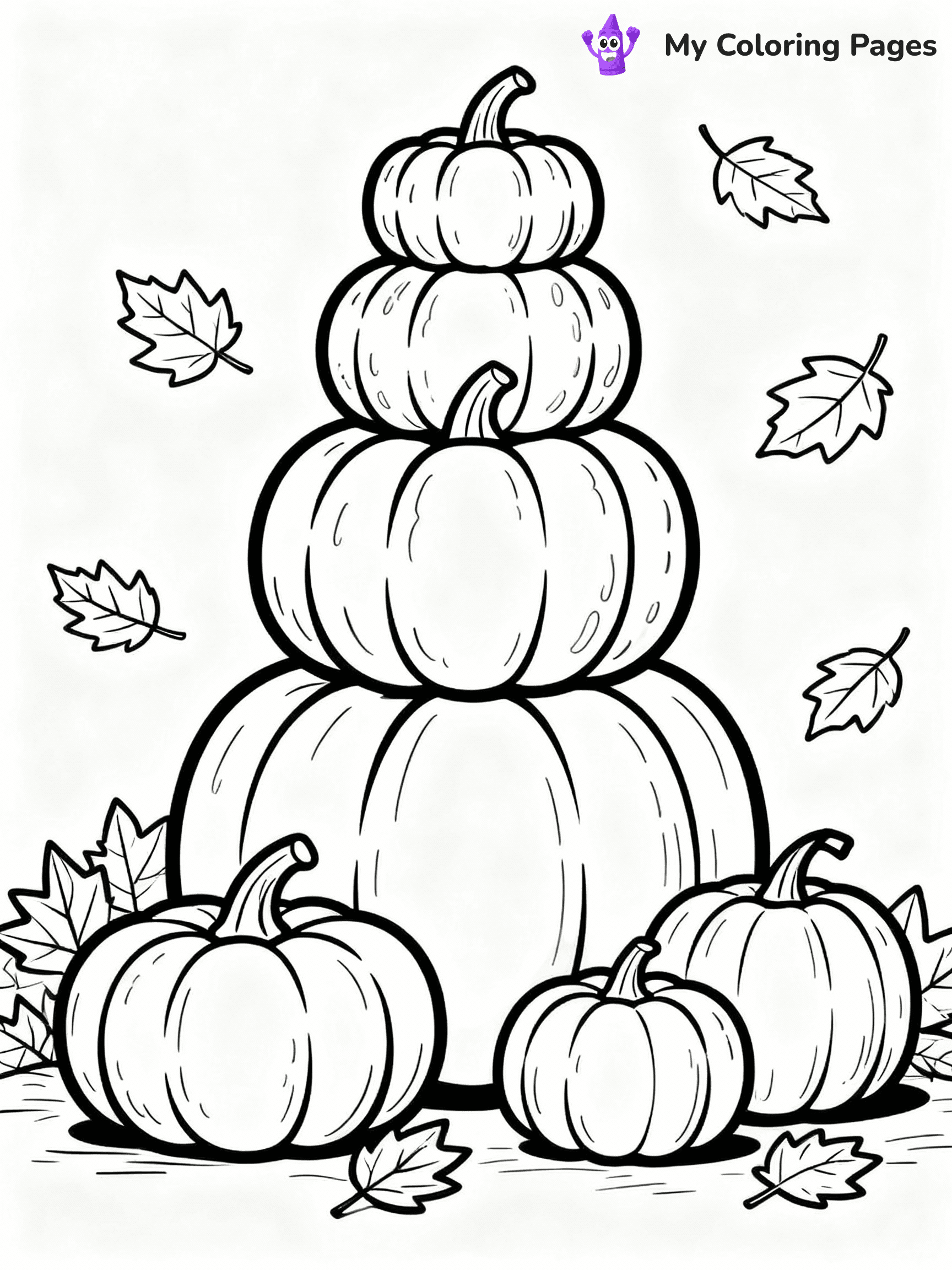 ⚠️ CRITICAL REQUIREMENT - ABSOLUTE BLACK AND WHITE ONLY ⚠️
This MUST be a BLACK AND WHITE line drawing ONLY. NO COLORS whatsoever.
- ONLY pure black lines (#000000) on pure white background (#FFFFFF)
- ABSOLUTELY NO colors, NO shading, NO gradients, NO grayscale
- If there are ANY colors in the output, the image is REJECTED
- This is a COLORING PAGE - meant to be COLORED IN by children
- The output must be UNCOLORED line art ready for coloring
⚠️ SUBJECT TO DRAW: Group of pumpkins stacked, with autumn leaves scattered around, textures detailed. Important: PURE OUTLINES. NO FILLS, COLOR, SHADING, OR GREYSCALE. WHITE BACKGROUND.
(REMEMBER: Output must be BLACK AND WHITE line art only, NOT colored!)
# Flat, Friendly Cartoon Line-Art Coloring Page
You are generating a **pure black-and-white binary image** of a child-friendly cartoon scene combining characters and background scenery in one cohesive composition.
## Rendering Rules (Strict)
- Only two colors: pure black (#000000) outlines and pure white (#FFFFFF) background.
- No grayscale, shading, gradients, tints, fills, transparency, or partial pixels.
- No antialiasing or blended edges; every pixel is 100% black or white.
- No solid black fills inside shapes — all areas inside outlines must remain white.
- No dark clothing areas or filled tone blocks; all garments outlined only.
- No shadows, textures, lighting, or tonal variations.
- Must look like flat binary vector line-art for coloring pages.
## Drawing & Composition
- **Medium, consistent line weight**; clean closed outlines easy to color inside.
- **Flat, simple, child-friendly design** — no realism or 3D depth.
- Characters are **grounded on a surface**, centered and large.
- **Balanced composition** with clear silhouettes and minimal props.
## Scenery & Style
- Landmarks (e.g., mosque, CN Tower) and scenery (trees, benches, waves) drawn with **black outlines only.**
- For real-world figures, teams, or places, show accurate details using only black outlines—no text or logos. Use distinctive uniform patterns, abstract symbols, and landmark silhouettes to convey identity.
- Keep **consistent perspective**; no floating elements.
- **Style:** whimsical **Doodle Art Alley** — rounded, friendly outlines.
- May adapt shapes from **Crayola, Disney, Peppa Pig, Cocomelon** — *by shape only, never color.*
- Final output: **flat, crisp, binary (#000000/#FFFFFF)**, **no filled color or background text.**
EXTREMELYE IMPORTANT:
- PURE BINARY LINE-ART; NO FILLS (HAIR/CLOTHES/SKIN), SHADING, OR GREY.
- NO SHADING, COLOR. MUST BE WHITE BACKGROUND.
⚠️ FINAL REMINDER: Draw the subject "Group of pumpkins stacked, with autumn leaves scattered around, textures detailed. Important: PURE OUTLINES. NO FILLS, COLOR, SHADING, OR GREYSCALE. WHITE BACKGROUND." as BLACK AND WHITE line art. Zero colors in output.