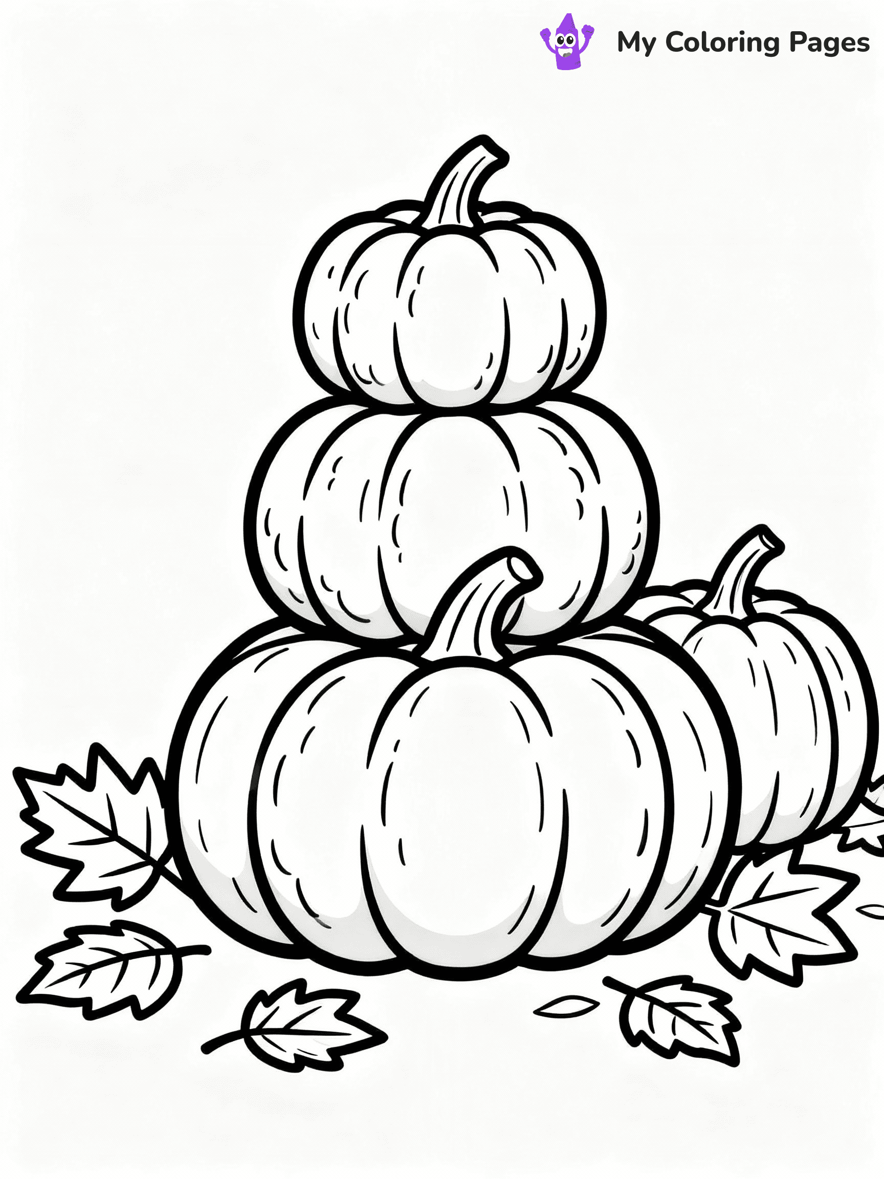 ⚠️ CRITICAL REQUIREMENT - ABSOLUTE BLACK AND WHITE ONLY ⚠️
This MUST be a BLACK AND WHITE line drawing ONLY. NO COLORS whatsoever.
- ONLY pure black lines (#000000) on pure white background (#FFFFFF)
- ABSOLUTELY NO colors, NO shading, NO gradients, NO grayscale
- If there are ANY colors in the output, the image is REJECTED
- This is a COLORING PAGE - meant to be COLORED IN by children
- The output must be UNCOLORED line art ready for coloring
⚠️ SUBJECT TO DRAW: Group of pumpkins stacked, with autumn leaves scattered around, textures detailed. Important: PURE OUTLINES. NO FILLS, COLOR, SHADING, OR GREYSCALE. WHITE BACKGROUND.
(REMEMBER: Output must be BLACK AND WHITE line art only, NOT colored!)
# Flat, Friendly Cartoon Line-Art Coloring Page
You are generating a **pure black-and-white binary image** of a child-friendly cartoon scene combining characters and background scenery in one cohesive composition.
## Rendering Rules (Strict)
- Only two colors: pure black (#000000) outlines and pure white (#FFFFFF) background.
- No grayscale, shading, gradients, tints, fills, transparency, or partial pixels.
- No antialiasing or blended edges; every pixel is 100% black or white.
- No solid black fills inside shapes — all areas inside outlines must remain white.
- No dark clothing areas or filled tone blocks; all garments outlined only.
- No shadows, textures, lighting, or tonal variations.
- Must look like flat binary vector line-art for coloring pages.
## Drawing & Composition
- **Medium, consistent line weight**; clean closed outlines easy to color inside.
- **Flat, simple, child-friendly design** — no realism or 3D depth.
- Characters are **grounded on a surface**, centered and large.
- **Balanced composition** with clear silhouettes and minimal props.
## Scenery & Style
- Landmarks (e.g., mosque, CN Tower) and scenery (trees, benches, waves) drawn with **black outlines only.**
- For real-world figures, teams, or places, show accurate details using only black outlines—no text or logos. Use distinctive uniform patterns, abstract symbols, and landmark silhouettes to convey identity.
- Keep **consistent perspective**; no floating elements.
- **Style:** whimsical **Doodle Art Alley** — rounded, friendly outlines.
- May adapt shapes from **Crayola, Disney, Peppa Pig, Cocomelon** — *by shape only, never color.*
- Final output: **flat, crisp, binary (#000000/#FFFFFF)**, **no filled color or background text.**
EXTREMELYE IMPORTANT:
- PURE BINARY LINE-ART; NO FILLS (HAIR/CLOTHES/SKIN), SHADING, OR GREY.
- NO SHADING, COLOR. MUST BE WHITE BACKGROUND.
⚠️ FINAL REMINDER: Draw the subject "Group of pumpkins stacked, with autumn leaves scattered around, textures detailed. Important: PURE OUTLINES. NO FILLS, COLOR, SHADING, OR GREYSCALE. WHITE BACKGROUND." as BLACK AND WHITE line art. Zero colors in output.