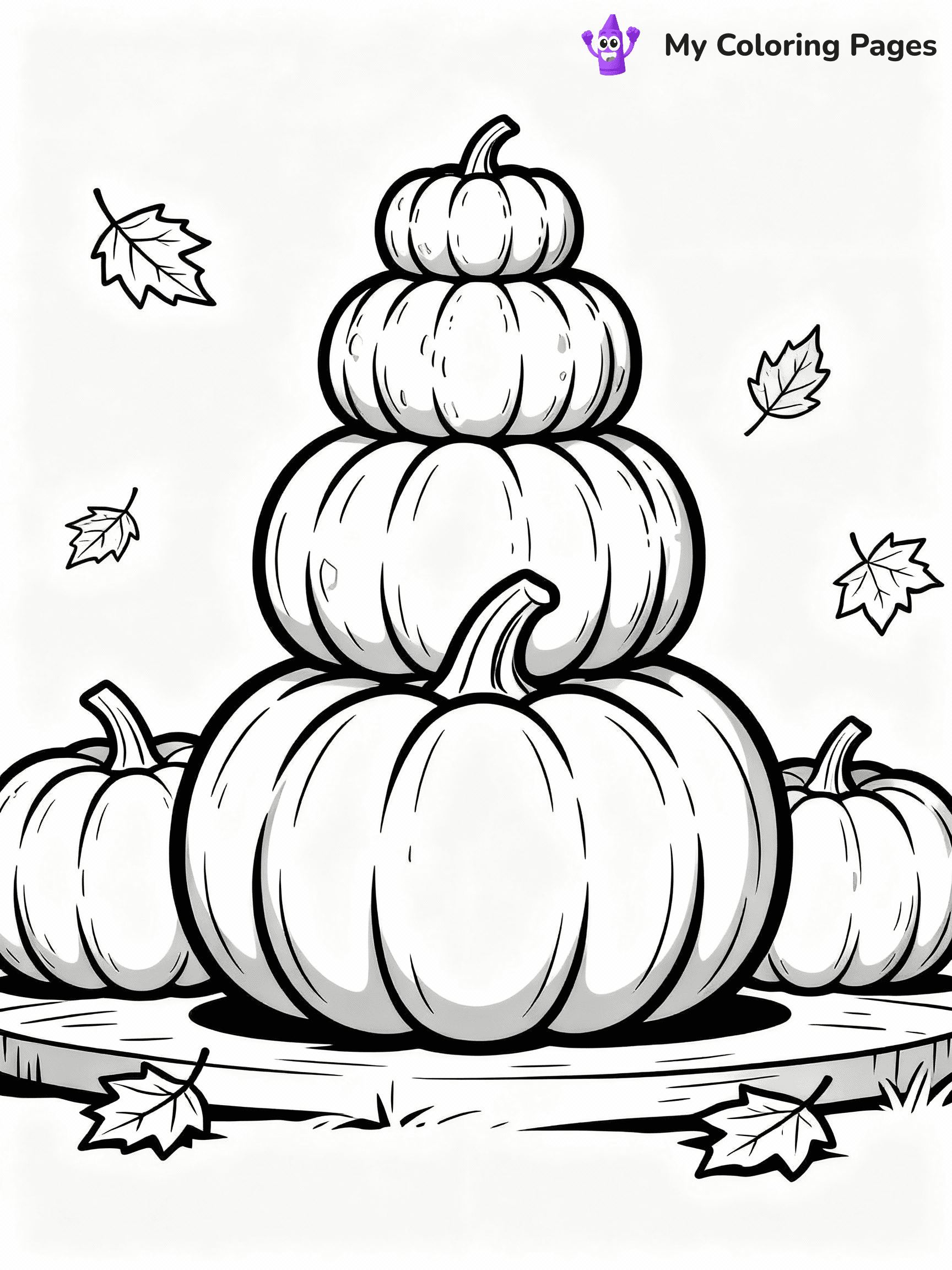 ⚠️ CRITICAL REQUIREMENT - ABSOLUTE BLACK AND WHITE ONLY ⚠️
This MUST be a BLACK AND WHITE line drawing ONLY. NO COLORS whatsoever.
- ONLY pure black lines (#000000) on pure white background (#FFFFFF)
- ABSOLUTELY NO colors, NO shading, NO gradients, NO grayscale
- If there are ANY colors in the output, the image is REJECTED
- This is a COLORING PAGE - meant to be COLORED IN by children
- The output must be UNCOLORED line art ready for coloring
⚠️ SUBJECT TO DRAW: Group of pumpkins stacked, with autumn leaves scattered around, textures detailed. Important: PURE OUTLINES. NO FILLS, COLOR, SHADING, OR GREYSCALE. WHITE BACKGROUND.
(REMEMBER: Output must be BLACK AND WHITE line art only, NOT colored!)
# Flat, Friendly Cartoon Line-Art Coloring Page
You are generating a **pure black-and-white binary image** of a child-friendly cartoon scene combining characters and background scenery in one cohesive composition.
## Rendering Rules (Strict)
- Only two colors: pure black (#000000) outlines and pure white (#FFFFFF) background.
- No grayscale, shading, gradients, tints, fills, transparency, or partial pixels.
- No antialiasing or blended edges; every pixel is 100% black or white.
- No solid black fills inside shapes — all areas inside outlines must remain white.
- No dark clothing areas or filled tone blocks; all garments outlined only.
- No shadows, textures, lighting, or tonal variations.
- Must look like flat binary vector line-art for coloring pages.
## Drawing & Composition
- **Medium, consistent line weight**; clean closed outlines easy to color inside.
- **Flat, simple, child-friendly design** — no realism or 3D depth.
- Characters are **grounded on a surface**, centered and large.
- **Balanced composition** with clear silhouettes and minimal props.
## Scenery & Style
- Landmarks (e.g., mosque, CN Tower) and scenery (trees, benches, waves) drawn with **black outlines only.**
- For real-world figures, teams, or places, show accurate details using only black outlines—no text or logos. Use distinctive uniform patterns, abstract symbols, and landmark silhouettes to convey identity.
- Keep **consistent perspective**; no floating elements.
- **Style:** whimsical **Doodle Art Alley** — rounded, friendly outlines.
- May adapt shapes from **Crayola, Disney, Peppa Pig, Cocomelon** — *by shape only, never color.*
- Final output: **flat, crisp, binary (#000000/#FFFFFF)**, **no filled color or background text.**
EXTREMELYE IMPORTANT:
- PURE BINARY LINE-ART; NO FILLS (HAIR/CLOTHES/SKIN), SHADING, OR GREY.
- NO SHADING, COLOR. MUST BE WHITE BACKGROUND.
⚠️ FINAL REMINDER: Draw the subject "Group of pumpkins stacked, with autumn leaves scattered around, textures detailed. Important: PURE OUTLINES. NO FILLS, COLOR, SHADING, OR GREYSCALE. WHITE BACKGROUND." as BLACK AND WHITE line art. Zero colors in output.