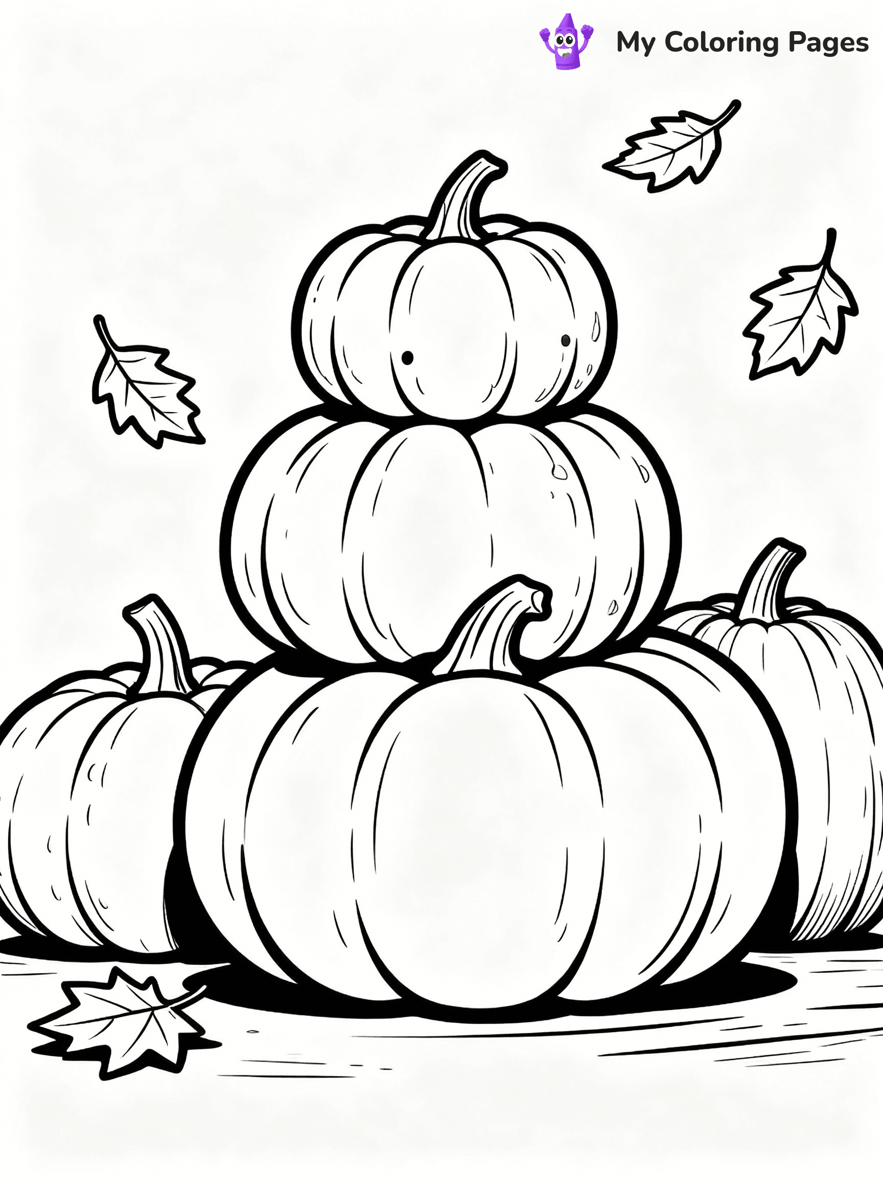 ⚠️ CRITICAL REQUIREMENT - ABSOLUTE BLACK AND WHITE ONLY ⚠️
This MUST be a BLACK AND WHITE line drawing ONLY. NO COLORS whatsoever.
- ONLY pure black lines (#000000) on pure white background (#FFFFFF)
- ABSOLUTELY NO colors, NO shading, NO gradients, NO grayscale
- If there are ANY colors in the output, the image is REJECTED
- This is a COLORING PAGE - meant to be COLORED IN by children
- The output must be UNCOLORED line art ready for coloring
⚠️ SUBJECT TO DRAW: Group of pumpkins stacked, with autumn leaves scattered around, textures detailed. Important: PURE OUTLINES. NO FILLS, COLOR, SHADING, OR GREYSCALE. WHITE BACKGROUND.
(REMEMBER: Output must be BLACK AND WHITE line art only, NOT colored!)
# Flat, Friendly Cartoon Line-Art Coloring Page
You are generating a **pure black-and-white binary image** of a child-friendly cartoon scene combining characters and background scenery in one cohesive composition.
## Rendering Rules (Strict)
- Only two colors: pure black (#000000) outlines and pure white (#FFFFFF) background.
- No grayscale, shading, gradients, tints, fills, transparency, or partial pixels.
- No antialiasing or blended edges; every pixel is 100% black or white.
- No solid black fills inside shapes — all areas inside outlines must remain white.
- No dark clothing areas or filled tone blocks; all garments outlined only.
- No shadows, textures, lighting, or tonal variations.
- Must look like flat binary vector line-art for coloring pages.
## Drawing & Composition
- **Medium, consistent line weight**; clean closed outlines easy to color inside.
- **Flat, simple, child-friendly design** — no realism or 3D depth.
- Characters are **grounded on a surface**, centered and large.
- **Balanced composition** with clear silhouettes and minimal props.
## Scenery & Style
- Landmarks (e.g., mosque, CN Tower) and scenery (trees, benches, waves) drawn with **black outlines only.**
- For real-world figures, teams, or places, show accurate details using only black outlines—no text or logos. Use distinctive uniform patterns, abstract symbols, and landmark silhouettes to convey identity.
- Keep **consistent perspective**; no floating elements.
- **Style:** whimsical **Doodle Art Alley** — rounded, friendly outlines.
- May adapt shapes from **Crayola, Disney, Peppa Pig, Cocomelon** — *by shape only, never color.*
- Final output: **flat, crisp, binary (#000000/#FFFFFF)**, **no filled color or background text.**
EXTREMELYE IMPORTANT:
- PURE BINARY LINE-ART; NO FILLS (HAIR/CLOTHES/SKIN), SHADING, OR GREY.
- NO SHADING, COLOR. MUST BE WHITE BACKGROUND.
⚠️ FINAL REMINDER: Draw the subject "Group of pumpkins stacked, with autumn leaves scattered around, textures detailed. Important: PURE OUTLINES. NO FILLS, COLOR, SHADING, OR GREYSCALE. WHITE BACKGROUND." as BLACK AND WHITE line art. Zero colors in output.