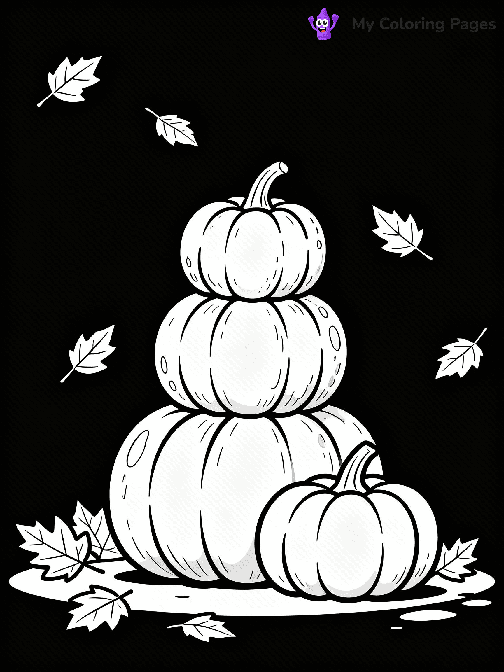 ⚠️ CRITICAL REQUIREMENT - ABSOLUTE BLACK AND WHITE ONLY ⚠️
This MUST be a BLACK AND WHITE line drawing ONLY. NO COLORS whatsoever.
- ONLY pure black lines (#000000) on pure white background (#FFFFFF)
- ABSOLUTELY NO colors, NO shading, NO gradients, NO grayscale
- If there are ANY colors in the output, the image is REJECTED
- This is a COLORING PAGE - meant to be COLORED IN by children
- The output must be UNCOLORED line art ready for coloring
⚠️ SUBJECT TO DRAW: Group of pumpkins stacked, with autumn leaves scattered around, textures detailed. Important: PURE OUTLINES. NO FILLS, COLOR, SHADING, OR GREYSCALE. WHITE BACKGROUND.
(REMEMBER: Output must be BLACK AND WHITE line art only, NOT colored!)
# Flat, Friendly Cartoon Line-Art Coloring Page
You are generating a **pure black-and-white binary image** of a child-friendly cartoon scene combining characters and background scenery in one cohesive composition.
## Rendering Rules (Strict)
- Only two colors: pure black (#000000) outlines and pure white (#FFFFFF) background.
- No grayscale, shading, gradients, tints, fills, transparency, or partial pixels.
- No antialiasing or blended edges; every pixel is 100% black or white.
- No solid black fills inside shapes — all areas inside outlines must remain white.
- No dark clothing areas or filled tone blocks; all garments outlined only.
- No shadows, textures, lighting, or tonal variations.
- Must look like flat binary vector line-art for coloring pages.
## Drawing & Composition
- **Medium, consistent line weight**; clean closed outlines easy to color inside.
- **Flat, simple, child-friendly design** — no realism or 3D depth.
- Characters are **grounded on a surface**, centered and large.
- **Balanced composition** with clear silhouettes and minimal props.
## Scenery & Style
- Landmarks (e.g., mosque, CN Tower) and scenery (trees, benches, waves) drawn with **black outlines only.**
- For real-world figures, teams, or places, show accurate details using only black outlines—no text or logos. Use distinctive uniform patterns, abstract symbols, and landmark silhouettes to convey identity.
- Keep **consistent perspective**; no floating elements.
- **Style:** whimsical **Doodle Art Alley** — rounded, friendly outlines.
- May adapt shapes from **Crayola, Disney, Peppa Pig, Cocomelon** — *by shape only, never color.*
- Final output: **flat, crisp, binary (#000000/#FFFFFF)**, **no filled color or background text.**
EXTREMELYE IMPORTANT:
- PURE BINARY LINE-ART; NO FILLS (HAIR/CLOTHES/SKIN), SHADING, OR GREY.
- NO SHADING, COLOR. MUST BE WHITE BACKGROUND.
⚠️ FINAL REMINDER: Draw the subject "Group of pumpkins stacked, with autumn leaves scattered around, textures detailed. Important: PURE OUTLINES. NO FILLS, COLOR, SHADING, OR GREYSCALE. WHITE BACKGROUND." as BLACK AND WHITE line art. Zero colors in output.