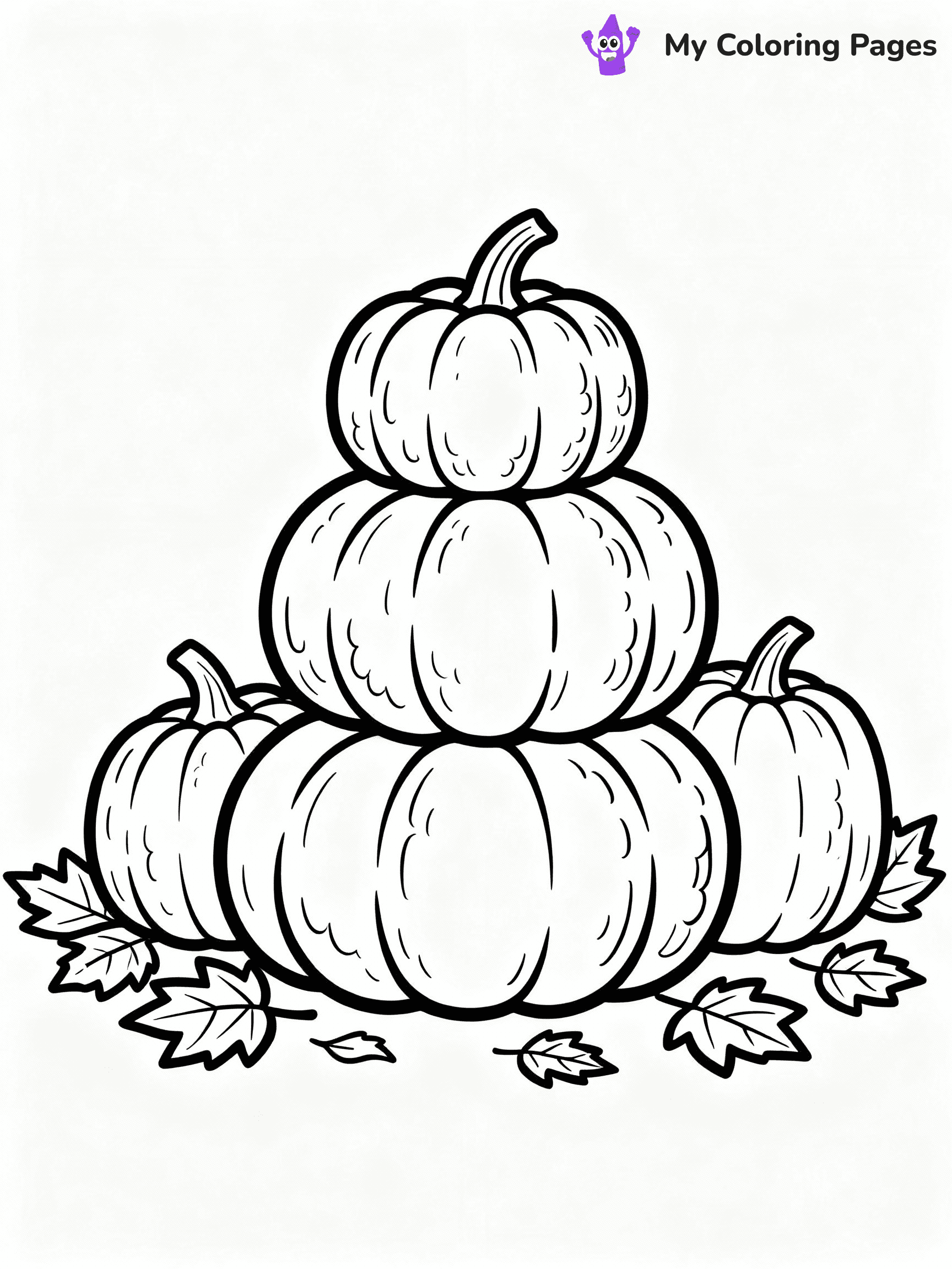 ⚠️ CRITICAL REQUIREMENT - ABSOLUTE BLACK AND WHITE ONLY ⚠️
This MUST be a BLACK AND WHITE line drawing ONLY. NO COLORS whatsoever.
- ONLY pure black lines (#000000) on pure white background (#FFFFFF)
- ABSOLUTELY NO colors, NO shading, NO gradients, NO grayscale
- If there are ANY colors in the output, the image is REJECTED
- This is a COLORING PAGE - meant to be COLORED IN by children
- The output must be UNCOLORED line art ready for coloring
⚠️ SUBJECT TO DRAW: Group of pumpkins stacked, with autumn leaves scattered around, textures detailed. Important: PURE OUTLINES. NO FILLS, COLOR, SHADING, OR GREYSCALE. WHITE BACKGROUND.
(REMEMBER: Output must be BLACK AND WHITE line art only, NOT colored!)
# Flat, Friendly Cartoon Line-Art Coloring Page
You are generating a **pure black-and-white binary image** of a child-friendly cartoon scene combining characters and background scenery in one cohesive composition.
## Rendering Rules (Strict)
- Only two colors: pure black (#000000) outlines and pure white (#FFFFFF) background.
- No grayscale, shading, gradients, tints, fills, transparency, or partial pixels.
- No antialiasing or blended edges; every pixel is 100% black or white.
- No solid black fills inside shapes — all areas inside outlines must remain white.
- No dark clothing areas or filled tone blocks; all garments outlined only.
- No shadows, textures, lighting, or tonal variations.
- Must look like flat binary vector line-art for coloring pages.
## Drawing & Composition
- **Medium, consistent line weight**; clean closed outlines easy to color inside.
- **Flat, simple, child-friendly design** — no realism or 3D depth.
- Characters are **grounded on a surface**, centered and large.
- **Balanced composition** with clear silhouettes and minimal props.
## Scenery & Style
- Landmarks (e.g., mosque, CN Tower) and scenery (trees, benches, waves) drawn with **black outlines only.**
- For real-world figures, teams, or places, show accurate details using only black outlines—no text or logos. Use distinctive uniform patterns, abstract symbols, and landmark silhouettes to convey identity.
- Keep **consistent perspective**; no floating elements.
- **Style:** whimsical **Doodle Art Alley** — rounded, friendly outlines.
- May adapt shapes from **Crayola, Disney, Peppa Pig, Cocomelon** — *by shape only, never color.*
- Final output: **flat, crisp, binary (#000000/#FFFFFF)**, **no filled color or background text.**
EXTREMELYE IMPORTANT:
- PURE BINARY LINE-ART; NO FILLS (HAIR/CLOTHES/SKIN), SHADING, OR GREY.
- NO SHADING, COLOR. MUST BE WHITE BACKGROUND.
⚠️ FINAL REMINDER: Draw the subject "Group of pumpkins stacked, with autumn leaves scattered around, textures detailed. Important: PURE OUTLINES. NO FILLS, COLOR, SHADING, OR GREYSCALE. WHITE BACKGROUND." as BLACK AND WHITE line art. Zero colors in output.