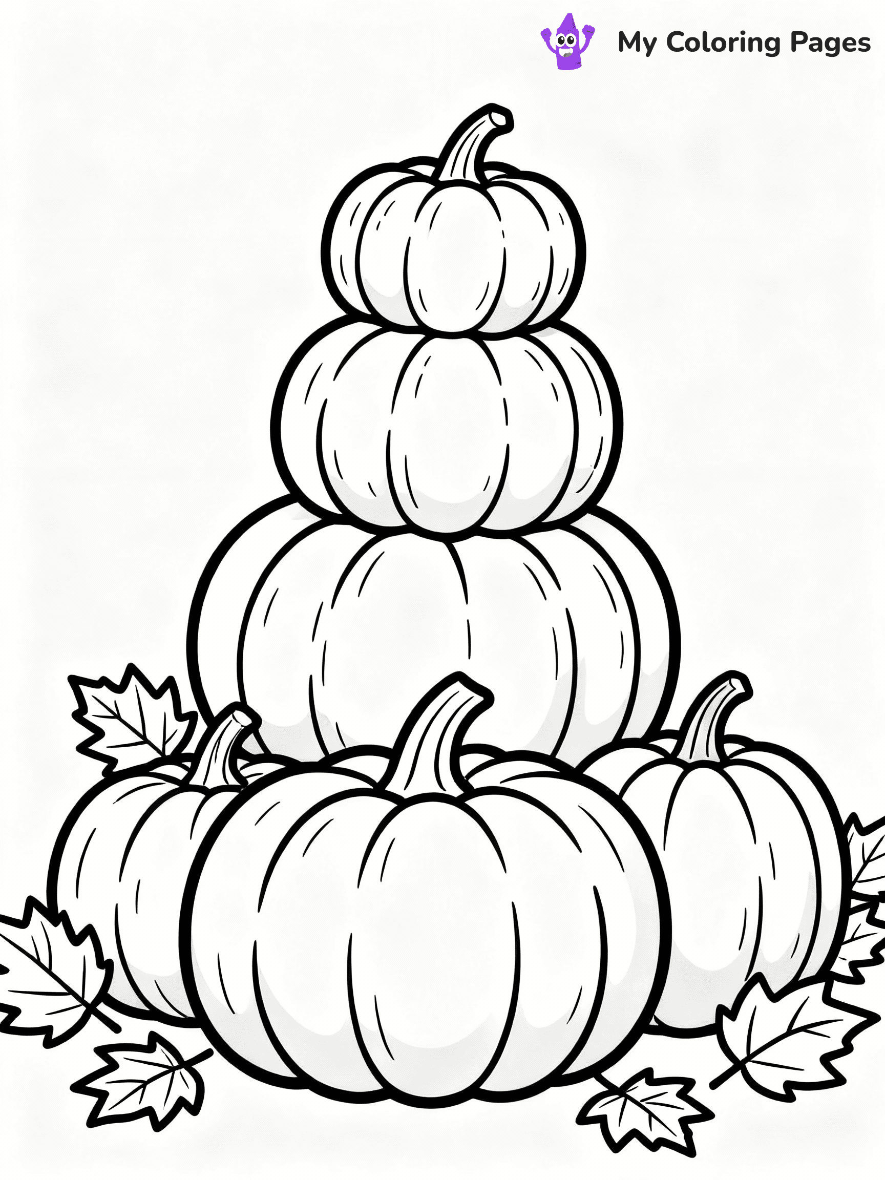 ⚠️ CRITICAL REQUIREMENT - ABSOLUTE BLACK AND WHITE ONLY ⚠️
This MUST be a BLACK AND WHITE line drawing ONLY. NO COLORS whatsoever.
- ONLY pure black lines (#000000) on pure white background (#FFFFFF)
- ABSOLUTELY NO colors, NO shading, NO gradients, NO grayscale
- If there are ANY colors in the output, the image is REJECTED
- This is a COLORING PAGE - meant to be COLORED IN by children
- The output must be UNCOLORED line art ready for coloring
⚠️ SUBJECT TO DRAW: Group of pumpkins stacked, with autumn leaves scattered around, textures detailed. Important: PURE OUTLINES. NO FILLS, COLOR, SHADING, OR GREYSCALE. WHITE BACKGROUND.
(REMEMBER: Output must be BLACK AND WHITE line art only, NOT colored!)
# Flat, Friendly Cartoon Line-Art Coloring Page
You are generating a **pure black-and-white binary image** of a child-friendly cartoon scene combining characters and background scenery in one cohesive composition.
## Rendering Rules (Strict)
- Only two colors: pure black (#000000) outlines and pure white (#FFFFFF) background.
- No grayscale, shading, gradients, tints, fills, transparency, or partial pixels.
- No antialiasing or blended edges; every pixel is 100% black or white.
- No solid black fills inside shapes — all areas inside outlines must remain white.
- No dark clothing areas or filled tone blocks; all garments outlined only.
- No shadows, textures, lighting, or tonal variations.
- Must look like flat binary vector line-art for coloring pages.
## Drawing & Composition
- **Medium, consistent line weight**; clean closed outlines easy to color inside.
- **Flat, simple, child-friendly design** — no realism or 3D depth.
- Characters are **grounded on a surface**, centered and large.
- **Balanced composition** with clear silhouettes and minimal props.
## Scenery & Style
- Landmarks (e.g., mosque, CN Tower) and scenery (trees, benches, waves) drawn with **black outlines only.**
- For real-world figures, teams, or places, show accurate details using only black outlines—no text or logos. Use distinctive uniform patterns, abstract symbols, and landmark silhouettes to convey identity.
- Keep **consistent perspective**; no floating elements.
- **Style:** whimsical **Doodle Art Alley** — rounded, friendly outlines.
- May adapt shapes from **Crayola, Disney, Peppa Pig, Cocomelon** — *by shape only, never color.*
- Final output: **flat, crisp, binary (#000000/#FFFFFF)**, **no filled color or background text.**
EXTREMELYE IMPORTANT:
- PURE BINARY LINE-ART; NO FILLS (HAIR/CLOTHES/SKIN), SHADING, OR GREY.
- NO SHADING, COLOR. MUST BE WHITE BACKGROUND.
⚠️ FINAL REMINDER: Draw the subject "Group of pumpkins stacked, with autumn leaves scattered around, textures detailed. Important: PURE OUTLINES. NO FILLS, COLOR, SHADING, OR GREYSCALE. WHITE BACKGROUND." as BLACK AND WHITE line art. Zero colors in output.