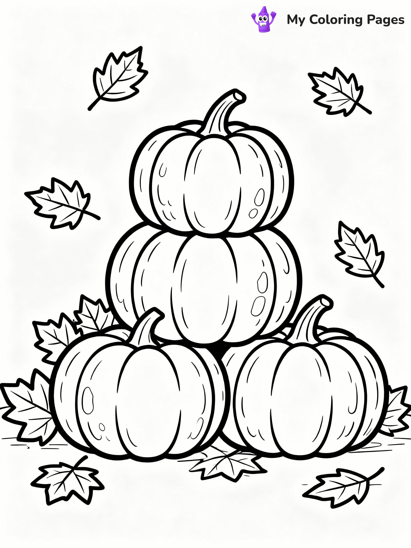 ⚠️ CRITICAL REQUIREMENT - ABSOLUTE BLACK AND WHITE ONLY ⚠️
This MUST be a BLACK AND WHITE line drawing ONLY. NO COLORS whatsoever.
- ONLY pure black lines (#000000) on pure white background (#FFFFFF)
- ABSOLUTELY NO colors, NO shading, NO gradients, NO grayscale
- If there are ANY colors in the output, the image is REJECTED
- This is a COLORING PAGE - meant to be COLORED IN by children
- The output must be UNCOLORED line art ready for coloring
⚠️ SUBJECT TO DRAW: Group of pumpkins stacked, with autumn leaves scattered around, textures detailed. Important: PURE OUTLINES. NO FILLS, COLOR, SHADING, OR GREYSCALE. WHITE BACKGROUND.
(REMEMBER: Output must be BLACK AND WHITE line art only, NOT colored!)
# Flat, Friendly Cartoon Line-Art Coloring Page
You are generating a **pure black-and-white binary image** of a child-friendly cartoon scene combining characters and background scenery in one cohesive composition.
## Rendering Rules (Strict)
- Only two colors: pure black (#000000) outlines and pure white (#FFFFFF) background.
- No grayscale, shading, gradients, tints, fills, transparency, or partial pixels.
- No antialiasing or blended edges; every pixel is 100% black or white.
- No solid black fills inside shapes — all areas inside outlines must remain white.
- No dark clothing areas or filled tone blocks; all garments outlined only.
- No shadows, textures, lighting, or tonal variations.
- Must look like flat binary vector line-art for coloring pages.
## Drawing & Composition
- **Medium, consistent line weight**; clean closed outlines easy to color inside.
- **Flat, simple, child-friendly design** — no realism or 3D depth.
- Characters are **grounded on a surface**, centered and large.
- **Balanced composition** with clear silhouettes and minimal props.
## Scenery & Style
- Landmarks (e.g., mosque, CN Tower) and scenery (trees, benches, waves) drawn with **black outlines only.**
- For real-world figures, teams, or places, show accurate details using only black outlines—no text or logos. Use distinctive uniform patterns, abstract symbols, and landmark silhouettes to convey identity.
- Keep **consistent perspective**; no floating elements.
- **Style:** whimsical **Doodle Art Alley** — rounded, friendly outlines.
- May adapt shapes from **Crayola, Disney, Peppa Pig, Cocomelon** — *by shape only, never color.*
- Final output: **flat, crisp, binary (#000000/#FFFFFF)**, **no filled color or background text.**
EXTREMELYE IMPORTANT:
- PURE BINARY LINE-ART; NO FILLS (HAIR/CLOTHES/SKIN), SHADING, OR GREY.
- NO SHADING, COLOR. MUST BE WHITE BACKGROUND.
⚠️ FINAL REMINDER: Draw the subject "Group of pumpkins stacked, with autumn leaves scattered around, textures detailed. Important: PURE OUTLINES. NO FILLS, COLOR, SHADING, OR GREYSCALE. WHITE BACKGROUND." as BLACK AND WHITE line art. Zero colors in output.