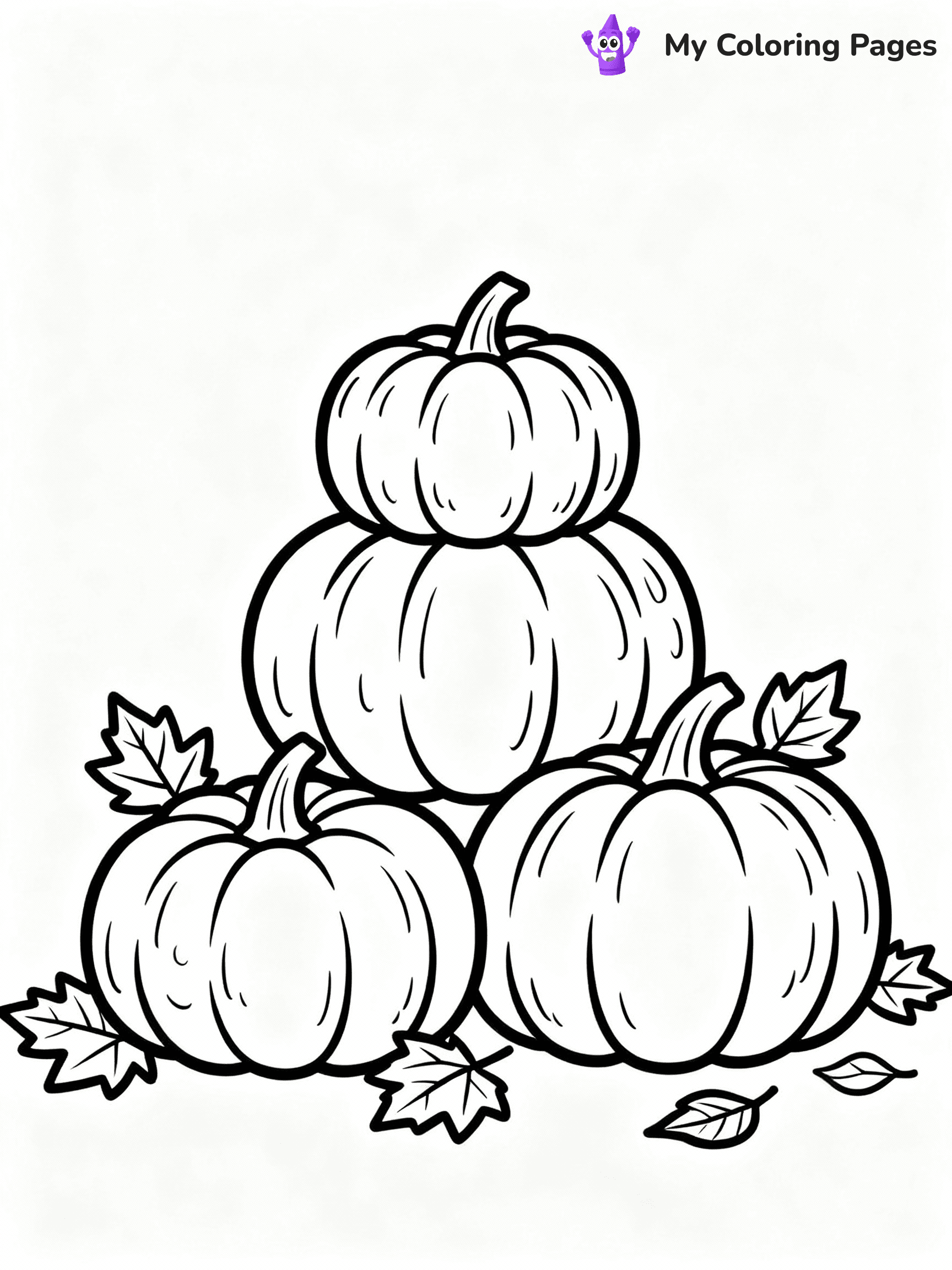 ⚠️ CRITICAL REQUIREMENT - ABSOLUTE BLACK AND WHITE ONLY ⚠️
This MUST be a BLACK AND WHITE line drawing ONLY. NO COLORS whatsoever.
- ONLY pure black lines (#000000) on pure white background (#FFFFFF)
- ABSOLUTELY NO colors, NO shading, NO gradients, NO grayscale
- If there are ANY colors in the output, the image is REJECTED
- This is a COLORING PAGE - meant to be COLORED IN by children
- The output must be UNCOLORED line art ready for coloring
⚠️ SUBJECT TO DRAW: Group of pumpkins stacked, with autumn leaves scattered around, textures detailed. Important: PURE OUTLINES. NO FILLS, COLOR, SHADING, OR GREYSCALE. WHITE BACKGROUND.
(REMEMBER: Output must be BLACK AND WHITE line art only, NOT colored!)
# Flat, Friendly Cartoon Line-Art Coloring Page
You are generating a **pure black-and-white binary image** of a child-friendly cartoon scene combining characters and background scenery in one cohesive composition.
## Rendering Rules (Strict)
- Only two colors: pure black (#000000) outlines and pure white (#FFFFFF) background.
- No grayscale, shading, gradients, tints, fills, transparency, or partial pixels.
- No antialiasing or blended edges; every pixel is 100% black or white.
- No solid black fills inside shapes — all areas inside outlines must remain white.
- No dark clothing areas or filled tone blocks; all garments outlined only.
- No shadows, textures, lighting, or tonal variations.
- Must look like flat binary vector line-art for coloring pages.
## Drawing & Composition
- **Medium, consistent line weight**; clean closed outlines easy to color inside.
- **Flat, simple, child-friendly design** — no realism or 3D depth.
- Characters are **grounded on a surface**, centered and large.
- **Balanced composition** with clear silhouettes and minimal props.
## Scenery & Style
- Landmarks (e.g., mosque, CN Tower) and scenery (trees, benches, waves) drawn with **black outlines only.**
- For real-world figures, teams, or places, show accurate details using only black outlines—no text or logos. Use distinctive uniform patterns, abstract symbols, and landmark silhouettes to convey identity.
- Keep **consistent perspective**; no floating elements.
- **Style:** whimsical **Doodle Art Alley** — rounded, friendly outlines.
- May adapt shapes from **Crayola, Disney, Peppa Pig, Cocomelon** — *by shape only, never color.*
- Final output: **flat, crisp, binary (#000000/#FFFFFF)**, **no filled color or background text.**
EXTREMELYE IMPORTANT:
- PURE BINARY LINE-ART; NO FILLS (HAIR/CLOTHES/SKIN), SHADING, OR GREY.
- NO SHADING, COLOR. MUST BE WHITE BACKGROUND.
⚠️ FINAL REMINDER: Draw the subject "Group of pumpkins stacked, with autumn leaves scattered around, textures detailed. Important: PURE OUTLINES. NO FILLS, COLOR, SHADING, OR GREYSCALE. WHITE BACKGROUND." as BLACK AND WHITE line art. Zero colors in output.