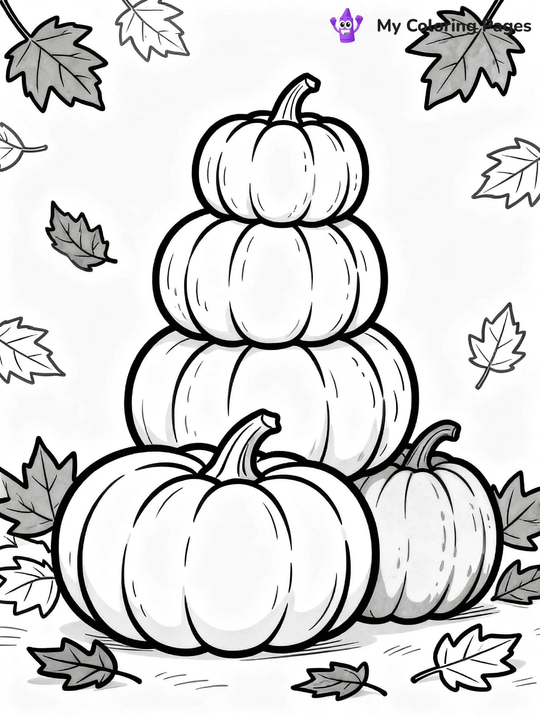 ⚠️ CRITICAL REQUIREMENT - ABSOLUTE BLACK AND WHITE ONLY ⚠️
This MUST be a BLACK AND WHITE line drawing ONLY. NO COLORS whatsoever.
- ONLY pure black lines (#000000) on pure white background (#FFFFFF)
- ABSOLUTELY NO colors, NO shading, NO gradients, NO grayscale
- If there are ANY colors in the output, the image is REJECTED
- This is a COLORING PAGE - meant to be COLORED IN by children
- The output must be UNCOLORED line art ready for coloring
⚠️ SUBJECT TO DRAW: Group of pumpkins stacked, with autumn leaves scattered around, textures detailed. Important: PURE OUTLINES. NO FILLS, COLOR, SHADING, OR GREYSCALE. WHITE BACKGROUND.
(REMEMBER: Output must be BLACK AND WHITE line art only, NOT colored!)
# Flat, Friendly Cartoon Line-Art Coloring Page
You are generating a **pure black-and-white binary image** of a child-friendly cartoon scene combining characters and background scenery in one cohesive composition.
## Rendering Rules (Strict)
- Only two colors: pure black (#000000) outlines and pure white (#FFFFFF) background.
- No grayscale, shading, gradients, tints, fills, transparency, or partial pixels.
- No antialiasing or blended edges; every pixel is 100% black or white.
- No solid black fills inside shapes — all areas inside outlines must remain white.
- No dark clothing areas or filled tone blocks; all garments outlined only.
- No shadows, textures, lighting, or tonal variations.
- Must look like flat binary vector line-art for coloring pages.
## Drawing & Composition
- **Medium, consistent line weight**; clean closed outlines easy to color inside.
- **Flat, simple, child-friendly design** — no realism or 3D depth.
- Characters are **grounded on a surface**, centered and large.
- **Balanced composition** with clear silhouettes and minimal props.
## Scenery & Style
- Landmarks (e.g., mosque, CN Tower) and scenery (trees, benches, waves) drawn with **black outlines only.**
- For real-world figures, teams, or places, show accurate details using only black outlines—no text or logos. Use distinctive uniform patterns, abstract symbols, and landmark silhouettes to convey identity.
- Keep **consistent perspective**; no floating elements.
- **Style:** whimsical **Doodle Art Alley** — rounded, friendly outlines.
- May adapt shapes from **Crayola, Disney, Peppa Pig, Cocomelon** — *by shape only, never color.*
- Final output: **flat, crisp, binary (#000000/#FFFFFF)**, **no filled color or background text.**
EXTREMELYE IMPORTANT:
- PURE BINARY LINE-ART; NO FILLS (HAIR/CLOTHES/SKIN), SHADING, OR GREY.
- NO SHADING, COLOR. MUST BE WHITE BACKGROUND.
⚠️ FINAL REMINDER: Draw the subject "Group of pumpkins stacked, with autumn leaves scattered around, textures detailed. Important: PURE OUTLINES. NO FILLS, COLOR, SHADING, OR GREYSCALE. WHITE BACKGROUND." as BLACK AND WHITE line art. Zero colors in output.