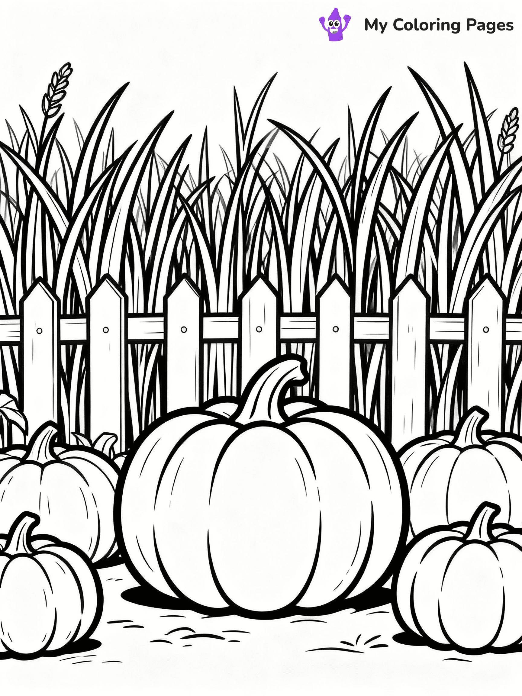 ⚠️ CRITICAL REQUIREMENT - ABSOLUTE BLACK AND WHITE ONLY ⚠️
This MUST be a BLACK AND WHITE line drawing ONLY. NO COLORS whatsoever.
- ONLY pure black lines (#000000) on pure white background (#FFFFFF)
- ABSOLUTELY NO colors, NO shading, NO gradients, NO grayscale
- If there are ANY colors in the output, the image is REJECTED
- This is a COLORING PAGE - meant to be COLORED IN by children
- The output must be UNCOLORED line art ready for coloring
⚠️ SUBJECT TO DRAW: Pumpkin patch scene with tall grass and picket fence in background. Important: PURE OUTLINES. NO FILLS, COLOR, SHADING, OR GREYSCALE. WHITE BACKGROUND.
(REMEMBER: Output must be BLACK AND WHITE line art only, NOT colored!)
# Flat, Friendly Cartoon Line-Art Coloring Page
You are generating a **pure black-and-white binary image** of a child-friendly cartoon scene combining characters and background scenery in one cohesive composition.
## Rendering Rules (Strict)
- Only two colors: pure black (#000000) outlines and pure white (#FFFFFF) background.
- No grayscale, shading, gradients, tints, fills, transparency, or partial pixels.
- No antialiasing or blended edges; every pixel is 100% black or white.
- No solid black fills inside shapes — all areas inside outlines must remain white.
- No dark clothing areas or filled tone blocks; all garments outlined only.
- No shadows, textures, lighting, or tonal variations.
- Must look like flat binary vector line-art for coloring pages.
## Drawing & Composition
- **Medium, consistent line weight**; clean closed outlines easy to color inside.
- **Flat, simple, child-friendly design** — no realism or 3D depth.
- Characters are **grounded on a surface**, centered and large.
- **Balanced composition** with clear silhouettes and minimal props.
## Scenery & Style
- Landmarks (e.g., mosque, CN Tower) and scenery (trees, benches, waves) drawn with **black outlines only.**
- For real-world figures, teams, or places, show accurate details using only black outlines—no text or logos. Use distinctive uniform patterns, abstract symbols, and landmark silhouettes to convey identity.
- Keep **consistent perspective**; no floating elements.
- **Style:** whimsical **Doodle Art Alley** — rounded, friendly outlines.
- May adapt shapes from **Crayola, Disney, Peppa Pig, Cocomelon** — *by shape only, never color.*
- Final output: **flat, crisp, binary (#000000/#FFFFFF)**, **no filled color or background text.**
EXTREMELYE IMPORTANT:
- PURE BINARY LINE-ART; NO FILLS (HAIR/CLOTHES/SKIN), SHADING, OR GREY.
- NO SHADING, COLOR. MUST BE WHITE BACKGROUND.
⚠️ FINAL REMINDER: Draw the subject "Pumpkin patch scene with tall grass and picket fence in background. Important: PURE OUTLINES. NO FILLS, COLOR, SHADING, OR GREYSCALE. WHITE BACKGROUND." as BLACK AND WHITE line art. Zero colors in output.