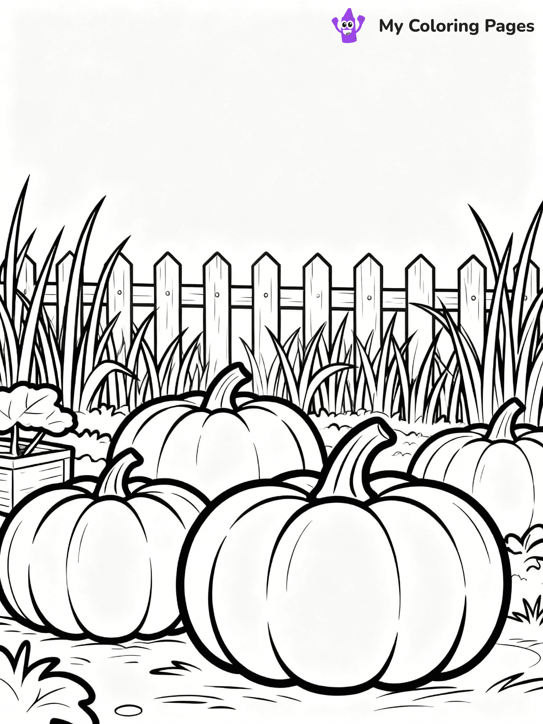 ⚠️ CRITICAL REQUIREMENT - ABSOLUTE BLACK AND WHITE ONLY ⚠️
This MUST be a BLACK AND WHITE line drawing ONLY. NO COLORS whatsoever.
- ONLY pure black lines (#000000) on pure white background (#FFFFFF)
- ABSOLUTELY NO colors, NO shading, NO gradients, NO grayscale
- If there are ANY colors in the output, the image is REJECTED
- This is a COLORING PAGE - meant to be COLORED IN by children
- The output must be UNCOLORED line art ready for coloring
⚠️ SUBJECT TO DRAW: Pumpkin patch scene with tall grass and picket fence in background. Important: PURE OUTLINES. NO FILLS, COLOR, SHADING, OR GREYSCALE. WHITE BACKGROUND.
(REMEMBER: Output must be BLACK AND WHITE line art only, NOT colored!)
# Flat, Friendly Cartoon Line-Art Coloring Page
You are generating a **pure black-and-white binary image** of a child-friendly cartoon scene combining characters and background scenery in one cohesive composition.
## Rendering Rules (Strict)
- Only two colors: pure black (#000000) outlines and pure white (#FFFFFF) background.
- No grayscale, shading, gradients, tints, fills, transparency, or partial pixels.
- No antialiasing or blended edges; every pixel is 100% black or white.
- No solid black fills inside shapes — all areas inside outlines must remain white.
- No dark clothing areas or filled tone blocks; all garments outlined only.
- No shadows, textures, lighting, or tonal variations.
- Must look like flat binary vector line-art for coloring pages.
## Drawing & Composition
- **Medium, consistent line weight**; clean closed outlines easy to color inside.
- **Flat, simple, child-friendly design** — no realism or 3D depth.
- Characters are **grounded on a surface**, centered and large.
- **Balanced composition** with clear silhouettes and minimal props.
## Scenery & Style
- Landmarks (e.g., mosque, CN Tower) and scenery (trees, benches, waves) drawn with **black outlines only.**
- For real-world figures, teams, or places, show accurate details using only black outlines—no text or logos. Use distinctive uniform patterns, abstract symbols, and landmark silhouettes to convey identity.
- Keep **consistent perspective**; no floating elements.
- **Style:** whimsical **Doodle Art Alley** — rounded, friendly outlines.
- May adapt shapes from **Crayola, Disney, Peppa Pig, Cocomelon** — *by shape only, never color.*
- Final output: **flat, crisp, binary (#000000/#FFFFFF)**, **no filled color or background text.**
EXTREMELYE IMPORTANT:
- PURE BINARY LINE-ART; NO FILLS (HAIR/CLOTHES/SKIN), SHADING, OR GREY.
- NO SHADING, COLOR. MUST BE WHITE BACKGROUND.
⚠️ FINAL REMINDER: Draw the subject "Pumpkin patch scene with tall grass and picket fence in background. Important: PURE OUTLINES. NO FILLS, COLOR, SHADING, OR GREYSCALE. WHITE BACKGROUND." as BLACK AND WHITE line art. Zero colors in output.